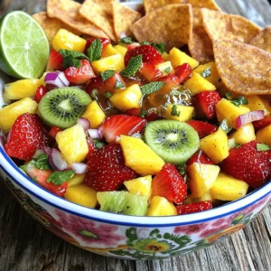 - 1 cup strawberries, hulled and diced - 1 cup fresh pineapple, diced - 1 medium kiwi, peeled and diced - 1 ripe mango, diced - 1 small red onion, finely chopped - 1 jalapeño, seeded and minced (optional) - 2 tablespoons fresh lime juice - 1 tablespoon honey or agave syrup - 1/4 cup fresh mint leaves, chopped - 4 flour tortillas - 2 tablespoons melted butter - 3 tablespoons granulated sugar - 1 teaspoon ground cinnamon To make this fruit salsa with cinnamon sugar chips, you start with fresh, ripe fruit. I love using strawberries, pineapple, kiwi, and mango. They add color and flavor. The red onion gives a nice crunch, while the jalapeño adds a kick, but you can skip it if you want less heat. For the dressing, lime juice brightens the flavors. Honey or agave syrup adds sweetness. Mint leaves bring a refreshing note. Mix these into your fruit bowl for a zesty twist. Don't forget about the chips! You'll need flour tortillas, melted butter, sugar, and cinnamon. These turn into delicious cinnamon sugar chips. They add a sweet crunch that pairs well with the salsa. If you want the full recipe, check out the details above. Enjoy making this delightful treat! First, grab a large mixing bowl. Then, combine diced strawberries, pineapple, kiwi, mango, red onion, and jalapeño if you want some heat. Next, drizzle in fresh lime juice and honey or agave syrup. This adds great flavor! Now, gently fold in chopped mint leaves. Make sure everything gets coated well. Let the salsa sit for about 10 minutes. This allows the flavors to blend perfectly. Preheat your oven to 350°F (175°C). Take your flour tortillas and brush one side with melted butter. This will make them taste great! In a small bowl, mix granulated sugar and ground cinnamon. Sprinkle this mixture over the buttered side of each tortilla. Cut the tortillas into triangles or strips. Arrange them in a single layer on a parchment-lined baking sheet. Bake these in the oven for about 10-12 minutes. Keep an eye on them so they don’t burn. Once your chips are baked, let them cool for a minute on the baking sheet. Serve the colorful fruit salsa in a bowl next to the crunchy cinnamon sugar chips. It’s perfect for dipping! For a fun presentation, put the salsa in a decorative bowl and add extra mint leaves. Arrange the chips around the salsa in a fan shape. This makes an eye-catching centerpiece for your table. Enjoy this delightful treat with friends and family! Check out the Full Recipe for more details. To make the best fruit salsa, start by choosing ripe fruits. Ripe fruits have more flavor and juice. Look for strawberries that are bright red and firm. Pineapples should smell sweet and feel slightly soft. Kiwi and mango should yield to gentle pressure. Adjust the sweetness to your taste. Some may want more honey, while others prefer less. The lime juice adds a nice tang, balancing the sweetness. Always taste as you mix. For the cinnamon sugar chips, try different tortillas. Whole wheat tortillas add a nutty flavor. You can also use corn tortillas for a gluten-free option. Experiment with spices to jazz up the chips. Nutmeg adds warmth and a hint of spice, while ginger can bring a fresh kick. Get creative with what you have on hand! For a full recipe, check out the Fruit Fiesta Salsa. {{image_4}} Using seasonal fruits makes this salsa fresh and bright. For summer, try peaches or berries. In fall, apples and pears can add great flavor. Mixing fruits gives you more taste and color. You can also add zesty citrus like oranges or grapefruits. These fruits bring a nice tang and balance the sweetness. If you want to change the sweet taste, you can use different sweeteners. Instead of honey, try maple syrup. This adds a rich flavor. Stevia is a great choice if you want to lower calories. Each sweetener gives the salsa a unique taste, so feel free to experiment! Want to control the spice? Adjust the jalapeño to fit your taste. Use less for a milder salsa. If you like it hot, add more jalapeño or leave some seeds in. This gives you the freedom to make it just right for you and your guests. To keep your fruit salsa fresh, store it in an airtight container in the refrigerator. This helps lock in the flavors and keeps the fruits crisp. For the best taste, consume the salsa within 1-2 days. The longer it sits, the more the flavors change, and it may lose its bright appeal. For your cinnamon sugar chips, store them in a cool, dry place. An airtight container is key to keeping them crunchy. If stored properly, you can enjoy these tasty chips within a week. After that, they might become soft and lose their delightful crunch. Yes, you can prepare it a few hours in advance, but add mint just before serving. This keeps the mint fresh and vibrant. It also helps the flavors blend nicely. If you let it sit, the fruits will soak in the lime juice. This makes the salsa even tastier! To make the chips crispy, ensure they're baked at the right temperature. Preheat your oven to 350°F (175°C). Watch them closely as they bake to avoid burning. If you take them out at the right time, they will be golden and crunchy. This gives you that perfect chip for dipping! Absolutely! Feel free to alter fruits, spices, or sweeteners based on your preferences. You can swap strawberries for blueberries or mango for peach. You can even change up the spices on the chips. Try adding some nutmeg or using whole wheat tortillas. This makes your fruit salsa with cinnamon sugar chips truly yours! This blog post shared a fresh and tasty fruit salsa recipe. We explored fresh fruits, a simple dressing, and easy cinnamon sugar chips. You learned how to mix flavors and add your favorite ingredients. This dish is fun to make and share. Don't hesitate to remix the recipe with seasonal fruits or preferred sweeteners. Enjoy creating and tasting this delicious treat at your next gathering! It's all about enjoying good food and great company.