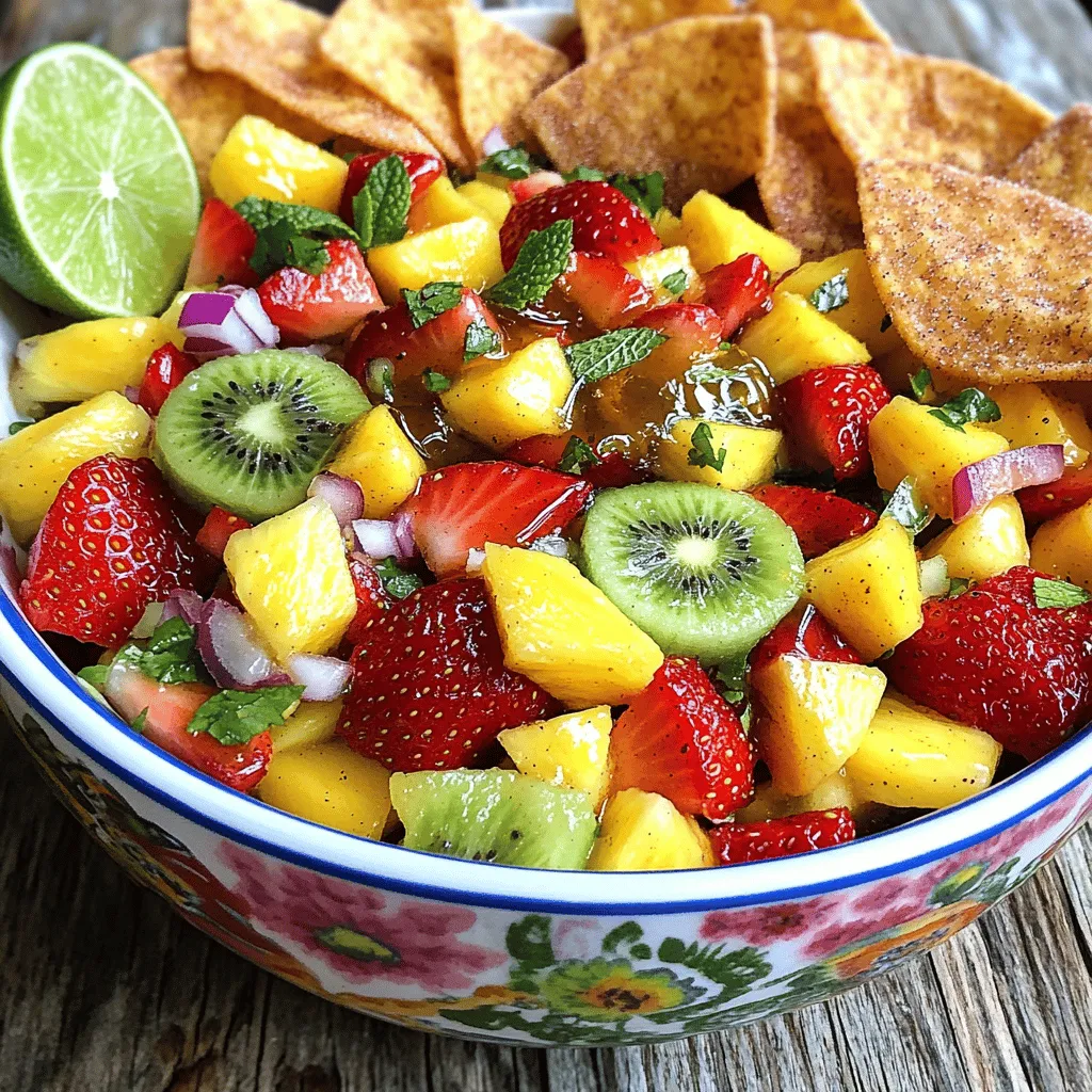 - 1 cup strawberries, hulled and diced - 1 cup fresh pineapple, diced - 1 medium kiwi, peeled and diced - 1 ripe mango, diced - 1 small red onion, finely chopped - 1 jalapeño, seeded and minced (optional) - 2 tablespoons fresh lime juice - 1 tablespoon honey or agave syrup - 1/4 cup fresh mint leaves, chopped - 4 flour tortillas - 2 tablespoons melted butter - 3 tablespoons granulated sugar - 1 teaspoon ground cinnamon To make this fruit salsa with cinnamon sugar chips, you start with fresh, ripe fruit. I love using strawberries, pineapple, kiwi, and mango. They add color and flavor. The red onion gives a nice crunch, while the jalapeño adds a kick, but you can skip it if you want less heat. For the dressing, lime juice brightens the flavors. Honey or agave syrup adds sweetness. Mint leaves bring a refreshing note. Mix these into your fruit bowl for a zesty twist. Don't forget about the chips! You'll need flour tortillas, melted butter, sugar, and cinnamon. These turn into delicious cinnamon sugar chips. They add a sweet crunch that pairs well with the salsa. If you want the full recipe, check out the details above. Enjoy making this delightful treat! First, grab a large mixing bowl. Then, combine diced strawberries, pineapple, kiwi, mango, red onion, and jalapeño if you want some heat. Next, drizzle in fresh lime juice and honey or agave syrup. This adds great flavor! Now, gently fold in chopped mint leaves. Make sure everything gets coated well. Let the salsa sit for about 10 minutes. This allows the flavors to blend perfectly. Preheat your oven to 350°F (175°C). Take your flour tortillas and brush one side with melted butter. This will make them taste great! In a small bowl, mix granulated sugar and ground cinnamon. Sprinkle this mixture over the buttered side of each tortilla. Cut the tortillas into triangles or strips. Arrange them in a single layer on a parchment-lined baking sheet. Bake these in the oven for about 10-12 minutes. Keep an eye on them so they don’t burn. Once your chips are baked, let them cool for a minute on the baking sheet. Serve the colorful fruit salsa in a bowl next to the crunchy cinnamon sugar chips. It’s perfect for dipping! For a fun presentation, put the salsa in a decorative bowl and add extra mint leaves. Arrange the chips around the salsa in a fan shape. This makes an eye-catching centerpiece for your table. Enjoy this delightful treat with friends and family! Check out the Full Recipe for more details. To make the best fruit salsa, start by choosing ripe fruits. Ripe fruits have more flavor and juice. Look for strawberries that are bright red and firm. Pineapples should smell sweet and feel slightly soft. Kiwi and mango should yield to gentle pressure. Adjust the sweetness to your taste. Some may want more honey, while others prefer less. The lime juice adds a nice tang, balancing the sweetness. Always taste as you mix. For the cinnamon sugar chips, try different tortillas. Whole wheat tortillas add a nutty flavor. You can also use corn tortillas for a gluten-free option. Experiment with spices to jazz up the chips. Nutmeg adds warmth and a hint of spice, while ginger can bring a fresh kick. Get creative with what you have on hand! For a full recipe, check out the Fruit Fiesta Salsa. {{image_4}} Using seasonal fruits makes this salsa fresh and bright. For summer, try peaches or berries. In fall, apples and pears can add great flavor. Mixing fruits gives you more taste and color. You can also add zesty citrus like oranges or grapefruits. These fruits bring a nice tang and balance the sweetness. If you want to change the sweet taste, you can use different sweeteners. Instead of honey, try maple syrup. This adds a rich flavor. Stevia is a great choice if you want to lower calories. Each sweetener gives the salsa a unique taste, so feel free to experiment! Want to control the spice? Adjust the jalapeño to fit your taste. Use less for a milder salsa. If you like it hot, add more jalapeño or leave some seeds in. This gives you the freedom to make it just right for you and your guests. To keep your fruit salsa fresh, store it in an airtight container in the refrigerator. This helps lock in the flavors and keeps the fruits crisp. For the best taste, consume the salsa within 1-2 days. The longer it sits, the more the flavors change, and it may lose its bright appeal. For your cinnamon sugar chips, store them in a cool, dry place. An airtight container is key to keeping them crunchy. If stored properly, you can enjoy these tasty chips within a week. After that, they might become soft and lose their delightful crunch. Yes, you can prepare it a few hours in advance, but add mint just before serving. This keeps the mint fresh and vibrant. It also helps the flavors blend nicely. If you let it sit, the fruits will soak in the lime juice. This makes the salsa even tastier! To make the chips crispy, ensure they're baked at the right temperature. Preheat your oven to 350°F (175°C). Watch them closely as they bake to avoid burning. If you take them out at the right time, they will be golden and crunchy. This gives you that perfect chip for dipping! Absolutely! Feel free to alter fruits, spices, or sweeteners based on your preferences. You can swap strawberries for blueberries or mango for peach. You can even change up the spices on the chips. Try adding some nutmeg or using whole wheat tortillas. This makes your fruit salsa with cinnamon sugar chips truly yours! This blog post shared a fresh and tasty fruit salsa recipe. We explored fresh fruits, a simple dressing, and easy cinnamon sugar chips. You learned how to mix flavors and add your favorite ingredients. This dish is fun to make and share. Don't hesitate to remix the recipe with seasonal fruits or preferred sweeteners. Enjoy creating and tasting this delicious treat at your next gathering! It's all about enjoying good food and great company.