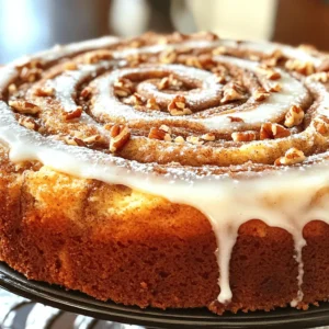 - 2 cups all-purpose flour - 1 cup granulated sugar - 1 tablespoon baking powder - ½ teaspoon salt - ½ cup unsalted butter, melted and slightly cooled - 1 cup milk - 2 large eggs, at room temperature - 1 teaspoon pure vanilla extract - 1 tablespoon ground cinnamon - ½ cup brown sugar, packed firmly - ½ cup chopped pecans (optional) - 1 cup powdered sugar (for the glaze) - 2 tablespoons milk (for the glaze) Gathering these ingredients is key for a great cinnamon roll coffee cake. Flour gives the cake structure. Sugar adds sweetness, while baking powder helps it rise. Salt balances flavors and enhances the taste. Butter keeps the cake moist and adds richness. Milk provides creaminess, and eggs bind everything together. Vanilla extract adds a warm flavor. Ground cinnamon brings that classic taste we love in cinnamon rolls. Brown sugar adds depth and a slight caramel flavor to the filling. Pecans give a nice crunch if you choose to use them. Finally, the glaze made of powdered sugar and milk adds a sweet finish. With these ingredients ready, you are set to make this delightful treat. Check the Full Recipe for detailed steps and enjoy your time in the kitchen! 1. Preheat your oven to 350°F (175°C). This helps the cake bake evenly. 2. Prepare a 9x13-inch baking pan. Lightly grease it with butter or non-stick spray. This keeps the cake from sticking. 3. In a large mixing bowl, whisk together the dry ingredients. Combine 2 cups of all-purpose flour, 1 cup of granulated sugar, 1 tablespoon of baking powder, and ½ teaspoon of salt. Mix until there are no lumps. 4. In another bowl, mix the wet ingredients. Combine ½ cup of melted butter (slightly cooled), 1 cup of milk, 2 large eggs, and 1 teaspoon of vanilla extract. Whisk until smooth. 1. Pour the wet mixture into the dry mixture. Stir gently with a spatula until just combined. Avoid overmixing; a few lumps are fine. 2. In a small bowl, blend ½ cup of packed brown sugar with 1 tablespoon of ground cinnamon for the filling. 3. Spread half of the batter into the baking pan. Sprinkle the cinnamon-brown sugar filling evenly over it. If using pecans, sprinkle half of them here for extra crunch. 4. Add spoonfuls of the remaining batter on top of the filling, spreading it gently. Aim for a marbled look, not a solid layer. 5. Use a knife or skewer to swirl through the batter. Create a beautiful marbled effect, but do not overmix. 6. Bake the cake for 25 to 30 minutes. Check for doneness by inserting a toothpick into the center. It should come out clean or with a few moist crumbs. 1. While the cake bakes, prepare the glaze. Mix 1 cup of powdered sugar with 2 tablespoons of milk in a small bowl. Stir until smooth. Adjust milk for desired thickness. 2. After baking, let the cake cool for about 10 minutes. This makes slicing easier. 3. Drizzle the glaze over the warm cake while it’s still in the pan. Allow it to melt slightly into the cake. 4. For serving, dust extra powdered sugar on top or add whole pecans for a nice touch. Enjoy with a hot cup of coffee! For the full recipe, check the details above. - Ensuring the cake remains moist: To keep your cake soft, do not overmix the batter. Mixing too much can lead to a dry cake. Also, remember to check for doneness early. A toothpick should come out with a few moist crumbs, not clean. - Proper swirl technique for cinnamon filling: For a great swirl, use a knife or skewer. Gently drag it through the batter. Do not mix too much; you want to see the cinnamon filling. This makes it look nice and taste great. - Baking pan alternatives and tips: If you don’t have a 9x13-inch pan, a round cake pan works too. Just adjust the baking time. Keep an eye on it as it bakes. You may need a few more minutes for thicker cakes. - Suggestions for spices or extracts: You can add a pinch of nutmeg to the cinnamon for a warm flavor. Almond extract also pairs well with vanilla for a nice twist. - Adding mix-ins, like chocolate chips: If you love chocolate, throw in some chocolate chips. They melt and mix perfectly with the cinnamon. Just fold them into the batter before layering. - Using flavored glaze options: Instead of plain glaze, try adding a bit of vanilla or almond extract to the glaze. This adds extra flavor that complements the cake. You can also add cocoa powder for a chocolate glaze. For the full recipe, check the section above. Enjoy your baking! {{image_4}} You can play with flavors to make this cake even more fun. Here are a few ideas: - Pumpkin spice cinnamon roll coffee cake: Swap in pumpkin puree for some of the milk. Add pumpkin spice mix for a fall twist. - Apple cinnamon coffee cake twist: Add diced apples to the batter. Mix in some extra cinnamon for a fruity flavor. - Nutella-stuffed coffee cake option: Layer Nutella between the cake batter. This makes the cake rich and chocolatey. You can easily adjust this recipe to fit diet needs. Here are some simple swaps: - Gluten-free options for the flour: Use a gluten-free flour blend. This keeps the cake soft and tasty. - Vegan substitutions for eggs and milk: Use flaxseed meal mixed with water instead of eggs. Replace milk with almond or oat milk. - Sugar alternatives for health-conscious individuals: Try using coconut sugar or a sugar substitute like stevia. This helps cut down on calories while keeping the sweetness. These variations make your easy cinnamon roll coffee cake fun and suitable for everyone. Explore these options to find your favorite! For the full recipe, check out the complete guide. To keep your cinnamon roll coffee cake fresh, store it properly. If you plan to eat it within a day, you can leave it at room temperature. Just cover it with plastic wrap or a clean kitchen towel. This helps keep the cake moist and tasty. If you want to save it for a few days, place it in the fridge. Use an airtight container or wrap it tightly in plastic wrap. This keeps it fresh for up to five days. But, remember, cold storage can make the cake a bit dense. For longer storage, freezing the coffee cake is a great option. Cut the cake into slices, so you can grab one when you want. Wrap each slice tightly in plastic wrap. Then, place them in a freezer-safe bag or container. This will help prevent freezer burn. The cake can stay fresh for up to three months in the freezer. When you’re ready to enjoy a slice, take it out and let it thaw in the fridge overnight. If you want it warm, pop it in the microwave for 15-20 seconds. You can also reheat it in the oven at 350°F (175°C) for about 10 minutes. This way, it will taste fresh and delicious, just like when you first made it. For the full recipe, check out the instructions above! Can I make this coffee cake ahead of time? Yes, you can make this coffee cake a day ahead. Just keep it covered on the counter. This helps the flavors blend nicely. You can also bake it, cool it, and store it in the fridge. How can I prevent the cake from sticking to the pan? To stop the cake from sticking, grease the pan well. Use butter or non-stick spray. You can also use parchment paper on the bottom. This makes it easy to lift the cake out later. What is the best way to reheat leftover coffee cake? To reheat, place slices in the microwave for about 10-15 seconds. This warms the cake without drying it out. You can also use the oven at 350°F for a few minutes. Can I use a different type of nut or no nuts at all? Yes! You can swap pecans for walnuts or almonds. If you prefer no nuts, just leave them out. The cake will still taste great without them. What’s the texture like? The texture is soft and fluffy. The cinnamon filling adds a nice swirl. This makes each bite moist and flavorful. How long does this coffee cake last? This coffee cake lasts about 3-4 days at room temperature. If you store it in the fridge, it can last up to a week. Is this cake suitable for serving at events? Absolutely! This cake is perfect for events. It is easy to slice and serve. Plus, it looks great on a dessert table. For the full recipe, check out the details above! This blog post covered how to make a delicious cinnamon roll coffee cake. We outlined key ingredients and gave step-by-step instructions for preparing, baking, and glazing. Baking tips and flavor variations let you personalize the cake. For storage, we shared how to keep it fresh short and long-term. Now you can bake this delightful treat any time. Enjoy sharing it with friends or family! Your new skills will surely impress, and the taste will keep them coming back for more.