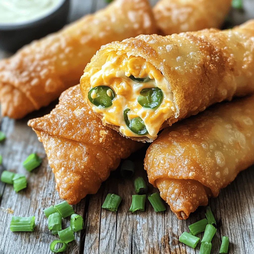 - 8 oz cream cheese, softened to room temperature - 1 cup shredded sharp cheddar cheese - 1/2 cup jalapeños, diced (fresh or pickled for a tangy kick) - 1/4 cup green onions, finely chopped - 1 teaspoon garlic powder - 1/2 teaspoon onion powder - 10-12 egg roll wrappers - Vegetable oil, for frying For these crispy jalapeño popper egg rolls, you need some key ingredients. First, cream cheese brings a rich, creamy texture. Sharp cheddar cheese adds a nice bite. Jalapeños provide that classic heat and flavor. Next, we have green onions. They add a fresh crunch to the mix. Garlic powder and onion powder enhance the taste with savory notes. You can adjust these spices to match your heat level. Finally, you need egg roll wrappers. They hold everything together and become crispy when fried. Vegetable oil is essential for frying. It helps achieve that golden, crunchy outside. When you gather these ingredients, you set the stage for a tasty snack. This dish is perfect for parties or game nights. For the full recipe, follow along with the steps to create these delicious treats! To start, you need to mix the cheeses and seasoning. In a medium bowl, combine 8 oz of cream cheese and 1 cup of shredded sharp cheddar cheese. Stir until smooth. Then add 1/2 cup of diced jalapeños, 1/4 cup of chopped green onions, 1 teaspoon of garlic powder, 1/2 teaspoon of onion powder, and salt and pepper to taste. Mix everything well until the filling is smooth and creamy. Next, it's time to wrap the egg rolls. Position one egg roll wrapper on your surface so one corner is facing you. Spoon about 2 tablespoons of the filling into the center of the wrapper. Fold the bottom corner over the filling, tucking it in gently. Fold the left and right corners in toward the center. Roll the wrapper tightly upwards until you reach the top corner. To seal it, dip your finger in water and wet the edge before pressing it down. Repeat this with the rest of the wrappers and filling. Now, let’s fry the egg rolls. Heat vegetable oil in a deep skillet over medium-high heat. Ensure the oil is deep enough to submerge the egg rolls halfway. Once the oil is hot, you can test it by dropping in a small piece of filling. If it sizzles, it’s ready. Carefully add the egg rolls in batches, frying them for about 2-3 minutes on each side. Cook until they are golden brown and crispy. Remove the egg rolls and place them on paper towels to drain any extra oil. You can serve the crispy jalapeño popper egg rolls warm with your favorite dipping sauces. For more details, check the Full Recipe. To make crispy jalapeno popper egg rolls, the oil temperature matters. Heat the vegetable oil to about 350°F. You can test this by dropping a small piece of filling into the oil. If it sizzles, you're ready. To avoid soggy egg rolls, do not overcrowd the pan. Fry them in small batches. This helps keep the oil hot and the egg rolls crispy. Once cooked, place them on paper towels to soak up extra oil. Kick up the flavor with some extra seasonings. Try adding smoked paprika or cayenne pepper for a spicy twist. A squirt of lime juice just before you serve adds a burst of freshness. You can also mix in some cooked bacon bits for a smoky crunch. This adds a layer of flavor that pairs well with the creamy cheese and spicy jalapeños. For dipping sauces, ranch dressing is a classic choice. It cools the heat of the jalapeños. Spicy mayo also works great for those who like a kick. When serving, arrange the egg rolls on a large platter. Garnish with chopped green onions or cilantro for a pop of color. This makes your dish look even more inviting and tasty. For the full recipe, visit the recipe section. {{image_4}} You can swap cheeses to change the flavor. Cream cheese works well, but you can also try goat cheese for a tangy taste. For a lighter option, use ricotta cheese. If you want a different heat level, try using mild peppers like bell peppers or sweet banana peppers. If you prefer spicy, add more jalapeños or use serrano peppers instead. You can bake these egg rolls instead of frying them. Preheat your oven to 400°F. Place the rolled egg rolls on a baking sheet lined with parchment paper. Brush them lightly with oil for a crisp finish. Bake for 15-20 minutes, flipping halfway through. Keep an eye on them until they turn golden brown. For a vegetarian twist, use mashed tofu or black beans instead of cream cheese. You can also add veggies like corn, spinach, or bell peppers to the filling for extra taste. This change makes the egg rolls colorful and packed with nutrients. These variations still taste amazing and keep the crunch you love. You can find the Full Recipe to guide your cooking journey! After making these crispy jalapeño popper egg rolls, you may want to save some for later. To keep them fresh, store the egg rolls in an airtight container. Place a paper towel at the bottom to absorb moisture. This will help keep them crispy. You can refrigerate them for up to three days. If you want to save the egg rolls for a longer time, freezing is a great option. First, lay the fried egg rolls on a baking sheet. Make sure they are not touching. Freeze them for about an hour. Once frozen, transfer them to a freezer bag or container. They will last up to three months in the freezer. When it's time to eat, simply reheat them in the oven. Bake at 375°F (190°C) for 10-15 minutes until they are hot and crispy again. These egg rolls can last in the fridge for about three days. In the freezer, they can stay good for up to three months. Watch for signs of spoilage, like mold or a strange smell. If you see any, it’s best to throw them away. Enjoy your crispy jalapeño popper egg rolls while they are fresh! For the full recipe, check it out above. Yes, you can prepare these egg rolls ahead of time. After assembling them, place the egg rolls on a baking sheet. Cover them with plastic wrap and refrigerate for up to 24 hours. This keeps them fresh and ready for frying. If you want to freeze them, lay them on a sheet, freeze until firm, then transfer to a freezer bag. When you're ready to enjoy, fry them straight from the freezer. Just add a minute or two to the cooking time. Dipping sauces enhance the flavor of the egg rolls. Popular choices include: - Ranch dressing: Creamy and cool. - Spicy mayo: A mix of mayonnaise and Sriracha. - Sweet chili sauce: Adds a sweet and tangy flavor. - Guacamole: For a fresh twist. You can also mix soy sauce with lime juice for a zesty dip. These options make your snacking experience even more delightful. You want to look for a golden brown color on the egg rolls. They should be crispy on the outside. A good test is to check if they float in the oil. If they rise to the top, they are close to being done. You can also cut one open to check if the filling is hot and bubbly. Enjoy the crunchy texture and creamy filling for the best taste! You now know how to make crispy jalapeño popper egg rolls. We covered the key ingredients, from cream cheese to jalapeños, and discussed cooking steps. You learned important tips for crispiness and tasty variations. Remember to store them properly to keep them fresh. These egg rolls not only pack flavor but are fun to make. Enjoy serving them at your next gathering or as a snack. Your family and friends will love them!
