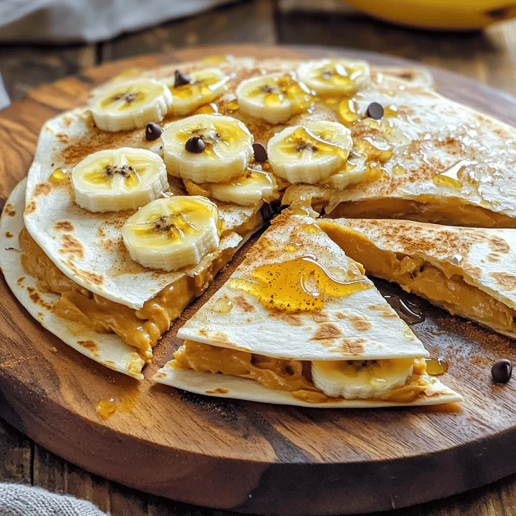 - 2 large flour tortillas - 1/2 cup creamy peanut butter - 1 medium ripe banana, sliced into thin rounds - 1/4 cup honey - 1/4 cup mini chocolate chips - 1 tablespoon coconut oil (for frying) - A pinch of ground cinnamon (optional) You need simple ingredients for this tasty treat. Flour tortillas hold everything together. Creamy peanut butter gives it richness. A ripe banana adds sweetness and texture. Honey brings a nice glaze. Mini chocolate chips add crunch and chocolate goodness. Coconut oil helps fry the quesadilla to a crispy finish. A pinch of cinnamon adds warmth if you want. Gather all these items before you start. It makes cooking smooth and fun. You can find these ingredients at any grocery store. Use fresh bananas for the best flavor. If you prefer a different nut butter, go ahead! Just keep the amounts the same. - Step 1: Heat the skillet and melt coconut oil. Start by placing a non-stick skillet on medium heat. Add one tablespoon of coconut oil. Swirl it around to cover the bottom evenly. - Step 2: Spread peanut butter on tortillas. Grab two large flour tortillas. Take 1/4 cup of creamy peanut butter and spread it on one side of each tortilla. Make sure the peanut butter reaches the edges. - Step 3: Layer bananas, honey, and chocolate chips. On one tortilla, lay out sliced bananas. Drizzle honey over the bananas. Then, sprinkle mini chocolate chips on top for a sweet touch. - Step 4: Assemble the quesadilla. Place the second tortilla on top, peanut butter side down. Press it gently to hold everything together. - Step 5: Cook the first side until golden brown. Carefully transfer the quesadilla to the hot skillet. Cook for about 3-4 minutes. Look for a golden brown color on the bottom. - Step 6: Flip and cook the other side until crispy. Use a spatula to flip the quesadilla. Cook for another 3-4 minutes. Ensure both sides are crispy and golden. - Step 7: Cool briefly and slice into wedges. Remove the quesadilla from the skillet and let it cool for about a minute. Then, slice it into wedges for easy serving. - Step 8: Presentation tips for serving. Arrange the wedges on a colorful plate. Drizzle any leftover honey over them. You can add a sprinkle of cinnamon or extra banana slices for charm. Now, you can enjoy this Peanut Butter Quesadilla Delight! For the complete recipe, check out the Full Recipe. Preheating the skillet is key. It helps your quesadilla cook evenly and get crispy. Heat your skillet over medium heat for the best results. Choosing the right type of peanut butter matters too. Creamy peanut butter spreads easily and melts nicely. This makes it perfect for our quesadilla. Add ground cinnamon for extra warmth. Just a pinch can elevate the flavor. It pairs well with peanut butter and banana. For drizzling and garnishing, honey shines bright. You can drizzle more honey on top when serving. A sprinkle of cinnamon or extra banana slices makes it look great. Avoid soggy tortillas by not overloading them with toppings. Keep a light hand when adding banana and chocolate chips. Ensure even cooking by flipping the quesadilla carefully. Use a spatula to check for golden brown spots. This way, both sides will be crispy and delicious. {{image_4}} You can change the nut butter in this recipe. Almond butter or cashew butter works great too. Each nut butter gives a unique taste. Try adding fruits like strawberries or apples for a fresh twist. Sliced strawberries add sweetness, while apples bring a crisp bite. These changes make your quesadilla fun and new each time. If you need gluten-free options, use gluten-free tortillas. They taste good and hold up well. For those avoiding dairy, try using maple syrup instead of honey. This swap keeps the sweetness while staying dairy-free. Each choice opens new doors to enjoy this treat. You can create savory peanut butter quesadillas too! Add spices like garlic powder or paprika for a unique flavor. Mixing in protein sources, like granola or chopped nuts, gives extra crunch. These variations let you explore both sweet and savory sides of this dish. To keep your leftover quesadilla fresh, wrap it in plastic wrap or foil. Place it in an airtight container to avoid moisture loss. It’s best to refrigerate the quesadilla within two hours of cooking. This way, it stays tasty for up to three days. You can reheat your quesadilla in two easy ways. The microwave is quick but may make it soft. Heat it for about 30 seconds on high. If you prefer a crispy texture, use a skillet. Heat it on medium for about 2-3 minutes per side. This method keeps the quesadilla nice and crunchy. Freezing is a great option for later enjoyment. First, let the quesadilla cool completely. Wrap it tightly in plastic wrap, then place it in a freezer bag. You can freeze it for up to two months. To reheat, thaw it in the fridge overnight. Then, use the skillet method to warm it up and restore its crunch. What’s the best way to serve Peanut Butter Quesadilla? I love to serve Peanut Butter Quesadilla warm. Slice it into wedges and arrange them on a colorful plate. Drizzle honey on top for extra sweetness. You can also add a sprinkle of cinnamon for a nice touch. Can I make Peanut Butter Quesadilla ahead of time? Yes, you can make them ahead. Prepare the quesadilla, then cool it down. Wrap it in plastic wrap and store it in the fridge. When ready to eat, just reheat it in a skillet. Is this recipe suitable for kids? Absolutely! Kids love the sweet taste of peanut butter, banana, and chocolate. It’s a fun and easy treat. Just make sure they aren't allergic to any ingredients. How do I make a Vegan Peanut Butter Quesadilla? To make a Vegan Peanut Butter Quesadilla, use dairy-free chocolate chips and agave syrup instead of honey. You can also use a vegan tortilla for a fully plant-based option. How do I achieve a perfectly crispy quesadilla? To get a crispy quesadilla, use a non-stick skillet and heat it well. Melt coconut oil before placing the quesadilla in the pan. Cook each side until golden brown. This ensures a nice, crunchy texture. What can I serve with Peanut Butter Quesadilla? You can serve it with fresh fruit like apple slices or strawberries. A side of yogurt for dipping is also great. It adds creaminess that pairs well with the sweet quesadilla. How many calories are in a Peanut Butter Quesadilla? A single Peanut Butter Quesadilla has about 350-400 calories. This can vary based on the ingredients you use. Can I make it healthier? Yes, you can make it healthier. Use whole wheat tortillas for extra fiber. Replace honey with a sugar-free syrup or simply reduce the amount used. You can also add more fruit for added nutrition. This blog post explored making a delicious peanut butter quesadilla. You learned the key ingredients, easy steps, and helpful tips. Variations can cater to different tastes, like fruity options or spicy twists. Remember to store leftovers properly and reheat them for the best taste. Enjoy experimenting with your quesadilla, and don't be afraid to make it your own. It’s all about having fun in the kitchen while making tasty snacks that you and others will love!