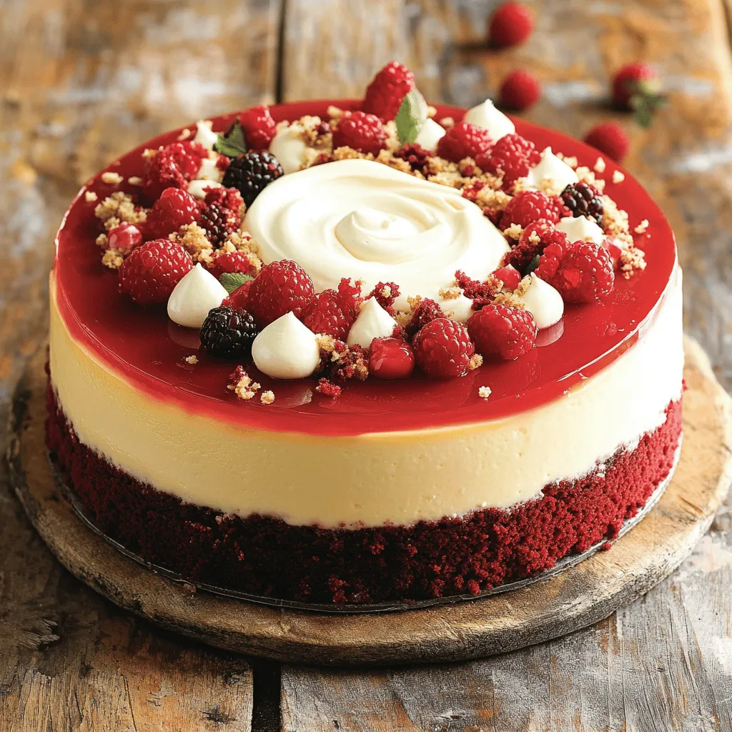 - 1 ½ cups all-purpose flour - 1 cup granulated sugar - 1 teaspoon baking soda - 1 teaspoon cocoa powder - ½ teaspoon salt - 1 cup vegetable oil - 1 cup buttermilk, at room temperature - 2 large eggs, at room temperature - 2 tablespoons red food coloring - 1 teaspoon vanilla extract - 1 teaspoon white vinegar To make the red velvet cake layer, I combine the dry and wet ingredients. I mix the flour, sugar, baking soda, cocoa powder, and salt in one bowl. In another bowl, I whisk together the oil, buttermilk, eggs, food coloring, vanilla, and vinegar. The red food coloring gives the cake its signature color. I pour the dry mix into the wet mix and stir until just combined. This method keeps the cake light and fluffy. - 16 oz (2 packages) cream cheese, softened to room temperature - ½ cup granulated sugar - 1 teaspoon pure vanilla extract - 2 large eggs, at room temperature - ¼ cup sour cream - ¼ cup heavy cream For the cheesecake layer, I beat the cream cheese and sugar until fluffy. Then, I add vanilla, sour cream, and heavy cream. This combination creates a rich, smooth filling. I mix in the eggs one at a time for the best texture. Each step helps build that creamy feel people love in a cheesecake. - 8 oz cream cheese, softened to room temperature - ½ cup unsalted butter, softened - 4 cups powdered sugar - 2 teaspoons pure vanilla extract - 1 tablespoon milk (as needed for adjusting consistency) The cream cheese frosting is the final touch. I blend cream cheese and butter until smooth. Then, I slowly add powdered sugar. This keeps it sweet but not too sweet. I stir in vanilla extract for flavor. If the frosting is too thick, I add a splash of milk to reach the desired consistency. This frosting makes the cake not only taste great but look stunning too. For the full list of steps, check out the Full Recipe. Start by preheating your oven to 350°F (175°C). Grease a 9-inch springform pan well. Line the bottom with parchment paper. This step helps the cake release easily later. In a medium bowl, mix together the flour, sugar, baking soda, cocoa powder, and salt. In a large bowl, combine the oil, buttermilk, eggs, red food coloring, vanilla, and vinegar. Stir until smooth. Gradually add the dry mix to the wet ingredients. Mix gently until just combined. Pour this vibrant batter into your prepared pan. Place the pan in the oven. Bake for 25-30 minutes. Check by inserting a toothpick into the center. If it comes out clean, the cake is ready. Let it cool in the pan for 10 minutes. Carefully remove it and transfer it to a wire rack to cool completely. In a large bowl, beat the softened cream cheese and sugar until fluffy. Add the vanilla, sour cream, and heavy cream. Mix until smooth. Then, add the eggs one at a time. Mix gently after each addition to keep it creamy. Once the red velvet cake is cool, place it back in the springform pan. Pour the cheesecake batter over the cake layer. Use a spatula to spread it evenly. Bake the cheesecake for 50-60 minutes. The edges should set, and the center should jiggle slightly. Turn off the oven and crack the door open. Leave it inside for 1 hour to cool gradually. This helps prevent cracks. After cooling, transfer it to the fridge for at least 4 hours, or overnight for best results. Prepare the cream cheese frosting by beating together the softened cream cheese and butter until smooth. Gradually add powdered sugar. Stir in the vanilla and add milk as needed for a spreadable texture. Once chilled, frost the cheesecake evenly for a delicious finish. For a fun touch, sprinkle red velvet crumbs or fresh berries on top. For a complete guide, check the Full Recipe. Ensuring the Perfect Texture To get a smooth and creamy cheesecake, use room-temperature cream cheese. Cold cream cheese can clump and ruin your texture. Avoid overmixing the batter once you add the eggs. This helps keep the cheesecake light and fluffy. Also, bake it in a water bath if you want an even creamier texture. This technique keeps the heat gentle and even. Common Mistakes to Avoid One mistake is rushing the cooling process. Always let the cheesecake cool in the oven with the door open. This step helps avoid cracks. Another common error is using too much food coloring. Stick to two tablespoons for a beautiful red hue. Lastly, don’t skip chilling the cheesecake. Let it chill for at least four hours for the best flavor and texture. How to Achieve a Flawless Frosting For a perfect cream cheese frosting, make sure both the cream cheese and butter are soft. This ensures they blend well and create a smooth mix. Gradually add powdered sugar to avoid lumps. If the frosting is too thick, add a bit of milk until you reach the right consistency. Spread it evenly over the cheesecake for a beautiful finish. For added flair, sprinkle some red velvet cake crumbs or fresh berries on top. For the Full Recipe, be sure to check the detailed instructions. {{image_4}} To make a gluten-free version of the red velvet cheesecake, swap all-purpose flour with a gluten-free blend. You can use a 1:1 gluten-free flour mix. Make sure it contains xanthan gum, which helps with texture. This simple swap keeps the cake moist and delicious, just like the original. While cream cheese frosting is classic, you can try other options. - Use whipped cream for a lighter touch. - Try a chocolate ganache for a rich twist. - A tangy lemon frosting adds bright flavor. Each choice gives a unique taste and adds to this dessert's appeal. You can elevate your cheesecake with flavor enhancements. - Add a splash of almond extract for depth. - Mix in some mini chocolate chips for surprise bites. - Incorporate crushed nuts for crunch. These tweaks let you create a red velvet cheesecake that feels personal and special. For the complete recipe, check [Full Recipe]. To keep your cheesecake fresh, store it in the fridge. Place it in an airtight container. If you do not have one, cover it tightly with plastic wrap. This keeps the cheesecake moist and tasty. Leftover cheesecake can last for about 5 days in the fridge. If you want to save your cheesecake for later, freezing is a great option. First, cut the cheesecake into slices. Wrap each slice tightly in plastic wrap. Then, place the wrapped slices in a freezer-safe bag. This helps prevent freezer burn. You can freeze the cheesecake for up to 3 months. When you're ready to enjoy your frozen cheesecake, take it out of the freezer. Place the wrapped slices in the fridge to thaw overnight. This slow thaw keeps the texture nice. If you're in a hurry, you can thaw it at room temperature for about 1 hour. Just remember to unwrap it after a while to prevent sogginess. For the full details on how to make this delicious dessert, check out the Full Recipe! Yes, you can make the cheesecake ahead of time. In fact, it tastes better after sitting in the fridge. Let it chill for at least 4 hours, but overnight is best. This allows the flavors to blend and the texture to set nicely. To cut cheesecake, use a sharp knife dipped in warm water. Wipe the knife clean after each cut. This keeps the slices neat and smooth. For a clean edge, cut slowly and steadily. To make your cheesecake creamier, use room temperature cream cheese. This helps mix better and avoids lumps. Adding heavy cream also adds richness. Mix gently after adding eggs to keep the texture smooth. Yes, you can substitute cream cheese with mascarpone or ricotta. Both give a different but tasty flavor. For a lower-fat option, use Greek yogurt. Just remember that the taste and texture may change slightly. For the full recipe, check the details above. This blog post covered everything you need for a tasty red velvet cheesecake. We discussed the key ingredients, like the cake and cheesecake layers and the frosting. You learned how to prep, bake, and chill the cheesecake, along with tips for texture and common mistakes. Variations help you personalize this dessert, and storage tips keep it fresh. Now you're ready to impress with a delicious dessert that's sure to please everyone! Enjoy every bite!