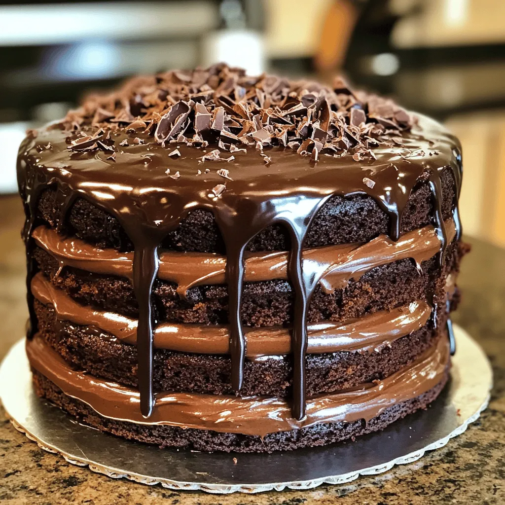 - 1 ¾ cups all-purpose flour - 1 ¾ cups granulated sugar - ¾ cup unsweetened cocoa powder - 1 ½ teaspoons baking powder - 1 ½ teaspoons baking soda - 1 teaspoon salt - 2 large eggs - 1 cup whole milk - ½ cup vegetable oil - 2 teaspoons vanilla extract - 1 cup boiling water - 1 cup semi-sweet chocolate chips - ½ cup heavy whipping cream (for ganache) - 1 cup dark chocolate (finely chopped, for ganache) Starting with quality ingredients makes a big difference. You want your cake to taste great. Use fresh cocoa powder for a rich flavor. Choose high-quality chocolate for the ganache. Good eggs and milk will enhance the taste. Each ingredient plays a crucial role. The flour gives structure. Sugar adds sweetness and moisture. Cocoa powder provides that deep chocolate flavor. Baking powder and baking soda help the cake rise. The eggs help bind everything. Milk adds moisture and richness. Vegetable oil keeps the cake soft. Vanilla extract brings out the chocolate taste. Boiling water helps melt the cocoa, making the batter smooth. Chocolate chips add pockets of melted chocolate in every bite. The ganache, made from heavy cream and dark chocolate, adds a shiny finish. It also makes each slice decadent. Using the right ingredients sets you up for success. Trust me, your Death by Chocolate Cake will be a hit! For the complete recipe, check the Full Recipe section above. First, preheat your oven to 350°F (175°C). This step is key to a great cake. While the oven heats, prepare two 9-inch round cake pans. Grease the pans well with butter. Then dust them lightly with flour. This prevents the cake from sticking later. Now, it's time to mix the batter. In a big bowl, combine the dry ingredients. Use 1 ¾ cups of all-purpose flour, 1 ¾ cups of granulated sugar, ¾ cup of unsweetened cocoa powder, 1 ½ teaspoons of baking powder, 1 ½ teaspoons of baking soda, and 1 teaspoon of salt. Whisk until there are no lumps. Next, add the wet ingredients. This includes 2 large eggs, 1 cup of whole milk, ½ cup of vegetable oil, and 2 teaspoons of vanilla extract. Beat this mixture on medium speed for about 2 minutes. It should be smooth and well-mixed. Now, stir in 1 cup of boiling water. The batter will be thin, but this makes the cake moist. Finally, gently fold in 1 cup of semi-sweet chocolate chips. Make sure they are evenly spread throughout the batter. Divide the batter between the two prepared pans. Bake them in the preheated oven for 30-35 minutes. To check if they are done, insert a toothpick into the center. If it comes out clean, the cakes are ready. After baking, let the cakes cool in the pans for 10 minutes. Then, carefully remove them and place them on a wire rack to cool completely. This cooling step is important for a perfect texture. For the full recipe, don’t forget to check the detailed instructions! To get a perfect cake texture, use room temperature ingredients. Cold ingredients can lead to uneven mixing and a dense cake. Let your eggs and milk sit out for 30 minutes before baking. Next, measure your flour and cocoa powder correctly. Use a spoon to fluff the flour in its container, then scoop it into your measuring cup. Level it off with a knife. This method avoids adding too much flour, keeping your cake light. Making smooth ganache is key for a rich topping. Heat the cream until it just simmers, then remove it from the heat. Add the chopped dark chocolate and stir until it melts. If your ganache is too thin, let it cool a bit before using. For thicker ganache, use less cream or add more chocolate. Adjust to your desired thickness for the perfect pour. Serve your Death by Chocolate Cake with a scoop of vanilla ice cream. The cold ice cream balances the rich cake. You can also add whipped cream for a lighter touch. For a pretty look, decorate the cake with chocolate shavings or curls. This adds a fancy touch that makes it even more special. Enjoy each bite! {{image_4}} I love to add coffee to my Death by Chocolate Cake. A splash of brewed coffee boosts the chocolate flavor. It makes the cake taste richer and deeper. You can add 1/2 cup of strong coffee to the batter. It blends nicely and makes every bite special. Another fun twist is to add nuts or fruit layers. Chopped walnuts or hazelnuts add crunch. You can also use fresh raspberries or cherries between the layers. This adds a fruity contrast to the chocolate. Get creative and mix flavors you love! While ganache is great, you can try cream cheese frosting. Cream cheese adds a tangy flavor. It balances the sweetness of the cake well. Whipped buttercream is another option. It’s light and fluffy. You can tint it with food color for fun designs. If you want more flavor, consider flavored ganache. Add a splash of vanilla or orange zest to the mix. You can even use flavored chocolate, like mint or raspberry. Each option gives a unique twist to your cake. If you need a gluten-free cake, you can substitute flour easily. Use a gluten-free flour blend instead of all-purpose flour. Make sure it includes xanthan gum for better texture. This keeps the cake moist and soft. To maintain moisture, add an extra egg or use applesauce. This helps keep the cake from drying out. With these swaps, you can enjoy the same rich taste in a gluten-free version! To keep your Death by Chocolate Cake fresh, wrap it tightly. Use plastic wrap or aluminum foil for best results. Store it in the fridge if you have leftovers. This keeps the cake moist and tasty. - Place the cake in an airtight container. - Use parchment paper between layers to avoid sticking. - For extra moisture, add a slice of bread inside the container. Freezing is a great way to save this cake for later. Follow these steps to freeze it properly: 1. Let the cake cool completely. 2. Cut it into slices or leave it whole. 3. Wrap each slice tightly in plastic wrap. 4. Place the wrapped slices in a freezer bag. You can freeze the cake for up to three months. To thaw, simply take it out and leave it in the fridge overnight. Enjoy your cake as if it was just baked! Death by Chocolate Cake is a rich, layered dessert. It features deep chocolate flavor and moist texture. This cake often has chocolate ganache and chocolate chips. It looks beautiful with dark, glossy frosting. People love it for its intense chocolate experience. Yes, you can make this cake ahead of time. Bake the cakes and let them cool completely. Wrap each layer in plastic wrap. Store them in the fridge for up to three days. You can also freeze the layers for up to three months. Just remember to let them thaw before frosting. This way, the cake stays fresh and tasty. To check if the cake is done, look for a few signs. The edges should pull away from the sides of the pan. The cake should spring back when lightly touched. You can also test with a toothpick. Insert it into the center; if it comes out clean, the cake is ready. If it has wet batter, bake it a little longer. In this post, we explored how to create the perfect Death by Chocolate Cake. We covered key ingredients, mixing and baking steps, and how to achieve the best texture. You learned tips for a smooth ganache and serving ideas to impress. Variations and storage techniques ensure your cake stays fresh and delicious. Remember, quality ingredients and careful measuring make all the difference. Enjoy creating this rich, chocolate delight for your next celebration!