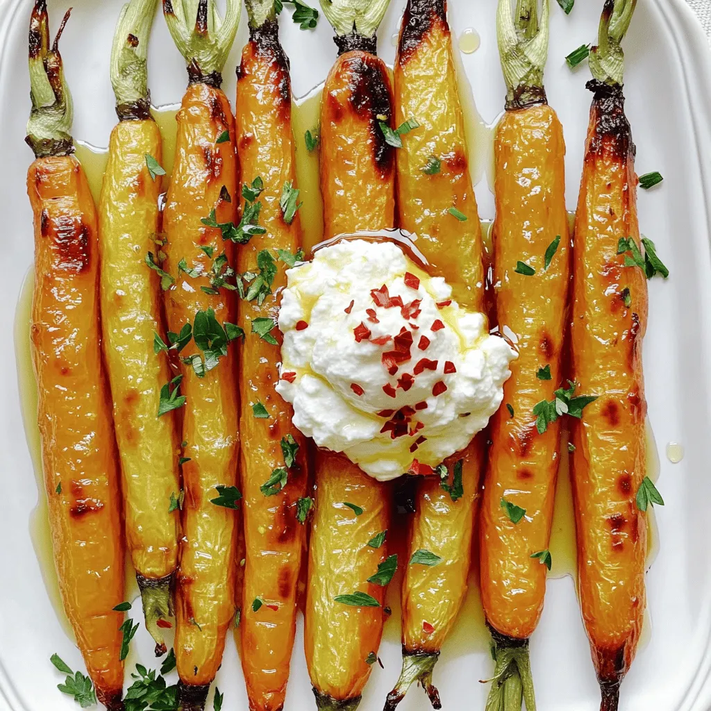 - Carrots: 1 pound medium-sized, peeled and cut into uniform sticks - Ricotta: 1 cup creamy ricotta cheese - Olive Oil & Seasoning: 2 tablespoons extra virgin olive oil, sea salt, and freshly ground black pepper - Honey: 1 tablespoon natural honey - Flavor Enhancers: 1 teaspoon freshly squeezed lemon juice, 1/2 teaspoon red pepper flakes - Garnish: Fresh herbs (parsley or thyme) The main stars of this dish are the carrots and ricotta. Carrots bring sweetness and earthiness. They also add a nice crunch. The ricotta offers a creamy and rich texture. It balances the flavors well. When choosing your carrots, look for medium-sized ones. They roast evenly and cook through nicely. Fresh ricotta is key. It should be smooth and creamy. I recommend using high-quality extra virgin olive oil. It adds depth to the dish and enhances the flavors. Honey adds a sweet touch. Use a natural honey for the best taste. The lemon juice brightens up the dish. Red pepper flakes give it a spicy kick. Adjust the amount based on your taste. Lastly, fresh herbs like parsley or thyme bring color and freshness to your plate. For the full recipe, check out the detailed instructions on how to prepare this delightful dish. - Preheat the oven to 425°F (220°C). - Take your carrot sticks and place them in a large bowl. - Drizzle olive oil over the carrots. - Season with sea salt and freshly ground black pepper. - Make sure to coat each stick evenly. - Spread the carrots in a single layer on a baking sheet. - Place the baking sheet in the oven and roast the carrots for 25-30 minutes. - Remember to turn the carrots halfway through. This helps them caramelize evenly and get that sweet, rich flavor. - While the carrots roast, grab another bowl. - Blend together the ricotta cheese, honey, lemon juice, and a pinch of salt. - Use a hand mixer or whisk to beat the mixture. - Keep blending until it becomes creamy and smooth. This step-by-step guide should make your cooking journey easy and enjoyable. For the complete recipe, refer to the Full Recipe. Enjoy the process! To get the best caramelization, I recommend cutting your carrots into uniform sticks. This helps them cook evenly. You want to make sure they are not crowded on the baking sheet. Spread them out well. Good spacing allows the heat to reach all sides, creating that nice browning. For the whipped ricotta, you can add fresh herbs. Basil or chives work great! You can also mix in a pinch of garlic powder for a tasty twist. To get the right texture, beat the ricotta well. Use a hand mixer for a light and fluffy result. To make homemade hot honey, simply heat honey and add red pepper flakes. Stir and let it steep. If you're in a hurry, I like brands like Mike's Hot Honey or Bee's Knees. They add a nice heat and sweetness to your dish. For the full recipe, visit my detailed cooking guide. {{image_4}} You can easily change the taste of this dish. If you want a spicy option, adjust the red pepper flakes. Adding more will give you a kick. If you prefer a sweet twist, try using maple syrup instead of honey. This swap adds a lovely depth to the flavor. Not all of us have ricotta on hand. For ricotta alternatives, you can use dairy-free or vegan options like cashew cream or tofu. These can mimic the creamy texture well. As for vegetables, carrots are not the only choice. You can substitute them with parsnips or sweet potatoes. Each option brings its unique taste, making the dish your own. For a complete guide on making this delicious dish, refer to the Full Recipe. To keep roasted carrots and whipped ricotta fresh, use airtight containers. Store the carrots and whipped ricotta separately to maintain their texture. Place the carrots in a container with a tight lid. Refrigerate them within two hours of cooking. The whipped ricotta should go in a different container. It stays good for up to three days in the fridge. When you reheat roasted carrots, aim to keep them crispy. The best way is to use an oven. Preheat the oven to 350°F (175°C). Spread the carrots on a baking sheet and warm them for about 10 minutes. This method keeps them from getting mushy. If you're in a hurry, you can use a microwave. Heat them in short bursts, about 30 seconds at a time. Stir between intervals to heat evenly. Just be careful not to overdo it! Can I prepare roasted carrots in advance? Yes, you can prepare roasted carrots in advance. Roast them, then let them cool. Store in an airtight container in the fridge. They will taste great for up to three days. How long do the leftovers last in the fridge? Leftover roasted carrots last about three to five days in the fridge. Make sure to keep them in a sealed container. This keeps them fresh and flavorful. What type of carrots are best for roasting? I recommend using medium-sized, fresh carrots. They have a sweet flavor and good texture. Look for carrots that are firm and bright in color. Avoid any that are soft or shriveled. Can I make whipped ricotta ahead of time? Yes, you can make whipped ricotta ahead of time. It stays fresh for about two days in the fridge. Just cover it tightly to keep it creamy and flavorful. What to serve alongside roasted carrots with whipped ricotta and hot honey? Pair these carrots with grilled chicken or fish. They also go well with a fresh salad. For a hearty meal, serve with quinoa or couscous. How to pair this dish with wine or beverages? A light white wine, like Sauvignon Blanc, pairs nicely. If you prefer something non-alcoholic, try sparkling water with lemon. Both enhance the flavors of the dish well. For more details on making this dish, check the Full Recipe. This article covered delicious roasted carrots with whipped ricotta and hot honey. We explored key ingredients like carrots, ricotta, and seasonings. I shared simple steps for preparation and offered tips for perfect roasting. You also learned about flavor variations and storage tips. These carrots make a tasty side or snack. Try it with your family and friends. You’ll enjoy the blend of sweet, spicy, and creamy flavors. Happy cooking!