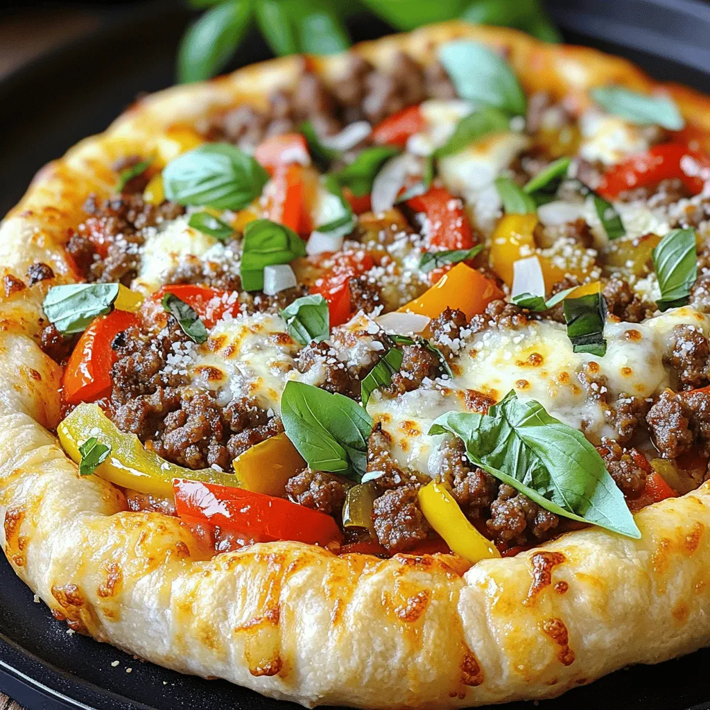 - Ground beef - Italian sausage - Mozzarella cheese - Parmesan cheese - Onion - Bell pepper The main ingredients for The Pizza Burger Pie create a rich and tasty dish. First, ground beef and Italian sausage combine for a perfect meat blend. This mix gives the pie its hearty flavor. Next, cheese plays a big role. Mozzarella brings that gooey texture, while Parmesan adds a sharp bite. Fresh vegetables like onion and bell pepper provide crunch and color. They balance out the richness of the meat and cheese. - Garlic powder - Italian seasoning - Salt - Pepper Good seasonings make all the difference in any recipe. For this pie, garlic powder boosts the flavor of the meat. Italian seasoning brings warmth and a hint of herbs. A sprinkle of salt and pepper enhances all the flavors, making each bite better. These simple seasonings ensure your pie tastes amazing. - Pizza dough (store-bought or homemade) - Pizza sauce - Olive oil The crust holds everything together, and pizza dough is key. You can use store-bought dough for quick prep or make your own for a fun touch. The pizza sauce adds moisture and flavor to the filling. Drizzling olive oil over the crust helps it brown and keeps it crispy. Using quality ingredients here sets the stage for a delightful meal. You can find the full recipe above to guide you through each step. 1. Cooking the meat mixture: Start by heating a large skillet over medium heat. Add 1 pound of ground beef and 1 pound of Italian sausage to the skillet. Use a spatula to break up the meat as it cooks. Brown it for about 6 to 8 minutes until it’s crumbled and no longer pink. Make sure to drain any extra fat. 2. Sautéing vegetables with seasonings: Next, add 1 small chopped onion and 1 diced bell pepper to the meat. Sprinkle in 1 teaspoon of garlic powder and 1 teaspoon of Italian seasoning. Season with salt and pepper to taste. Stir these ingredients together and cook for another 5 minutes. You want the veggies to be soft and fragrant. 1. Rolling out the pizza dough: On a lightly floured surface, roll out 1 pound of pizza dough into a large circle. Aim for about 12 to 14 inches in diameter. This will fit nicely into a 9-inch pie dish. 2. Layering ingredients in the pie dish: Carefully place half of the rolled dough into the dish. Press it firmly to cover the bottom and sides. Now, layer half of the 2 cups of shredded mozzarella cheese on top. Add the meat and vegetable mixture evenly over the cheese. Then, sprinkle 1/2 cup of grated Parmesan cheese. Finish with the rest of the mozzarella. 1. Oven temperature and baking time: Preheat your oven to 400°F (200°C). Bake the pie for 25 to 30 minutes. You want the crust to be golden brown and the cheese to bubble. 2. Cooling and slicing tips: After baking, let the pie cool for about 10 minutes before slicing. This cooling time helps the filling set a bit. Serve warm slices on plates. You can add fresh basil leaves on top for a nice touch. Enjoy your delightful family meal! For the complete recipe, check the earlier section. To ensure a crispy base, roll the dough thin. A thicker crust may lead to a soggy bottom. Bake it at a high temperature. This helps the crust cook fast and get that golden color. For sealing the top crust, press the edges firmly. This keeps the filling from leaking out. Use a fork to crimp the edges for a neat look. Add extra spices for depth. A pinch of red pepper flakes gives a nice kick. You can mix in some oregano or crushed garlic for more flavor. Fresh basil makes a great garnish. It adds color and a fresh scent. Just sprinkle it on top right before serving for the best taste. If you want a vegetarian option, swap out the meat. Use a mix of mushrooms, spinach, and zucchini instead. For cheese, try different types. Cheddar or gouda can add a unique twist. You can even use dairy-free cheese for a vegan version. Adjusting the cheese will change the flavor, so have fun with it! {{image_4}} You can switch up the meat in your Pizza Burger Pie. Ground turkey or chicken works well. These options are leaner but still tasty. If you prefer a meatless meal, try plant-based substitutes. There are many good meatless options available today. They give your pie great texture and flavor. You can also change the style of your pie. Add chunky veggies like mushrooms, zucchini, or spinach for a health boost. If you like spice, toss in spicy pepperoni. This adds a nice kick to your dish. You can even mix your favorite toppings to make it your own. Think about using regional flavors to inspire your pie. You can try a stuffed crust with cheese or herbs inside. This creates a fun surprise when you take a bite. Also, consider local toppings like jalapeños, olives, or even barbecue sauce. These toppings can give your Pizza Burger Pie a unique twist. Store leftover slices in the fridge. Use airtight containers to keep them fresh. This helps prevent moisture loss and keeps the flavors intact. If you place a paper towel inside, it will absorb extra moisture, keeping the crust from getting soggy. To freeze The Pizza Burger Pie, first let it cool completely. Wrap it tightly in plastic wrap and then place it in a freezer bag. Try to remove as much air as possible. When you want to enjoy it again, thaw it overnight in the fridge. Reheat it in the oven at 350°F (175°C) for about 20-25 minutes. This restores its crispy crust. You can store The Pizza Burger Pie in the fridge for about 3-4 days. If frozen, it will last up to 2-3 months. Always check for signs of spoilage. Look for a change in smell or color. If it looks or smells off, it’s best to throw it away. For more cooking tips, check out the Full Recipe. The Pizza Burger Pie is a fun twist on classic flavors. It combines pizza and burger elements into one delicious dish. This pie has layers of seasoned meat, gooey cheese, and savory sauce. It likely started as a way to mix two favorites into one meal. You can enjoy it with family or friends, making it a great choice for gatherings. Yes, you can prepare The Pizza Burger Pie ahead of time. Assemble the pie and cover it with plastic wrap. Store it in the fridge for up to 24 hours. When ready to eat, just bake it. You can also freeze it for later use. To reheat, bake it at 400°F (200°C) until warm. This way, you save time on busy days. The Pizza Burger Pie pairs well with many sides. Here are some great options: - Green salad: A simple salad adds freshness. - Garlic bread: Crunchy garlic bread adds flavor. - Veggie sticks: Carrots and celery provide a nice crunch. - Dipping sauces: Offer extra pizza sauce or ranch dressing. These sides create a balanced meal and enhance the pie's flavors. The Pizza Burger Pie combines ground beef, Italian sausage, cheese, and fresh veggies. We explored the key ingredients and the importance of seasonings. I shared simple steps for prepping, assembling, and baking. You learned tips for a crispy crust and flavor boosts. We discussed variations for different tastes and how to store leftovers. This dish is fun, tasty, and easy to make. You can impress family and friends with your pizza pie skills. Enjoy experimenting with flavors to create your perfect pie!
