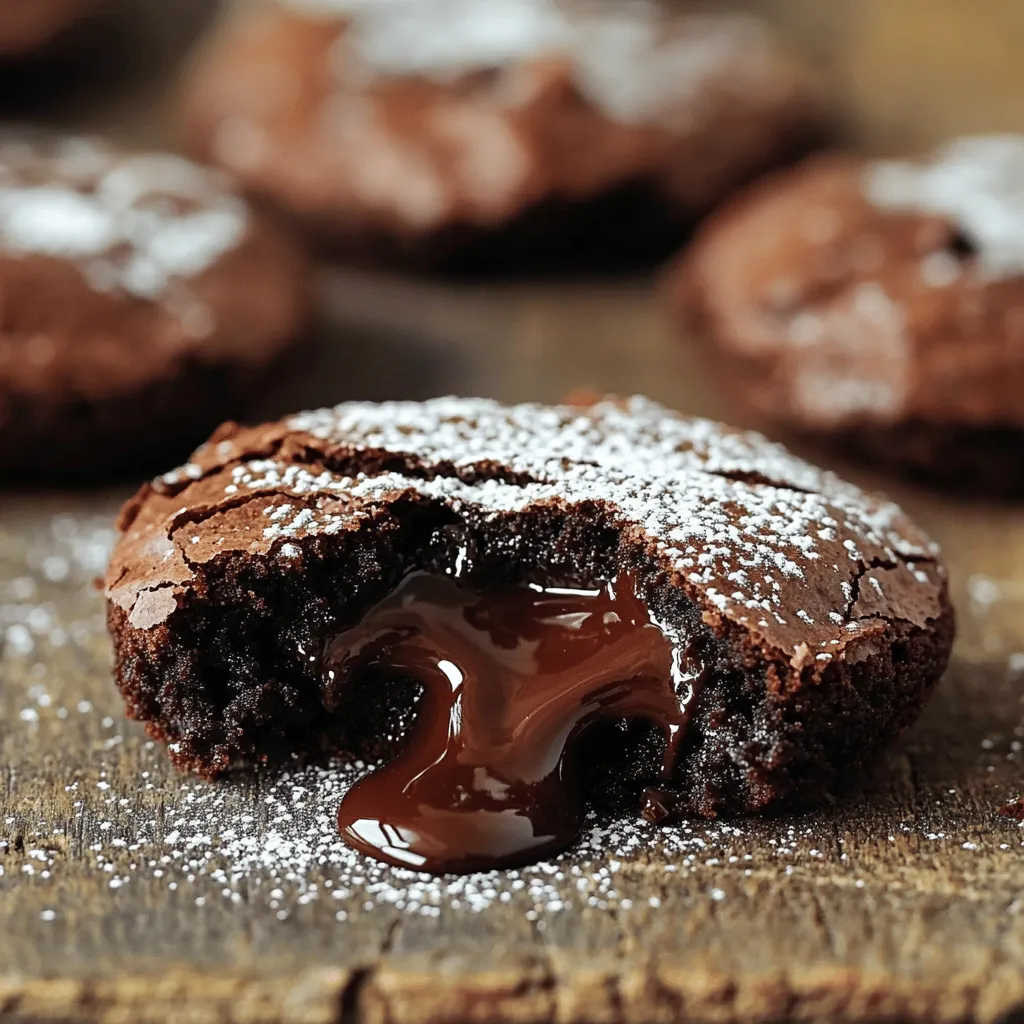 - 1 cup unsalted butter (2 sticks), melted - 1 cup granulated sugar - 1 cup packed brown sugar - 4 large eggs - 1 teaspoon vanilla extract - 1 ½ cups all-purpose flour - 1 cup unsweetened cocoa powder - 1 teaspoon baking powder - ½ teaspoon salt - 1 cup semi-sweet chocolate chips - ½ cup chopped milk chocolate or dark chocolate for the gooey lava center Gather all these ingredients before you start. This makes the process smooth and fun. The unsalted butter gives the cookies a rich taste. The mix of granulated and brown sugar adds sweetness and helps with texture. Eggs bind everything together, creating a soft, chewy cookie. Vanilla extract adds a lovely aroma and flavor. You will need flour and cocoa powder to form the cookie base. The baking powder helps the cookies rise a bit. Salt enhances the sweetness and balances the flavors. The chocolate chips and chopped chocolate create that gooey lava center. You can use either milk or dark chocolate based on your taste. Make sure to have everything ready. Having your ingredients out will help you follow the recipe easily. For the full recipe, check the details above. - Preheat your oven to 350°F (175°C). - Line a baking sheet with parchment paper. This helps with easy cleanup. - In a large bowl, combine melted butter with granulated and brown sugars. - Stir until the mixture is smooth. - Add four large eggs, one at a time. Mix well after each egg. - Finally, stir in one teaspoon of vanilla extract. - In a separate bowl, whisk together one and a half cups of flour, one cup of cocoa powder, one teaspoon of baking powder, and half a teaspoon of salt. - Gradually mix the dry ingredients into the wet mixture. Stir gently until just combined. - Fold in one cup of semi-sweet chocolate chips. - Use a tablespoon to scoop out some dough. Flatten it slightly in your palm. - Place a chunk of chopped milk or dark chocolate in the center. Wrap the dough around the chocolate. - Arrange the dough balls on the baking sheet, spacing them about two inches apart. - Bake in the preheated oven for 10-12 minutes. The edges should be set, but the centers need to stay soft. - Let the cookies cool on the baking sheet for five minutes. This helps them firm up before moving them to a wire rack. You can find the full recipe to follow these steps perfectly. To make the best Chocolate Lava Brownie Cookies, avoid overmixing the dough. When you mix too much, the cookies can become tough. Just stir until the dry and wet ingredients blend together. This keeps them soft and gooey. Adjust the baking time for those perfect gooey centers. Bake for 10 to 12 minutes. You want the edges to look set while the center stays soft. Remember, the cookies will continue to cook after you take them out. Enjoy your Chocolate Lava Brownie Cookies warm for the best taste. They shine on their own, but you can elevate them with ice cream. A scoop of vanilla ice cream pairs well with the rich chocolate. You can also add toppings like whipped cream or chocolate sauce for extra fun! For a beautiful touch, dust the cookies with powdered sugar. This adds a nice contrast to the dark chocolate. Consider serving them on a fancy plate or in a fun stack. You can also arrange them on a platter for parties. This makes them look even more inviting! For a unique twist, place a cookie in a bowl and add warm chocolate sauce over it. It’s a treat everyone will love! {{image_4}} You can switch out some ingredients to make your cookies unique. If you need gluten-free cookies, use almond flour or coconut flour instead of all-purpose flour. These flours give a nice texture while keeping the cookies soft. For the chocolate filling, try different types. Dark chocolate adds a rich taste, while milk chocolate brings sweetness. You can even use white chocolate for a fun twist. Each choice will change the flavor, making the cookies your own. Want to enhance your cookies? Add nuts like walnuts or pecans for crunch. You can also mix in chocolate chunks for extra gooeyness. For a coffee kick, add a teaspoon of espresso powder. This will deepen the chocolate flavor. If you prefer mint, a few drops of mint extract will make your cookies refreshing and cool. You can play with the size of your cookies too. For mini cookies, scoop out smaller portions of dough. Bake them for a shorter time, about 8-10 minutes. If you want cookie bars, spread the dough in a pan instead of scooping it. Cut them into squares after baking. This way, you have a different serving style that’s perfect for sharing. For the complete recipe, check out the Full Recipe section. To keep your cookies fresh, store them in an airtight container. This will help keep them soft and chewy. Place a piece of bread in the container to help maintain moisture. The cookies should stay fresh for about 5 to 7 days. If you want to enjoy them longer, freezing is a great option. To freeze your cookies, let them cool completely first. Then, place them in a single layer on a baking sheet. Freeze them for about 1 to 2 hours, or until solid. After that, transfer them to a freezer-safe bag or container. This method helps prevent sticking. You can freeze them for up to 3 months. When you want to enjoy a cookie, simply take it out. Let it thaw at room temperature for about 30 minutes. If you prefer warm cookies, you can reheat them in the oven at 350°F (175°C) for about 5 minutes. This will bring back that gooey center. Enjoy your Chocolate Lava Brownie Cookies anytime! To get that perfect gooey center, timing is key. Bake the cookies for 10-12 minutes. You want the edges firm but the center soft. If they look too set, take them out. The cookies will continue to cook a bit after you remove them. Also, keep the dough slightly thicker. This helps hold the gooey chocolate inside. Yes, you can make these cookies ahead of time. Prepare the dough and chill it in the fridge. This makes it easier to scoop and shape. You can store it for up to three days. When ready, bake them fresh. Just remember to add a minute or two to the baking time if the dough is cold. If you're missing an ingredient, don’t worry! You can swap some items easily. Use coconut oil instead of butter. If you lack eggs, try using applesauce or mashed bananas. You can also use any chocolate you have on hand for the gooey center. Just remember, these changes might slightly alter the taste. You can find pre-made Chocolate Lava Brownie Cookies at many grocery stores. Look in the bakery section or the frozen aisle. Many bakeries also sell them. If you prefer online shopping, check websites like Amazon or specialty dessert shops. Always read reviews to ensure you get a good product. These Chocolate Lava Brownie Cookies mix rich taste with easy steps. You learned about ingredients and how to bake them. Remember not to overmix for the best texture. These cookies can impress at any gathering or be a sweet treat for yourself. Try different flavors and storage tips for lasting enjoyment. Happy baking!