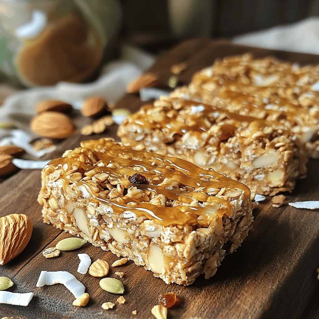 To make your own granola bars, gather the following: - 2 cups rolled oats - 1 cup mixed nuts (almonds, walnuts, pecans), roughly chopped - 1/2 cup seeds (pumpkin seeds and sunflower seeds) - 1/2 cup unsweetened coconut flakes - 1/2 cup honey or maple syrup (your choice of sweetener) - 1/4 cup almond butter or peanut butter (creamy or crunchy) - 1/2 teaspoon vanilla extract - 1/2 teaspoon ground cinnamon - 1/4 teaspoon fine sea salt - 1/2 cup dried fruits (such as raisins, cranberries, or apricots), roughly chopped You can easily swap ingredients to fit your taste or needs. Here are some options: - Oats: Quick oats or gluten-free oats work well. - Nuts: Use any nuts you love or seeds for a nut-free option. - Seeds: Chia seeds or flaxseeds can replace pumpkin or sunflower seeds. - Sweeteners: Agave syrup or brown rice syrup can replace honey or maple syrup. - Nut Butter: Sunflower seed butter is a great nut-free choice. - Dried Fruits: Fresh fruits or chocolate chips can add a fun twist. These homemade granola bars are not just tasty; they pack in nutrition too. Each bar offers: - Calories: About 150-200, depending on the ingredients used. - Protein: Generally around 5-7 grams per bar, thanks to nuts and seeds. - Fiber: Each bar has about 3 grams, helping you feel full. - Healthy Fats: Nuts and seeds provide good fats for energy. - Vitamins and Minerals: These bars are rich in magnesium, iron, and vitamin E. Making these bars at home is a great way to control what goes in them. Check the [Full Recipe] for all the steps and tips. Start by preheating your oven to 350°F (175°C). Grab an 8x8 inch baking pan. Line it with parchment paper, letting it hang over the sides. This will help you lift the bars out easily later. In a large mixing bowl, combine the following dry ingredients: - 2 cups rolled oats - 1 cup mixed nuts (chopped) - 1/2 cup seeds (pumpkin and sunflower) - 1/2 cup unsweetened coconut flakes - 1/2 teaspoon ground cinnamon - 1/4 teaspoon fine sea salt Mix well until everything is evenly blended. This mix brings texture and flavor to your bars. In a small saucepan, add: - 1/2 cup honey or maple syrup - 1/4 cup almond or peanut butter Heat this over low heat. Stir it continuously until it melts and becomes smooth. Once mixed, remove it from the heat. Then stir in: - 1/2 teaspoon vanilla extract This sweet mixture holds everything together. Pour the warm honey-nut mixture over your dry ingredients. Use a spatula to mix thoroughly, ensuring every piece is coated. Next, fold in: - 1/2 cup chopped dried fruits (like raisins or cranberries) Transfer this mixture to your prepared pan. Press it down firmly using the back of your spatula. Bake in the preheated oven for 20-25 minutes. Look for a golden brown edge and a set bar. After baking, cool the pan for 10 minutes. Use the parchment paper to lift the bars out. Let them cool on a wire rack. Once cool, cut them into bars or squares. Store your homemade granola bars in an airtight container. Enjoy this nutritious snack anytime! For the full recipe, check out the earlier section. To get the best texture, you need the right balance of wet and dry ingredients. If the mixture is too dry, your bars may crumble. If it’s too wet, they will not hold together. Aim for a sticky but thick mix. Press it firmly into the pan. This helps the bars stay together when baked. Cutting granola bars can be tricky. To make it easier, let the bars cool for about 10 minutes after baking. Use a sharp knife for clean cuts. If they stick, run the knife under hot water. This helps cut through without tearing them apart. For perfect squares, score the bars lightly before cutting all the way through. Granola bars are great on their own, but you can make them even better! Try serving them with yogurt and fresh fruit for breakfast. You can also pair them with nut butter for a quick snack. They are perfect for packing in lunchboxes or taking on hikes. Enjoy them with a cup of tea or coffee for a delightful treat. {{image_4}} You can play with flavors in your granola bars. Here are a few ideas: - Chocolate Chip Delight: Add 1/2 cup of dark chocolate chips. - Tropical Twist: Use dried pineapple and coconut for a sunny taste. - Spiced Pumpkin: Mix in 1/2 cup of pumpkin puree and pumpkin spice. Each flavor makes a unique bar that fits your mood. You can easily adjust this recipe for specific diets. For gluten-free bars, use certified gluten-free oats. If you need nut-free options, swap nuts for seeds. Sunflower seeds are a great option. You can also use sunflower seed butter instead of nut butter. These swaps keep your bars tasty and safe for everyone. To make your granola bars more filling, add protein or fiber. Try these options: - Protein Powder: Mix in 1/4 cup of your favorite protein powder. - Chia Seeds: Add 1/4 cup of chia seeds for fiber and omega-3s. - Flaxseeds: Include 1/4 cup of ground flaxseeds for extra nutrition. These small changes make a big difference in health and satisfaction. To keep your granola bars fresh, store them in an airtight container. This helps maintain their crunch. You can also wrap each bar in parchment paper. It adds a nice touch and keeps them from sticking. Place the wrapped bars in a resealable bag for extra protection. Make sure to keep them in a cool, dry place. Avoid direct sunlight, as it can make them stale. Homemade granola bars last about one week at room temperature. If you store them properly, they stay fresh longer. In the fridge, they can last up to two weeks. You will notice they may become firmer but still tasty. Always check for any signs of spoilage before eating. If they smell off or look unusual, it's best to toss them away. Freezing is a great way to extend the life of your granola bars. Wrap each bar tightly in plastic wrap. Then, place them in a freezer-safe bag. They can last up to three months in the freezer. When you're ready to eat one, just take it out and let it thaw at room temperature. You can also warm it up in the microwave for a few seconds. Enjoy your tasty snack anytime! For the full recipe, check out the Crunchy Nutty Granola Bars. To cut granola bars, first cool them completely. Once cooled, use a sharp knife. Cut with a gentle sawing motion. This helps avoid crushing them. Aim for even sizes, so they are easy to grab. If you want clean edges, chill them in the fridge for 30 minutes before cutting. Yes, you can swap honey for maple syrup or agave nectar. Both give a nice sweetness. If you want a lower sugar option, try brown rice syrup. Each sweetener may change the taste a bit, but the bars will still be tasty. Adjust the amount to match your sweet preference. To make chewy granola bars, add more sticky ingredients. Use more almond butter or peanut butter. You can also reduce baking time by a few minutes. This keeps them softer. Another tip is to add more dried fruits. They contribute moisture and chewiness, making every bite delightful. Absolutely! These granola bars make a great snack for kids. They are packed with nutrients and flavor. You can customize them by adding their favorite dried fruits. These bars are a fun and healthy treat, perfect for lunchboxes or after-school snacks. Enjoy making them together! Making homemade granola bars is simple and fun. We covered the key ingredients and how to mix them. I shared tips for perfect texture and cutting. You also learned about tasty variations and storage options. Remember, these bars are not just healthy; they are easy to customize. Try different flavors and ingredients to match your taste. Enjoy your granola bars fresh, chewy, or crunchy!