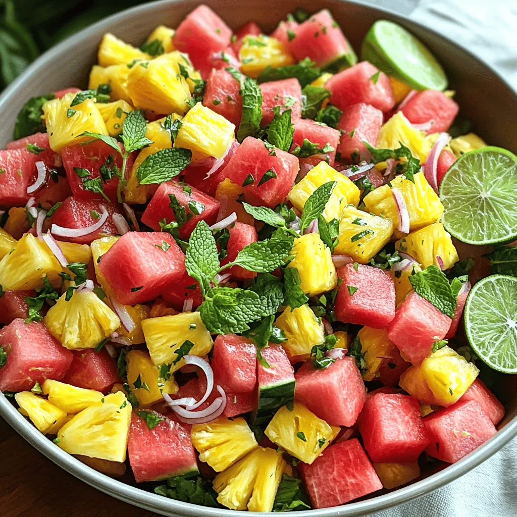 - 2 cups ripe watermelon, cut into 1-inch cubes - 1 cup fresh pineapple, diced into small pieces - 1/2 cup fresh mint leaves, finely chopped - 1/4 cup red onion, sliced thinly - 2 tablespoons freshly squeezed lime juice - 1 tablespoon honey (optional for added sweetness) - Salt and freshly ground black pepper, to taste - Mixing bowl - Small bowl for dressing - Whisk - Kitchen knife - Cutting board For this Watermelon Pineapple Salad, you need fresh and ripe ingredients. The watermelon shines bright with its juicy sweetness. Pineapple adds a tangy twist that complements it perfectly. The fresh mint leaves bring a burst of freshness, while red onion adds a bit of crunch and flavor. Lime juice brightens the mix, and honey can sweeten it further if you like. You will also need a few simple tools. A mixing bowl helps combine everything well. A small bowl is for mixing the dressing. A whisk makes it easy to blend the lime juice and honey. A sharp kitchen knife and a cutting board let you chop and slice the fruits and veggies safely. You can find the complete recipe in the full recipe section. Cutting watermelon and pineapple Start by cutting the watermelon. Use a sharp knife to slice it in half. Then, cut each half into thick wedges. Remove the rind and chop the fruit into 1-inch cubes. Next, take your fresh pineapple. Slice off the top and bottom. Stand it up and slice off the skin. Cut it into small pieces. Chopping mint leaves Now, grab your mint leaves. Rinse them under cold water to remove any dirt. Pat them dry with a paper towel. Stack a few leaves, roll them up, and chop them into fine pieces. This will add a fresh flavor to your salad. Slicing red onion Take a small red onion and cut off the ends. Slice it thinly. This adds a nice crunch and a bit of sharpness to the mix. Combining the fruits in a bowl In a large mixing bowl, add the watermelon and pineapple pieces. Gently toss them together. You want to keep the pieces whole and not mushy. Adding fresh herbs Next, fold in the chopped mint and sliced red onion. Be careful while mixing. You want everything to blend well without breaking the fruit. Whisking lime juice and honey In a small bowl, squeeze fresh lime juice. Add honey if you want a bit of sweetness. Use a whisk to mix them together well. This dressing will brighten up the salad. Drizzling over the salad Now, drizzle the lime-honey mixture over the salad. Toss everything gently to coat the fruit and herbs. Be sure not to crush the watermelon or pineapple. You can find the full recipe above, but remember to let the salad rest for 10 minutes before serving. This helps the flavors meld together. For a stunning look, choose a large, colorful bowl. A clear glass bowl shows off the bright colors of the salad. You can also use a wooden bowl for a rustic feel. Garnishing adds flair. Use sprigs of fresh mint to top the salad. Add lime wedges around the bowl for a fresh scent and a pop of color. Adjusting sweetness is key. Taste the salad. If it needs more sweetness, drizzle in a bit more honey. Remember, a little honey goes a long way. Seasoning matters too. A pinch of salt can bring out the flavors. Just a few cracks of black pepper can enhance the taste. Allow the flavors to meld. After mixing, let the salad sit for about 10 minutes. This rest time lets all the tastes blend together. You will enjoy a more delicious salad this way. For the full recipe, check out Tropical Watermelon Pineapple Delight. {{image_4}} You can mix in other fruits to make your salad even better. Try adding mango for a sweet twist. Strawberries and blueberries can also add color and flavor. These fruits all fit the tropical theme. They blend well with the watermelon and pineapple. You can create a fruit fiesta in your bowl! If you want a vegan option, you can swap honey for maple syrup. This keeps it sweet and plant-based. Also, this salad is naturally gluten-free. So, you can enjoy it without worry. Just make sure all your other ingredients are gluten-free too. This way, everyone can join the fun! To keep your watermelon pineapple salad fresh in the fridge, use a sealed container. Make sure it is airtight. This helps prevent the salad from absorbing odors from other foods. The salad will stay fresh for up to two days. Before serving again, check the fruit for any signs of spoilage. If it looks good, give it a gentle toss to mix flavors. Freezing fruit salad can change its texture. Watermelon and pineapple can get mushy when thawed. If you still want to freeze it, use a freezer-safe container. Store the salad for up to three months. To enjoy it later, let it thaw in the fridge overnight. You can use the thawed salad in smoothies or as a topping for yogurt. Got leftovers? Here are some fun ideas to repurpose your salad! Blend it into a refreshing smoothie. The flavors mix well with yogurt or a splash of coconut milk. You can also use it as a topping for pancakes or waffles. Alternatively, fold it into a simple green salad for added sweetness and color. Enjoy your creativity with these tasty options! You can add protein or grains to your salad. Here are some ideas: - Chickpeas: Add 1 cup of canned chickpeas for a nice boost. - Grilled chicken: Dice up 1 cup of grilled chicken for a hearty touch. - Quinoa: Mix in 1 cup of cooked quinoa for a chewy texture. - Feta cheese: Crumble 1/2 cup of feta cheese for creaminess and flavor. These additions make your salad more satisfying and nutritious. Plus, they blend well with the fresh fruits. Yes, you can make this salad ahead of time! Here are some best practices: - Chop fruits: Prepare your watermelon and pineapple up to 4 hours ahead. - Mint and onion: Add chopped mint and onion just before serving. - Dressing: Keep the dressing separate until you are ready to serve. - Storage: Store in an airtight container in the fridge. This way, your salad stays fresh and tasty, ready for your guests! Many dressings pair nicely with this salad. Here are some options: - Balsamic vinaigrette: Adds a sweet and tangy flavor. - Honey-lime dressing: Use more honey and lime for a sweeter kick. - Greek yogurt dressing: Mix yogurt with lime juice for a creamy option. These dressings can enhance the fruit flavors and make your salad pop. This salad pairs well with many dishes. Here are some ideas: - Grilled fish: Salmon or shrimp complements the fruity taste. - Tacos: Serve with fish or chicken tacos for a fun meal. - Rice dishes: Fluffy rice or a grain bowl can balance the meal. These options create a colorful and delicious dining experience for you and your guests. Enjoy the full recipe for Tropical Watermelon Pineapple Delight to bring this salad to your table! This blog post covered how to make a delicious watermelon and pineapple salad. We explored all the ingredients, tools, and steps needed. With simple tips for flavor and presentation, your salad will stand out. You can customize it with various fruits and enjoy it anytime. Remember to store any leftovers properly, so they stay fresh. This refreshing salad is perfect for warm days and social gatherings. Enjoy creating tasty meals that bring joy and nourishment!