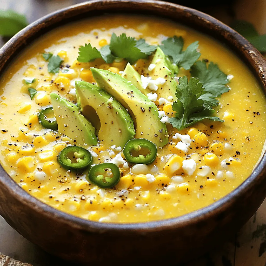 To make a great Mexican street corn soup, gather these key ingredients: - 4 ears of fresh corn, husked with kernels removed - 1 tablespoon extra-virgin olive oil - 1 small onion, finely diced - 2 cloves garlic, minced - 1 jalapeño pepper, seeded and finely diced - 4 cups vegetable broth - 1 cup creamy coconut milk - 1 teaspoon ground cumin - 1 teaspoon smoked paprika - Salt and freshly cracked black pepper, to taste - 1/4 cup fresh cilantro, chopped (plus more for garnish) - Juice of 1 lime - 1/2 cup crumbled feta cheese (optional but recommended) - 1 ripe avocado, diced (for garnish) Each ingredient plays a vital role in building flavor. The corn brings sweetness, while the garlic and onion add depth. The spices, cumin and paprika, give warmth and richness. You can enhance the soup with these optional ingredients: - 1 teaspoon chili powder for heat - 1/2 cup black beans for protein - 1/2 cup corn chips for crunch Adding these ingredients can elevate your soup. They add new textures and flavors that make it even more delightful. If you need substitutions, try these options: - Use chicken broth instead of vegetable broth for added flavor. - Swap coconut milk with heavy cream for a richer base. - Choose queso fresco instead of feta for a milder cheese. These substitutes can help you customize the soup. Each option still leads to a hearty and flavorful dish. For the full recipe, check out the earlier sections. Start by husking the fresh corn. Remove the kernels from the ears. Use a sharp knife for this task. You need about four ears of corn. Next, finely dice one small onion. Mince two cloves of garlic. For a little heat, seed and finely dice one jalapeño pepper. Set all these veggies aside. They will add great flavor to the soup. In a large pot, heat one tablespoon of extra-virgin olive oil over medium heat. When the oil is hot, add the diced onion and minced garlic. Sauté them for about five minutes. You want the onion to be soft and translucent. Stir often to keep them from burning. Then, add the diced jalapeño and corn kernels. Cook this mix for another three to four minutes. The corn should be slightly tender and fragrant. Next, sprinkle in one teaspoon each of ground cumin and smoked paprika. Stir well, allowing the spices to cook for about one minute. Carefully pour in four cups of vegetable broth. Stir to combine and bring to a rolling boil. Once boiling, reduce the heat and let it simmer for ten minutes. This helps the flavors meld. Now, blend the soup. You can use an immersion blender for this. Blend until creamy and smooth. If you want it silkier, transfer it in batches to a countertop blender. Just be careful with hot liquid. After blending, stir in one cup of creamy coconut milk and the juice of one lime. Season with salt and freshly cracked black pepper to taste. Heat through for another five minutes. Now, it’s ready to serve! Ladle the hot soup into bowls and garnish with extra cilantro, diced avocado, and crumbled feta cheese. Enjoy your flavorful Mexican Street Corn Soup! You can find the full recipe [here](Full Recipe). To make the best Mexican street corn soup, focus on fresh ingredients. Use fresh corn for a sweet taste and a great texture. When cooking, let the spices bloom. This means giving the cumin and paprika time to release their flavors. A squeeze of lime juice adds a burst of freshness. Taste as you go. Adjust the salt and pepper to your liking. If you want more heat, add extra jalapeño. For a creamier texture, blend longer. Aim for a smooth finish and a rich flavor. Store leftover soup in an airtight container. It can last in the fridge for 3 to 4 days. To freeze, pour it into freezer bags or containers. Make sure to leave space for expansion. When reheating, do it gently. Use a pot on low heat, stirring often. You can also use a microwave but heat in short intervals. Add a splash of coconut milk if the soup thickens too much. This keeps it creamy and delicious. Serve the soup hot in colorful bowls. Garnish with fresh cilantro and diced avocado. A sprinkle of feta cheese adds a nice touch. For added zest, drizzle extra lime juice on top. You can also serve crispy tortilla chips on the side for crunch. Enjoy it as a starter or pair it with a fresh salad for a full meal. For the full recipe, check the section above. {{image_4}} You can easily make Mexican Street Corn Soup vegan. Swap out the creamy coconut milk for any plant-based milk. Omit the feta cheese or use a vegan cheese instead. This keeps the soup rich and creamy without dairy. You still get that wonderful taste of corn and spices that everyone loves. If you want a spicy kick, add more jalapeños or some diced serrano peppers. You might also try a dash of hot sauce for extra heat. For a smoky flavor, add chipotle peppers in adobo sauce. This adds depth and makes the soup really pop. To make this soup low-carb, replace the corn with zucchini or cauliflower. You can also skip the coconut milk and use a low-carb broth. Both options keep the soup tasty while cutting down on carbs. This way, you can enjoy a healthier version without losing flavor. For the full recipe, check out the detailed steps to make this hearty and flavorful dish. After you enjoy your Mexican street corn soup, let it cool. Use an airtight container to store it. Place it in the fridge. It will stay fresh for about three to four days. For best taste, eat it sooner rather than later. You can freeze this soup for later! Make sure it cools down first. Pour the soup into freezer-safe bags or containers. Leave some space at the top for expansion. It can last up to three months in the freezer. Just label the bags with the date. When you're ready to eat the soup again, thaw it in the fridge overnight. You can also use the microwave or stovetop. For the microwave, heat in a bowl for about 2-3 minutes. Stir halfway through. If using the stovetop, heat in a pot over medium heat. Stir often to avoid sticking. Add a splash of water or broth if it seems thick. Enjoy your hearty soup! For the full recipe, check out the earlier sections. You can serve Mexican Street Corn Soup with many tasty sides. A fresh salad pairs well. Try a simple green salad with lime vinaigrette. You can also enjoy it with warm tortillas or chips. They add a nice crunch. If you want something hearty, grilled chicken or shrimp works great too. For a complete meal, serve it with Mexican rice. Yes, you can make this soup in advance. It stores well in the fridge. Once cooled, put it in an airtight container. It will stay fresh for up to three days. Reheat it on the stove over medium heat. If the soup seems thick, add a bit of vegetable broth or water. This keeps it creamy and smooth. The spice level depends on how you prepare it. The jalapeño adds a nice kick. If you want it milder, remove the seeds. You can also use less jalapeño. For more spice, add a pinch of cayenne pepper or use a hotter pepper. Taste as you go, so you get the right heat for you. Enjoy the flavor without the burn! In this blog post, we explored the essential and optional ingredients for Mexican Street Corn Soup. I shared step-by-step instructions, tips for flavor, and variations to fit any diet. We also covered storage options and answered common questions to guide you. Enjoy making this soup your own. Whether you go classic or add a twist, have fun with it!