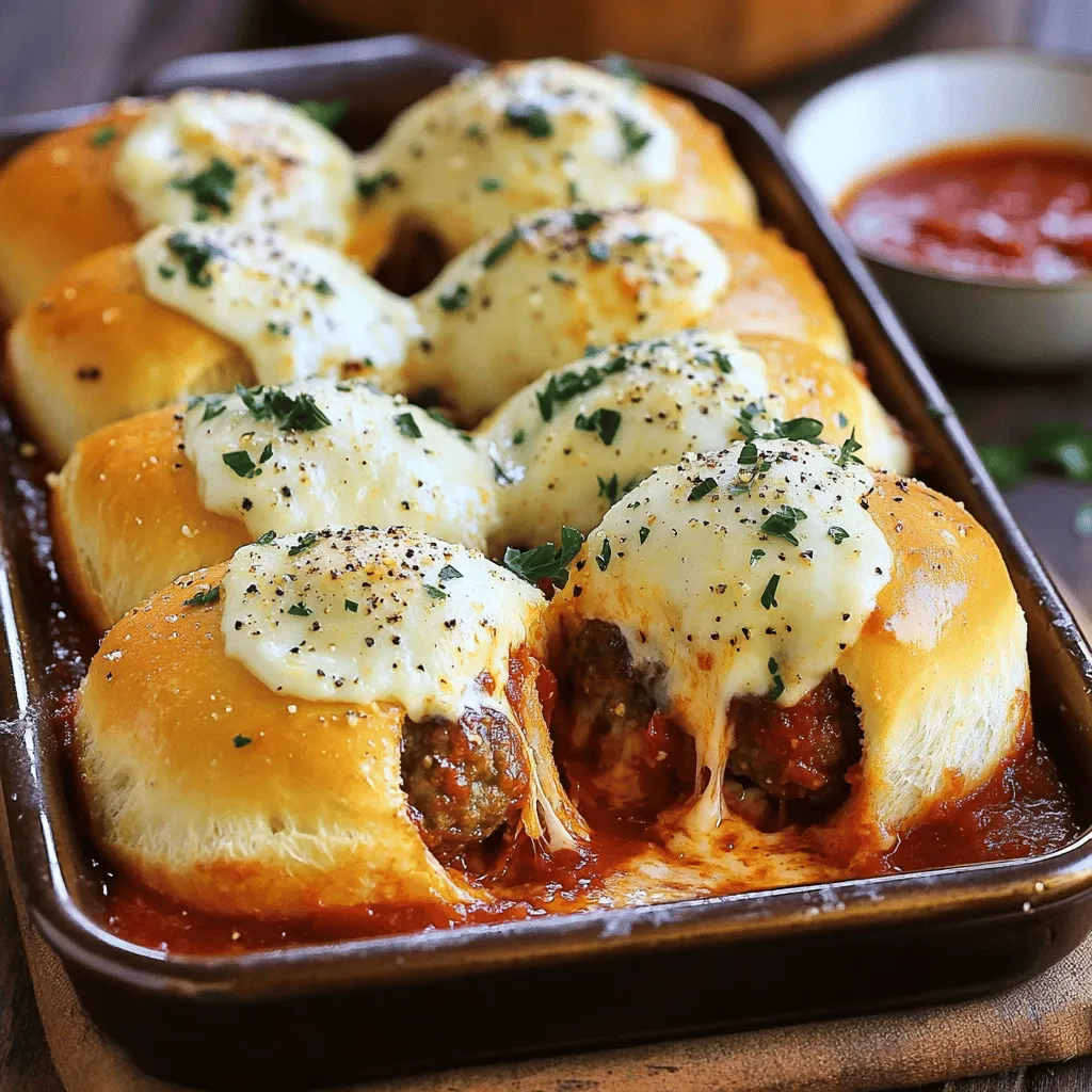 - 12 small dinner rolls (Hawaiian rolls recommended) - 1 pound ground beef - 1/4 cup breadcrumbs - 1/4 cup grated Parmesan cheese - 1/4 cup chopped fresh parsley - 1 large egg, beaten - 2 teaspoons garlic powder - 1 teaspoon onion powder - Salt and pepper, to taste - 1 jar marinara sauce (approximately 24 oz) - 1/2 cup shredded mozzarella cheese - 1/2 cup unsalted butter, melted - 4 cloves garlic, minced - 1/4 cup grated Parmesan cheese (for topping) - Fresh parsley, chopped (for garnish) These ingredients are the key to making pull-apart meatball sliders with garlic Parmesan butter. Each item plays a role in creating the flavors and textures that make this dish so special. The small dinner rolls are soft and sweet, perfect for holding everything together. Ground beef gives the sliders their hearty filling. Breadcrumbs help bind the meatballs while keeping them tender. The grated Parmesan cheese adds a rich, nutty flavor, and parsley brightens the dish. The egg helps to hold the meatballs together. Garlic and onion powders give depth to the meat's taste. Marinara sauce adds moisture and tang, while mozzarella cheese brings that gooey, melty goodness. The garlic Parmesan butter is the star topping that gives these sliders a savory kick. Garnishing with fresh parsley adds a splash of color and freshness. When you follow the full recipe, you’ll enjoy a delightful slider that’s perfect for sharing. - Preheat the oven to 350°F (175°C). - In a large bowl, combine the ground beef, breadcrumbs, 1/4 cup grated Parmesan cheese, chopped parsley, beaten egg, garlic powder, onion powder, and a good pinch of salt and pepper. Mix well until everything is combined. - Shape the mixture into small meatballs, about 1 inch wide. Place them on a lined baking sheet. Bake these meatballs for 18-20 minutes until they are cooked and browned. - While the meatballs bake, let's prepare the garlic Parmesan butter. In another small bowl, mix the melted butter, minced garlic, and 1/4 cup grated Parmesan cheese until it’s all combined. - Once the meatballs are done, take a sharp knife and slice each dinner roll in half. Make sure not to cut all the way through. - Arrange the bottom halves of the rolls in a greased 9x13 inch baking dish. Spoon marinara sauce over each bottom half. Then, layer the baked meatballs on top. - Drizzle more marinara sauce over the meatballs. Sprinkle shredded mozzarella cheese on top for that melty touch. - Place the top halves of the rolls back on. Use a pastry brush to coat the tops with the garlic Parmesan butter. - Cover the dish with aluminum foil and bake for 15 minutes. Remove the foil and bake for another 10 minutes until the cheese is bubbly and the tops are golden. - Finally, take them out of the oven and garnish with chopped parsley. Serve these sliders warm for a treat everyone will love. For the full recipe, check the details above. To ensure your meatballs are juicy, use a mix of beef and breadcrumbs. This helps keep them moist. You should also avoid overmixing the meat. Mixing too much can make the meatballs tough. Aim for a gentle fold to keep that tender bite. Add spices like Italian herbs for extra zing. A pinch of red pepper flakes can bring warmth, too. You can also experiment with different toppings. Try adding sliced jalapeños or roasted red peppers for a fun twist. For a beautiful presentation, serve the sliders right from the baking dish. This gives a homey touch. You can place a small bowl of marinara sauce on the side for dipping. Adding decorative toothpicks to each slider makes it easier for guests to grab one. These simple tips elevate your meal and delight your guests. Don’t forget to check out the Full Recipe for more details! {{image_4}} You can switch ground beef for ground turkey or chicken. Both options are leaner but still tasty. They will keep your sliders light while still filling. If you're looking for a vegetarian option, try using plant-based meatballs. Many brands offer delicious meatless meatballs that mimic the texture and taste perfectly. While mozzarella is a classic choice, feel free to mix it up. You can use provolone, gouda, or even cheddar for a sharp twist. Adding flavored cheeses, like pepper jack or smoked gouda, can bring a unique taste to your sliders. Experimenting with cheese can elevate your dish to a new level. The type of roll you use can change the whole feel of your sliders. Try brioche or ciabatta rolls for a richer flavor. For those needing gluten-free options, many brands now offer gluten-free rolls that work well. Whatever you choose, make sure the rolls can hold the weight of the meatballs and sauce without getting soggy. After your sliders cool down, store them in an airtight container. This keeps them fresh. If you plan to eat them within three days, refrigerate them. For longer storage, freeze them. Just wrap each slider in plastic wrap, then place them in a freezer bag. This way, they won’t get freezer burn. To reheat your sliders, use an oven for the best results. Preheat it to 350°F (175°C). Place the sliders on a baking sheet and cover them with foil. This prevents them from drying out. Heat for about 10-15 minutes. You can also use a microwave, but this may make the bread soggy. In the fridge, your sliders will last about three days. If you freeze them, they can stay good for up to three months. Check for signs of spoilage, like a strange smell or mold. If you see any, don’t eat them. Always trust your senses. Enjoy making and sharing the Full Recipe! How to make Pull-Apart Meatball Sliders? To make these sliders, start by mixing ground beef, breadcrumbs, and seasonings. Shape the mixture into small meatballs. Bake them until browned. Slice your rolls and place them in a baking dish. Add marinara sauce, meatballs, and cheese. Brush garlic Parmesan butter on top. Bake until everything is hot and bubbly. This recipe is easy and fun! Can I make this recipe ahead of time? Yes, you can prepare the meatballs and garlic butter in advance. Store them in the fridge. Assemble the sliders later and bake them when you are ready. This way, you save time during your event. What can I serve with meatball sliders? Meatball sliders pair well with a crisp salad or crispy fries. You can also serve them with extra marinara sauce for dipping. Pickles or coleslaw add a nice crunch. What can I substitute for breadcrumbs? If you need a substitute for breadcrumbs, use crushed crackers or rolled oats. You can also grind up stale bread for a quick fix. These options work well for binding. Can I use a different type of cheese? Absolutely! You can use provolone, cheddar, or even feta cheese. Each will add a unique flavor to the sliders. Try different cheeses to find your favorite. How do I adjust cooking time for larger batches? If you make more sliders, increase the baking time. Check the meatballs for doneness after 5-10 extra minutes. Always ensure the internal temperature reaches 165°F. What if I don't have garlic powder? If you don’t have garlic powder, use fresh minced garlic instead. You can add one clove of garlic for every teaspoon of powder. This will give your sliders a strong garlic flavor. This blog post covered a delicious recipe for meatball sliders. We explored the key ingredients, step-by-step instructions, and tips for perfecting your dish. You learned about variations with different meats, cheeses, and bread. We also discussed storage and reheating methods to keep your sliders fresh. Remember, cooking is about having fun and experimenting. Don’t hesitate to make the recipe your own. Enjoy your meal and share it with friends and family! Your tasty sliders await.