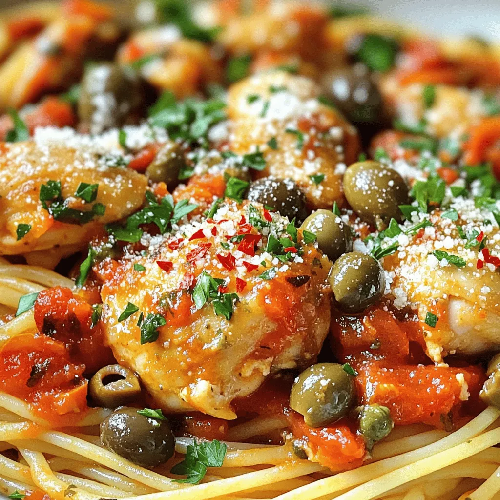 To make Chicken Puttanesca, gather these fresh ingredients: - 500g boneless, skinless chicken thighs, diced into bite-sized pieces - 2 tablespoons extra virgin olive oil - 4 cloves garlic, finely minced - 1 teaspoon crushed red pepper flakes (adjust to preference) - 1 can (400g) diced tomatoes, preferably with herbs - 1/2 cup kalamata olives, pitted and coarsely chopped - 2 tablespoons capers, rinsed and drained - 1 tablespoon dried oregano - Salt and freshly ground black pepper to taste - 300g spaghetti or your preferred pasta - Fresh parsley, roughly chopped, for garnishing - Grated Parmesan cheese, for serving (optional) You can mix things up with these optional ingredients: - Fresh basil for a fragrant touch - Red wine for deeper flavor - Zucchini or bell peppers for more veggies Prepare your kitchen with these tools: - Large pot for boiling pasta - Large skillet for cooking chicken and sauce - Colander for draining pasta - Wooden spoon for stirring - Chef’s knife and cutting board for chopping ingredients To start, fill a large pot with water and add salt. Bring the water to a rolling boil. Once it boils, add 300g of spaghetti or your favorite pasta. Cook it for 8 to 10 minutes or until it's al dente. Remember, we want it firm, not mushy. After cooking, drain the pasta in a colander. Save about a cup of the starchy water for later. Next, grab a large skillet and heat 2 tablespoons of olive oil over medium heat. While the oil heats, season 500g of diced chicken thighs with salt and black pepper. Once the oil is hot, add the chicken to the skillet. Cook for about 5 to 7 minutes. Stir often to ensure it browns nicely. When it's fully cooked, take the chicken out and set it aside on a plate. In the same skillet, reduce the heat slightly. Add 4 cloves of minced garlic and 1 teaspoon of crushed red pepper flakes. Sauté for about 1 minute, stirring constantly. The garlic should smell amazing but not turn brown. Now, pour in 1 can of diced tomatoes, 1/2 cup of chopped kalamata olives, 2 tablespoons of capers, and 1 tablespoon of dried oregano. Mix well and let it simmer for 7 to 10 minutes. This helps the flavors blend. It's time to bring it all together. Return the cooked chicken to the skillet. Mix it well with the sauce. If the sauce is too thick, add some of that reserved pasta water until it reaches the right consistency. Now, add the drained spaghetti directly into the skillet. Toss everything together gently for a couple of minutes. Make sure the pasta is coated in that tasty sauce. Taste and adjust the seasoning with salt and pepper if needed. To serve, scoop the spicy Chicken Puttanesca onto plates. Garnish with roughly chopped fresh parsley and, if you like, add some grated Parmesan cheese on top. This dish pairs great with a side of crusty bread. It’s perfect for scooping up the delicious sauce. Enjoy the blend of flavors! To get juicy chicken, use boneless, skinless thighs. They stay moist and flavorful. Dice them into small pieces for even cooking. Heat the olive oil in a skillet over medium heat. Season the chicken well with salt and pepper. Cook it for 5-7 minutes, stirring often. Look for a golden brown color. This shows the chicken is cooked well. Always check if it’s no longer pink inside. The sauce is key to Chicken Puttanesca. Start by adding garlic and crushed red pepper flakes. Sauté them until fragrant. This step boosts the flavor. Next, add canned diced tomatoes, olives, and capers. The tomatoes bring sweetness, while olives and capers add saltiness. Use dried oregano for a touch of earthiness. Let the sauce simmer for 7-10 minutes. This melds all the flavors together. If it’s too thick, add some pasta water. This helps blend it perfectly. Avoid overcooking the chicken; it can become dry. Don’t skip the resting time after cooking. This helps retain moisture. Be careful not to burn the garlic, as it turns bitter. Also, taste the sauce before serving. Adjust seasoning as needed. If you find it too salty, add a pinch of sugar. This can balance the flavors. For a great meal, follow these tips and enjoy this spicy Chicken Puttanesca! For more details, check the Full Recipe. {{image_4}} If you want a vegetarian version of Chicken Puttanesca, swap the chicken for hearty mushrooms. They add a nice texture. You can also use eggplant or zucchini. These veggies soak up the sauce well and keep the dish tasty. You can follow the same steps in the full recipe, just replacing the chicken. Want to boost the nutrition? Toss in more vegetables! Spinach or kale works great. Add them during the sauce step, letting them wilt. Bell peppers or artichokes also mix well. They will add color and crunch. Always remember to cut them small for even cooking. To spice things up, try adding more herbs and spices. Basil pairs nicely with the flavors. For a smoky twist, add a bit of smoked paprika. If you love heat, consider more crushed red pepper flakes. Always taste as you go to keep the balance right. Each tweak can make your dish unique and exciting! Store leftover Chicken Puttanesca in an airtight container. Let it cool to room temperature first. It keeps well in the fridge for up to three days. If you want to keep it longer, consider freezing it. To reheat, you can use the stovetop or microwave. For the stovetop, place it in a pan over low heat. Add a splash of water or broth to keep it moist. Stir often until heated through. In the microwave, heat in short bursts. Stir between each burst to ensure even heating. To freeze Chicken Puttanesca, let it cool completely. Then, transfer it to a freezer-safe container. Make sure to leave some space at the top, as the sauce may expand. It can be frozen for up to three months. When ready to eat, thaw overnight in the fridge before reheating. Chicken Puttanesca is a savory dish that mixes chicken with a bold sauce. The sauce has tomatoes, olives, and capers. It is hearty and packed with flavor. This dish often features pasta, making it a complete meal. The origins are Italian, and it offers a unique twist on traditional Puttanesca, which usually uses fish. Yes, you can choose many types of pasta. While spaghetti is common, penne or fusilli also work well. Select any shape you enjoy. Just cook it according to the package directions. The key is to ensure it pairs well with the rich sauce. The spice level depends on the red pepper flakes you use. The base recipe calls for one teaspoon. If you like more heat, add more flakes. You can also skip them if you prefer a milder dish. It offers flexibility to suit your taste. Yes, you can prepare parts of the dish in advance. Cook the chicken and sauce, then store them separately. This way, you can quickly combine them with pasta later. Just reheat before serving. It saves time on busy days. For a detailed guide, check out the Full Recipe. Here are some tips: - Use fresh ingredients for the best flavor. - Taste the sauce as you cook to adjust seasoning. - Don't overcook the chicken; it should stay juicy. - Garnish with fresh parsley for a pop of color and taste. Chicken Puttanesca is a tasty dish with rich flavors and simple steps. We covered key ingredients, tools, and how to cook everything perfectly. I shared tips to avoid mistakes and make it your own. You can even try vegetarian options or add veggies for health. Remember to store leftovers properly for later enjoyment. Cooking should be fun and rewarding, so don’t hesitate to get creative. Enjoy every bite and impress your friends with your skills!