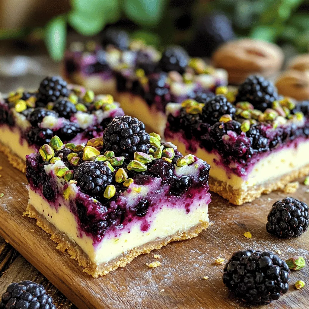 - 1 ½ cups all-purpose flour - ½ cup unsalted butter, melted - ⅓ cup granulated sugar - ¼ teaspoon salt - 1 cup fresh blackberries, plus extra for garnish - ½ cup unsalted pistachios, roughly chopped - 1 cup sweetened condensed milk - 1 teaspoon pure vanilla extract - 2 large eggs - 1 tablespoon fresh lemon juice - ¼ teaspoon baking powder In making Blackberry Pistachio Dream Bars, each ingredient plays a vital role. The all-purpose flour helps create a sturdy crust. Unsalted butter adds richness and binds the crust together. Granulated sugar brings sweetness, while salt enhances all the flavors. Fresh blackberries are the star of this recipe. They add a burst of tartness that balances the sweetness of the bars. Pistachios provide a delightful crunch and a hint of nuttiness. The sweetened condensed milk gives a creamy filling that holds everything perfectly. Lemon juice brightens up the flavors, making each bite fresh and zesty. The eggs help set the filling, giving it a soft, smooth texture. Lastly, the baking powder ensures that the bars rise just right during baking. - Fresh blackberries for garnish - Additional chopped pistachios Garnishes not only make these bars look appealing but also add more flavor. A few fresh blackberries on top add color and freshness. Chopped pistachios sprinkled on top provide extra crunch and a pop of color. These simple garnishes elevate the presentation and taste of your Blackberry Pistachio Dream Bars. For the full recipe, check the details provided above. Preheat your oven to 350°F (175°C). This sets the stage for even baking. Next, grab an 8x8 inch baking dish. Lightly grease it and line it with parchment paper. Make sure some paper hangs over the edges. This helps you lift the bars out later. In a medium bowl, mix these ingredients: - 1 ½ cups all-purpose flour - ½ cup unsalted butter, melted - ⅓ cup granulated sugar - ¼ teaspoon salt Stir until a crumbly dough forms. Press this mixture evenly into the bottom of your baking dish. This step creates a solid crust for your bars. In a separate bowl, fold together: - 1 cup fresh blackberries - ½ cup unsalted pistachios, roughly chopped Be gentle; you want to keep the blackberries whole. Set this aside for later. Now, whisk together the filling ingredients: - 1 cup sweetened condensed milk - 2 large eggs - 1 teaspoon pure vanilla extract - 1 tablespoon fresh lemon juice - ¼ teaspoon baking powder Mix until smooth and well combined. Carefully fold the blackberry and pistachio mixture into the sweetened condensed milk mixture. This helps spread the fruit evenly. Pour the filling over your pre-baked crust. Use a spatula to spread it out evenly. Return the dish to the oven and bake for 25-30 minutes. The edges should look set. The center may jiggle slightly but should not be wet. Once baked, let the bars cool completely in the pan. Lift them out using the overhanging parchment paper. Place them on a cutting board and cut them into squares or bars. Enjoy your delicious Blackberry Pistachio Dream Bars! For the full recipe, check out the details above. To bake these bars evenly, keep a close eye on your oven temperature. An oven thermometer helps ensure accuracy. Place your baking dish in the center of the oven. This spot gets the best heat circulation. Check for doneness around the 25-minute mark. The edges will look set, but the center will jiggle slightly. Do not overbake. Overbaking makes the bars dry. These bars pair well with a cold glass of milk or a warm cup of tea. A dollop of whipped cream on top adds a nice touch. If you want to make them extra special, drizzle some honey or chocolate sauce over the bars. When slicing, use a sharp knife for clean cuts. Wipe the knife between cuts to keep the edges neat. You can cut them into small squares or larger rectangles depending on your serving needs. Add a pinch of cinnamon or nutmeg for a warm spice flavor. These spices work well with the tartness of the blackberries. For a citrus twist, try adding a bit of orange zest to the filling. If you find the bars too sweet, reduce the sugar a bit. You can also use less sweetened condensed milk. Adjusting these levels helps match your taste. {{image_4}} You can change the fruit in these bars. Raspberries add a tart kick. Blueberries bring a sweet flavor. Both options work well in this recipe. You can also use seasonal fruits. Peaches or cherries in summer make a tasty choice. Apples or pears in fall offer a warm touch. This way, you can enjoy these bars year-round. If you want to switch up the nuts, try almonds or walnuts. Almonds give a nice crunch. Walnuts add a rich, earthy taste. You can also go nut-free. Use sunflower seeds or pumpkin seeds instead. This keeps the texture while making it safe for those with allergies. You can make these bars to fit your diet. For gluten-free options, use almond flour or oat flour. Both create a great crust. If you need vegan substitutes, try coconut milk instead of sweetened condensed milk. Use flax eggs instead of regular eggs. These swaps keep the bars tasty and enjoyable for everyone. Check out the Full Recipe for more details. To keep your Blackberry Pistachio Dream Bars fresh, you have two main options: refrigerating or freezing. - Refrigerating: Store the bars in an airtight container in the fridge. This keeps them cool and fresh for up to a week. - Freezing: If you want to save some for later, freezing is a great option. Wrap the bars tightly in plastic wrap and place them in an airtight container. They can last for up to three months this way. Using airtight containers is key. They help prevent moisture and air from affecting the texture and flavor of your bars. In the fridge, your Blackberry Pistachio Dream Bars will stay fresh for about 5 to 7 days. In the freezer, they can last for about three months. Keep an eye out for signs of spoilage: - If you notice any mold or off-smells, it's time to toss them. - A change in texture may also indicate they're not good anymore. Storing them properly ensures you can enjoy this delicious treat at its best! For the full recipe, check back to the main article. You can prepare these bars a day or two in advance. Start by making the crust and filling as directed in the Full Recipe. After baking, let the bars cool completely. Wrap them tightly in plastic wrap or foil. This keeps them fresh. Store them in the fridge until you're ready to serve. Yes, these bars freeze well! After cooling, cut them into squares. Place the bars in a single layer on a baking sheet. Freeze them for about an hour. Then, transfer them to an airtight container. You can stack layers with parchment paper in between. To thaw, leave them in the fridge overnight or at room temperature for a few hours. For clean slices, use a sharp knife. First, score the top lightly with a knife where you want to cut. This guides your cuts. Dip the knife in hot water, then wipe it dry before cutting. This helps make smooth cuts. Wipe the knife after each slice for the best results. Yes, you can use frozen blackberries! However, they may release more juice than fresh ones. This can make the filling slightly wetter. To reduce excess moisture, thaw and drain the blackberries first. Then, gently fold them into the filling. The flavor will still be delicious! You learned how to make delicious Blackberry Pistachio Dream Bars from scratch. We covered key ingredients, step-by-step baking, and tips for success. Remember, you can adjust the recipe with different fruits or nuts to fit your taste. Storing these treats properly keeps them fresh longer. Whether you share them or enjoy them yourself, these bars bring joy to any table. Dive in and enjoy making these delightful treats!