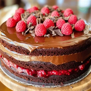 - 1 ¾ cups all-purpose flour - 1 ½ cups granulated sugar - ¾ cup unsweetened cocoa powder - 1 ½ teaspoons baking powder - 1 ½ teaspoons baking soda - 1 teaspoon salt - 2 large eggs, at room temperature - 1 cup whole milk, at room temperature - ½ cup vegetable oil - 2 teaspoons pure vanilla extract - 1 cup boiling water - 1 cup fresh raspberries (plus extra for decoration) - ½ cup dark chocolate chips Gathering the right ingredients is key for a great chocolate raspberry cake. The flour gives the cake structure, while sugar adds sweetness. Cocoa powder provides that rich chocolate flavor we all love. Baking powder and baking soda help the cake rise, making it light and fluffy. You need eggs for moisture and to bind everything together. Milk adds creaminess, while vegetable oil keeps the cake moist. Pure vanilla extract enhances the flavor. Boiling water helps to dissolve the cocoa and gives the cake a tender crumb. Fresh raspberries add a burst of tartness, and dark chocolate chips bring extra richness and texture. - Mixing bowls and electric mixer - 9-inch round cake pans - Spatula and wire racks Having the right tools makes baking easier and more fun. Use mixing bowls to combine your ingredients. An electric mixer is great for quickly blending the batter. Round cake pans help shape the cake perfectly. A spatula is useful for folding in raspberries and chocolate chips without breaking them. Lastly, wire racks allow the cakes to cool evenly, which prevents sogginess. - Gluten-free alternatives - Vegan substitutions If you want a gluten-free cake, use a gluten-free flour blend. This swap works well and keeps the texture light. For a vegan version, replace eggs with flaxseed meal mixed with water or applesauce. Use almond or soy milk in place of whole milk, and choose a vegetable oil that fits your diet. This way, everyone can enjoy a slice of this tasty cake! First, preheat your oven to 350°F (175°C). This step is key for even baking. Next, grab two 9-inch round cake pans. Grease them well with butter or cooking spray. This helps the cakes come out easily. After greasing, dust the pans lightly with flour. Tap out the excess flour. This step ensures no cake sticks to the pan. Now, let’s mix the batter. In a large bowl, sift together the dry ingredients. Combine 1 ¾ cups of flour, 1 ½ cups of sugar, ¾ cup of cocoa powder, 1 ½ teaspoons of baking powder, 1 ½ teaspoons of baking soda, and 1 teaspoon of salt. Mix these until they look airy. Next, add the wet ingredients. Crack in 2 large eggs, pour in 1 cup of whole milk, and add ½ cup of vegetable oil. Don’t forget 2 teaspoons of vanilla extract. Beat these together with an electric mixer on medium speed for about 2 minutes. The batter should be smooth and well mixed. Now, it’s time to add the boiling water. Carefully pour in 1 cup of boiling water. Stir gently until the batter is thin and mixed well. Trust me, the runny texture is just right. Finally, fold in 1 cup of fresh raspberries and ½ cup of dark chocolate chips with a spatula. Be gentle to keep the raspberries whole. Next, divide your batter evenly between the two prepared pans. Give each pan a gentle tap on the counter to release air bubbles. Place the pans in your preheated oven. Bake for 30-35 minutes. Check for doneness by inserting a toothpick into the center. If it comes out clean, your cakes are ready. After baking, remove the cakes from the oven. Let them cool in the pans for about 10 minutes. Then, move them to wire racks to cool completely. You can find the full recipe for more detailed steps. Using room temperature ingredients makes a big difference. It helps the batter mix well. Cold eggs or milk can lead to lumps. Always take them out early to warm up. When adding raspberries and chocolate chips, do it gently. Use a spatula to fold them in. This keeps the raspberries whole and juicy. Overmixing can break them and make the cake dense. Chocolate frosting pairs perfectly with this cake. You might also try cream cheese frosting for a tangy twist. Both add rich flavors that complement the chocolate. For decoration, use fresh raspberries on top. You can also sprinkle chocolate shavings for a fancy touch. Arrange the raspberries in a circle for a beautiful look. One common mistake is overmixing the batter. This can make your cake tough. Mix just until combined for a light texture. Another mistake is not cooling the cakes properly. Let them cool in the pans for ten minutes. Then transfer them to wire racks to cool completely. This prevents sogginess and helps the layers stay intact. For the [Full Recipe], dive into these tips for a perfect bake! {{image_4}} You can add espresso powder to the batter for a mocha twist. Just one tablespoon will do. It gives a deep, rich flavor that pairs well with chocolate and raspberries. You can also swap in other fruits. Strawberries and blueberries work great in this cake. They add a fresh taste and look beautiful. If you want to change up the frosting, consider cream cheese frosting. It adds a tangy flavor that contrasts nicely with chocolate. Another option is whipped ganache. It’s rich and creamy, perfect for chocolate lovers. You can also try buttercream for a sweet and smooth finish. To make mini cakes, use a cupcake pan or a 6-inch cake pan. Fill each cup or pan with batter, but don’t overfill. Bake the cupcakes for about 18-20 minutes. For a small cake, check it at 25-30 minutes. The cakes are ready when a toothpick comes out clean. These mini versions are perfect for parties or individual treats. For the full recipe, check out my detailed guide. To keep your cake fresh, store it in the fridge. Use an airtight container to seal it well. This helps keep moisture in and prevents it from drying out. If you want to save it longer, freezing is a good option. Wrap the cake tightly in plastic wrap, then place it in a freezer bag. This keeps out air and prevents freezer burn. When you’re ready to enjoy it again, just thaw it in the fridge overnight. To reheat a slice of cake, place it in the microwave for 10-15 seconds. This warms it without drying it out. If you want a little extra flavor, top your slice with whipped cream or ice cream. You can also use leftover cake to make a trifle. Layer pieces of cake with pudding and fresh raspberries for a fun dessert. At room temperature, your cake lasts about 2-3 days. Make sure to keep it covered to prevent it from getting stale. If you store it in the fridge, it can last up to a week. Watch for signs of spoilage, like changes in smell or texture. If the cake starts to feel hard or has mold, it's best to toss it out. You can use several egg replacements to keep the cake moist. Here are some great options: - Flaxseed meal: Mix 1 tablespoon of flaxseed meal with 3 tablespoons of water. Let it sit for 5 minutes. This works well for binding. - Applesauce: Use ¼ cup of unsweetened applesauce for each egg. This adds moisture and a hint of sweetness. - Yogurt: Substitute ¼ cup of yogurt for each egg. It adds creaminess and keeps the cake soft. - Silken tofu: Blend ¼ cup of silken tofu until smooth. This works great for a dense cake texture. These options keep your cake tasty and moist, just like the original recipe! Yes, you can use frozen raspberries in your cake. However, they may change the cake's texture and flavor. Here are some points to consider: - Frozen raspberries tend to be softer once thawed. This means they may break apart more in the batter. - They release extra juice, which can make the batter wetter. You may need to adjust the flour a bit. - If you want to use them, let them thaw first and drain any excess liquid. Using frozen raspberries is fine, but fresh ones give a better texture and flavor. If you want a less sweet cake, here are some tips to adjust the sweetness: - Reduce the sugar: Cut down the granulated sugar by ¼ to ½ cup. The cake will still be sweet enough with the raspberries. - Use unsweetened cocoa powder: This will balance the sweetness from the sugar. - Add more raspberries: Fresh raspberries bring a tart flavor that helps cut through the sweetness. - Try a sugar substitute: Consider using stevia or erythritol as a sweetener. These changes will give you a cake that fits your taste better! Yes, you can adapt this recipe to fit many dietary needs. Here are some ideas: - Gluten-free: Swap all-purpose flour with a gluten-free flour blend. Make sure it includes xanthum gum for structure. - Vegan: Use plant-based milk and replace eggs as mentioned above. This makes the cake dairy-free and egg-free. - Nut allergies: Check the labels of your ingredients. Use vegetable oil instead of any nut oils. These simple swaps can make the cake suitable for different diets while still tasting great! The chocolate raspberry cake is a modern classic. It combines rich chocolate with tart raspberries. This dessert has roots in French pastry traditions, where chocolate and fruit pair well. Raspberry cakes have been popular since the late 19th century. Chocolate became famous in desserts in the 20th century. Combining the two flavors created a fresh twist that many enjoy today. Today, this cake is a favorite for birthdays and special events. It’s loved for its beautiful look and delicious taste, making it a true crowd-pleaser. You’ve learned how to make a delicious chocolate raspberry cake from scratch. We explored key ingredients, tools, and step-by-step instructions. I shared tips to avoid common mistakes and offered storage advice for leftovers. The variations allow you to customize the cake to your taste. Remember, baking is both science and art. Enjoy the process, share your creations, and have fun experimenting with flavors. This cake can bring joy to any occasion. Keep baking and enjoy every sweet bite!