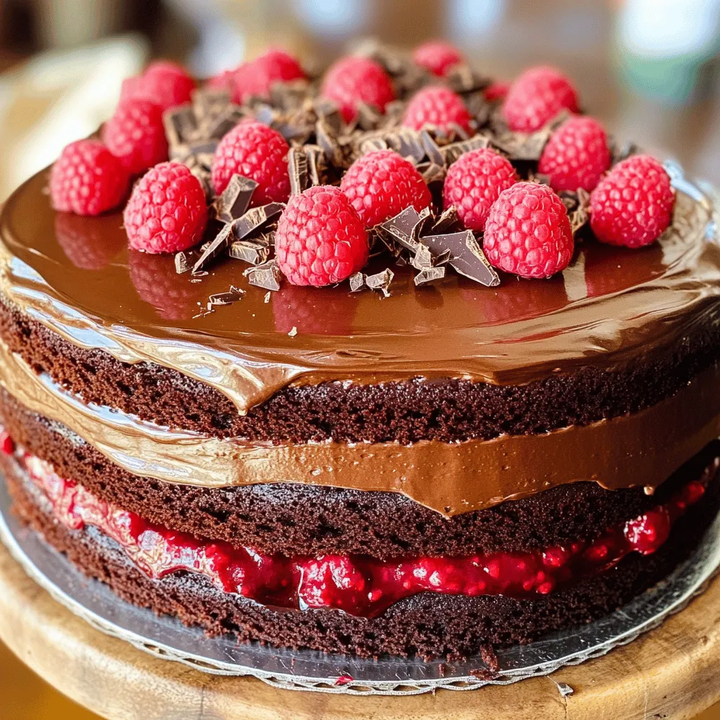 - 1 ¾ cups all-purpose flour - 1 ½ cups granulated sugar - ¾ cup unsweetened cocoa powder - 1 ½ teaspoons baking powder - 1 ½ teaspoons baking soda - 1 teaspoon salt - 2 large eggs, at room temperature - 1 cup whole milk, at room temperature - ½ cup vegetable oil - 2 teaspoons pure vanilla extract - 1 cup boiling water - 1 cup fresh raspberries (plus extra for decoration) - ½ cup dark chocolate chips Gathering the right ingredients is key for a great chocolate raspberry cake. The flour gives the cake structure, while sugar adds sweetness. Cocoa powder provides that rich chocolate flavor we all love. Baking powder and baking soda help the cake rise, making it light and fluffy. You need eggs for moisture and to bind everything together. Milk adds creaminess, while vegetable oil keeps the cake moist. Pure vanilla extract enhances the flavor. Boiling water helps to dissolve the cocoa and gives the cake a tender crumb. Fresh raspberries add a burst of tartness, and dark chocolate chips bring extra richness and texture. - Mixing bowls and electric mixer - 9-inch round cake pans - Spatula and wire racks Having the right tools makes baking easier and more fun. Use mixing bowls to combine your ingredients. An electric mixer is great for quickly blending the batter. Round cake pans help shape the cake perfectly. A spatula is useful for folding in raspberries and chocolate chips without breaking them. Lastly, wire racks allow the cakes to cool evenly, which prevents sogginess. - Gluten-free alternatives - Vegan substitutions If you want a gluten-free cake, use a gluten-free flour blend. This swap works well and keeps the texture light. For a vegan version, replace eggs with flaxseed meal mixed with water or applesauce. Use almond or soy milk in place of whole milk, and choose a vegetable oil that fits your diet. This way, everyone can enjoy a slice of this tasty cake! First, preheat your oven to 350°F (175°C). This step is key for even baking. Next, grab two 9-inch round cake pans. Grease them well with butter or cooking spray. This helps the cakes come out easily. After greasing, dust the pans lightly with flour. Tap out the excess flour. This step ensures no cake sticks to the pan. Now, let’s mix the batter. In a large bowl, sift together the dry ingredients. Combine 1 ¾ cups of flour, 1 ½ cups of sugar, ¾ cup of cocoa powder, 1 ½ teaspoons of baking powder, 1 ½ teaspoons of baking soda, and 1 teaspoon of salt. Mix these until they look airy. Next, add the wet ingredients. Crack in 2 large eggs, pour in 1 cup of whole milk, and add ½ cup of vegetable oil. Don’t forget 2 teaspoons of vanilla extract. Beat these together with an electric mixer on medium speed for about 2 minutes. The batter should be smooth and well mixed. Now, it’s time to add the boiling water. Carefully pour in 1 cup of boiling water. Stir gently until the batter is thin and mixed well. Trust me, the runny texture is just right. Finally, fold in 1 cup of fresh raspberries and ½ cup of dark chocolate chips with a spatula. Be gentle to keep the raspberries whole. Next, divide your batter evenly between the two prepared pans. Give each pan a gentle tap on the counter to release air bubbles. Place the pans in your preheated oven. Bake for 30-35 minutes. Check for doneness by inserting a toothpick into the center. If it comes out clean, your cakes are ready. After baking, remove the cakes from the oven. Let them cool in the pans for about 10 minutes. Then, move them to wire racks to cool completely. You can find the full recipe for more detailed steps. Using room temperature ingredients makes a big difference. It helps the batter mix well. Cold eggs or milk can lead to lumps. Always take them out early to warm up. When adding raspberries and chocolate chips, do it gently. Use a spatula to fold them in. This keeps the raspberries whole and juicy. Overmixing can break them and make the cake dense. Chocolate frosting pairs perfectly with this cake. You might also try cream cheese frosting for a tangy twist. Both add rich flavors that complement the chocolate. For decoration, use fresh raspberries on top. You can also sprinkle chocolate shavings for a fancy touch. Arrange the raspberries in a circle for a beautiful look. One common mistake is overmixing the batter. This can make your cake tough. Mix just until combined for a light texture. Another mistake is not cooling the cakes properly. Let them cool in the pans for ten minutes. Then transfer them to wire racks to cool completely. This prevents sogginess and helps the layers stay intact. For the [Full Recipe], dive into these tips for a perfect bake! {{image_4}} You can add espresso powder to the batter for a mocha twist. Just one tablespoon will do. It gives a deep, rich flavor that pairs well with chocolate and raspberries. You can also swap in other fruits. Strawberries and blueberries work great in this cake. They add a fresh taste and look beautiful. If you want to change up the frosting, consider cream cheese frosting. It adds a tangy flavor that contrasts nicely with chocolate. Another option is whipped ganache. It’s rich and creamy, perfect for chocolate lovers. You can also try buttercream for a sweet and smooth finish. To make mini cakes, use a cupcake pan or a 6-inch cake pan. Fill each cup or pan with batter, but don’t overfill. Bake the cupcakes for about 18-20 minutes. For a small cake, check it at 25-30 minutes. The cakes are ready when a toothpick comes out clean. These mini versions are perfect for parties or individual treats. For the full recipe, check out my detailed guide. To keep your cake fresh, store it in the fridge. Use an airtight container to seal it well. This helps keep moisture in and prevents it from drying out. If you want to save it longer, freezing is a good option. Wrap the cake tightly in plastic wrap, then place it in a freezer bag. This keeps out air and prevents freezer burn. When you’re ready to enjoy it again, just thaw it in the fridge overnight. To reheat a slice of cake, place it in the microwave for 10-15 seconds. This warms it without drying it out. If you want a little extra flavor, top your slice with whipped cream or ice cream. You can also use leftover cake to make a trifle. Layer pieces of cake with pudding and fresh raspberries for a fun dessert. At room temperature, your cake lasts about 2-3 days. Make sure to keep it covered to prevent it from getting stale. If you store it in the fridge, it can last up to a week. Watch for signs of spoilage, like changes in smell or texture. If the cake starts to feel hard or has mold, it's best to toss it out. You can use several egg replacements to keep the cake moist. Here are some great options: - Flaxseed meal: Mix 1 tablespoon of flaxseed meal with 3 tablespoons of water. Let it sit for 5 minutes. This works well for binding. - Applesauce: Use ¼ cup of unsweetened applesauce for each egg. This adds moisture and a hint of sweetness. - Yogurt: Substitute ¼ cup of yogurt for each egg. It adds creaminess and keeps the cake soft. - Silken tofu: Blend ¼ cup of silken tofu until smooth. This works great for a dense cake texture. These options keep your cake tasty and moist, just like the original recipe! Yes, you can use frozen raspberries in your cake. However, they may change the cake's texture and flavor. Here are some points to consider: - Frozen raspberries tend to be softer once thawed. This means they may break apart more in the batter. - They release extra juice, which can make the batter wetter. You may need to adjust the flour a bit. - If you want to use them, let them thaw first and drain any excess liquid. Using frozen raspberries is fine, but fresh ones give a better texture and flavor. If you want a less sweet cake, here are some tips to adjust the sweetness: - Reduce the sugar: Cut down the granulated sugar by ¼ to ½ cup. The cake will still be sweet enough with the raspberries. - Use unsweetened cocoa powder: This will balance the sweetness from the sugar. - Add more raspberries: Fresh raspberries bring a tart flavor that helps cut through the sweetness. - Try a sugar substitute: Consider using stevia or erythritol as a sweetener. These changes will give you a cake that fits your taste better! Yes, you can adapt this recipe to fit many dietary needs. Here are some ideas: - Gluten-free: Swap all-purpose flour with a gluten-free flour blend. Make sure it includes xanthum gum for structure. - Vegan: Use plant-based milk and replace eggs as mentioned above. This makes the cake dairy-free and egg-free. - Nut allergies: Check the labels of your ingredients. Use vegetable oil instead of any nut oils. These simple swaps can make the cake suitable for different diets while still tasting great! The chocolate raspberry cake is a modern classic. It combines rich chocolate with tart raspberries. This dessert has roots in French pastry traditions, where chocolate and fruit pair well. Raspberry cakes have been popular since the late 19th century. Chocolate became famous in desserts in the 20th century. Combining the two flavors created a fresh twist that many enjoy today. Today, this cake is a favorite for birthdays and special events. It’s loved for its beautiful look and delicious taste, making it a true crowd-pleaser. You’ve learned how to make a delicious chocolate raspberry cake from scratch. We explored key ingredients, tools, and step-by-step instructions. I shared tips to avoid common mistakes and offered storage advice for leftovers. The variations allow you to customize the cake to your taste. Remember, baking is both science and art. Enjoy the process, share your creations, and have fun experimenting with flavors. This cake can bring joy to any occasion. Keep baking and enjoy every sweet bite!