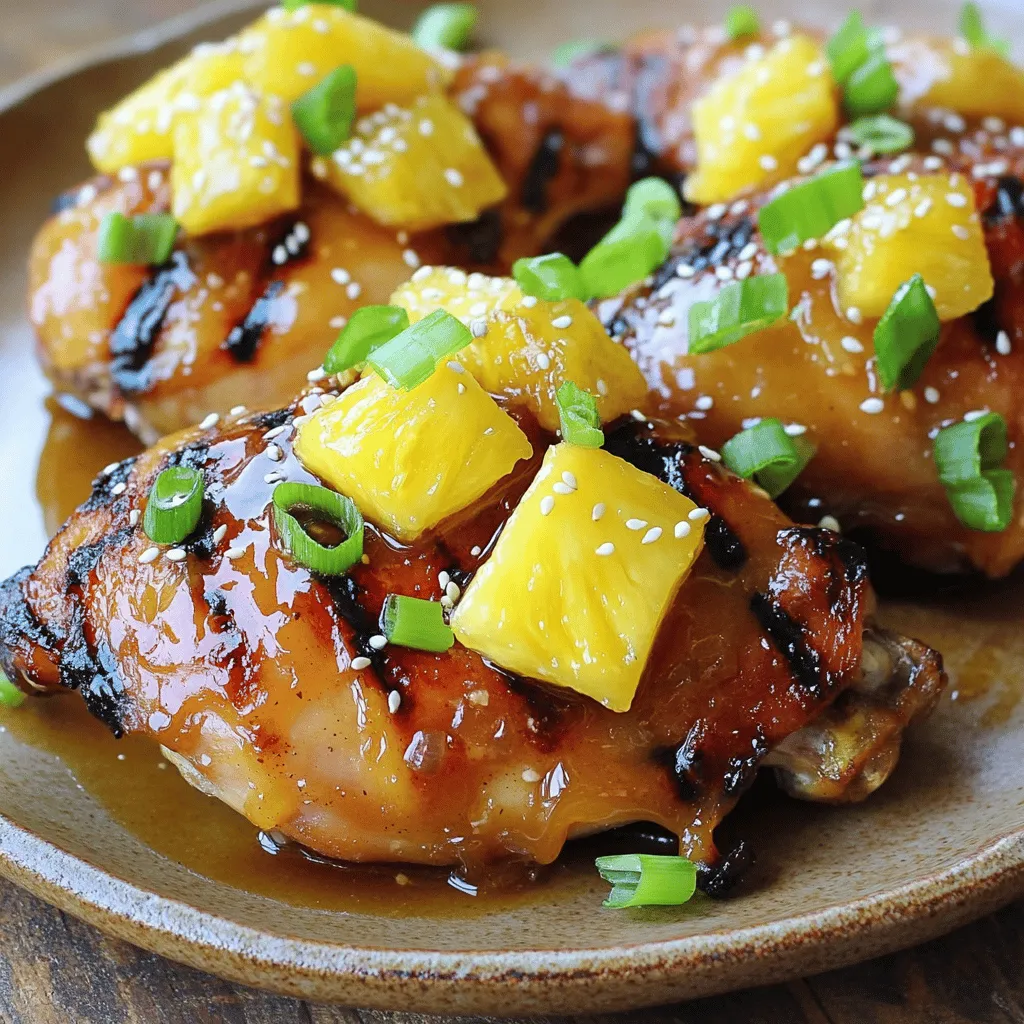 - 4 boneless, skinless chicken thighs - 1 cup fresh pineapple chunks - 1/2 cup packed brown sugar - 1/4 cup soy sauce - 2 tablespoons olive oil - 3 cloves garlic, minced - 1 teaspoon fresh ginger, finely grated - 1/2 teaspoon ground black pepper - 1/2 teaspoon salt - 2 green onions, finely chopped (for garnish) - Sesame seeds (for garnish) To make tasty Brown Sugar Pineapple Chicken, gather these simple ingredients. The chicken thighs stay juicy and tender. Fresh pineapple adds a sweet twist. Packed brown sugar gives it a rich flavor, while soy sauce adds a savory depth. For flavor, use olive oil to cook the chicken. Minced garlic and fresh ginger boost the taste even more. Season with ground black pepper and salt for balance. Finally, garnish with green onions and sesame seeds for a touch of crunch and color. Follow the [Full Recipe] to bring all these ingredients together. Enjoy making this delightful dish! - Prepare the marinade: In a medium bowl, mix the brown sugar, soy sauce, minced garlic, and grated ginger. Stir until the sugar mostly dissolves. This marinade packs in lots of flavor. - Marinate the chicken: Place the chicken thighs in a resealable bag or dish. Pour the marinade over the chicken. Make sure every piece is coated. Seal the bag or cover the dish. Let it sit in the fridge for at least 30 minutes. For more flavor, marinate for up to 2 hours. - Preheat the cooking surface: While the chicken marinates, preheat your grill or skillet over medium-high heat. Add olive oil, letting it heat until it shimmers. - Cook the chicken and pineapple: Remove the chicken from the marinade. Let excess liquid drip off and save the marinade for later. Place the chicken in the hot grill or skillet. Cook for about 5-7 minutes on each side until it reaches 165°F (75°C). The outside should look brown and caramelized. Add fresh pineapple chunks to the grill or skillet in the last few minutes. Cook until they caramelize, about 3-4 minutes. - Thicken the marinade: While the chicken cooks, pour the reserved marinade into a small saucepan. Bring it to a boil over medium heat, then lower to a simmer. Cook for about 5 minutes until it thickens slightly. - Garnish and serve: Once the chicken is done, drizzle the thickened marinade over the chicken and pineapple. Transfer to a serving platter. Top with chopped green onions and sesame seeds for a beautiful finish. This recipe makes a tasty and vibrant dish that looks as good as it tastes. For the full recipe, check out the details above. How long should you marinate chicken? For the best flavor, marinate the chicken for at least 30 minutes. If you have more time, go for 2 hours. This lets the chicken soak up all the tasty marinade. What are some marinating alternatives? You can mix in some lime juice or chili sauce for a fun twist. These options add a zesty kick to your chicken, making it even more delicious. Should you grill or use a skillet? Both methods work great! Grilling gives the chicken nice grill marks and a smoky flavor. Skillet cooking is faster and easier to control. Choose what fits your style. How can you check if the chicken is done? Use a meat thermometer to ensure it reaches 165°F (75°C). This guarantees the chicken is safe to eat and juicy. What side dishes go well with this chicken? Steamed white rice or fluffy quinoa are perfect. They soak up the yummy sauce. You can also serve a fresh salad for a light touch. How can you present the dish? Arrange the chicken and caramelized pineapple on a large plate. Garnish with chopped green onions and sesame seeds for color. It makes the dish look as good as it tastes! {{image_4}} You can change things up with different fruits. Try mango or peach for a sweet twist. You can also use canned pineapple if fresh ones are hard to find. If you want to swap chicken, turkey breasts or firm tofu work well. Each swap can create a new flavor. You can bake this dish for a hands-off approach. Preheat your oven to 375°F (190°C). Place the marinated chicken and pineapple in a baking dish. Bake for about 30 minutes, or until the chicken is cooked through. Another option is a slow cooker. Add the chicken, pineapple, and marinade to the slow cooker. Cook on low for 4-6 hours. This method makes the chicken tender and fills your kitchen with great smells. Feel free to add spices for more depth. A pinch of cayenne or paprika can bring a nice kick. You can also mix in some soy sauce for a more savory note. Try adding a tablespoon of honey for extra sweetness. This dish works well with both sweet and savory flavors, so experiment to find your favorite combo. For more tips, check the Full Recipe. To store leftovers, place the chicken and pineapple in an airtight container. This keeps the dish fresh and tasty. You can store it in the fridge for up to three days. After that, the flavor may fade. Always let the dish cool before sealing it for storage. This helps keep the texture and moisture intact. For freezing, wrap the chicken and marinade in plastic wrap or foil. You can also use a freezer bag. Make sure to remove as much air as possible. This helps prevent freezer burn. The chicken can last up to three months in the freezer. When you're ready to use it, thaw the chicken in the fridge overnight. This keeps it safe and maintains its flavor. To reheat the chicken, use an oven or stovetop for best results. Avoid the microwave, as it may dry out the meat. Preheat your oven to 350°F (175°C) and place the chicken in a baking dish. Heat until the internal temperature reaches 165°F (75°C). This ensures it's warm and juicy. If you want extra moisture, add a splash of water or broth before covering the dish with foil. To make Brown Sugar Pineapple Chicken, follow these simple steps: 1. Mix Marinade: In a bowl, combine brown sugar, soy sauce, garlic, ginger, black pepper, and salt. 2. Marinate Chicken: Put chicken thighs in a bag or dish. Pour marinade over chicken and let it soak. 3. Heat Your Pan: Preheat a skillet with olive oil over medium-high heat. 4. Cook Chicken: Remove chicken from marinade. Cook for 5-7 minutes on each side until done. 5. Thicken Marinade: In a saucepan, boil reserved marinade, then simmer until thick. 6. Add Pineapple: Add pineapple chunks in the last few minutes of cooking. 7. Serve: Drizzle thickened sauce over chicken and pineapple. Garnish with green onions and sesame seeds. Yes, you can use canned pineapple. Here are the pros and cons: - Pros: Canned pineapple is convenient and saves time. It also has a long shelf life. - Cons: Canned pineapple can be softer and less sweet than fresh. It may not caramelize as well when cooked. For best results, drain canned pineapple to reduce excess moisture. Brown Sugar Pineapple Chicken is a tasty dish with a good balance of nutrients. Here is an overview of calories and macros per serving: - Calories: About 350-400 calories - Protein: Around 28 grams - Carbohydrates: Roughly 30 grams - Fat: Approximately 15 grams This dish offers protein and some healthy fats, along with a burst of flavor from the pineapple. Enjoy it with rice or quinoa for a balanced meal! In this article, we explored the tasty Brown Sugar Pineapple Chicken. We discussed main ingredients like chicken thighs, pineapple, and soy sauce. The step-by-step instructions help you prepare and cook the dish just right. We also shared tips on marinating, cooking methods, and serving ideas. You learned about variations and storage, too. This dish is simple and full of flavor. Enjoy making it your own with different ingredients and methods. Cooking should be fun and satisfying, so get creative and dig in!