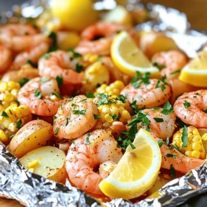 To create the best shrimp boil foil packs, you need fresh and tasty ingredients. Here’s what you will need: - 1 lb large shrimp, peeled and deveined - 2 cups baby potatoes, halved - 2 ears of corn, cut into 1-inch chunks - 4 cloves garlic, minced - 1 lemon, juiced and zested - 3 tablespoons Old Bay seasoning - 2 tablespoons olive oil - Salt and pepper to taste - Fresh parsley, chopped (for garnish) - Lemon wedges (for serving) These ingredients come together to make a meal that pops with flavor. The shrimp is the star, while the potatoes and corn add nice texture. The garlic and lemon zest brighten the dish. Old Bay seasoning gives it that classic shrimp boil taste. When you pick your ingredients, go for fresh shrimp and vibrant veggies. This will make a big difference in taste. If you want to see the full recipe, check it out [here](#). Using these ingredients, you can whip up a delightful meal that is both easy and fun to prepare. - Preheat your grill to medium-high heat. - If using an oven, set it to 400°F (200°C). - Cut four large pieces of aluminum foil, each about 12x12 inches. - In a large bowl, combine halved baby potatoes, corn chunks, and minced garlic. - Add lemon juice, lemon zest, Old Bay seasoning, olive oil, salt, and pepper. - Toss everything together until well coated. - Distribute the veggie mix in the center of each foil piece. - Top each portion with a handful of shrimp. - Fold the sides of the foil over the mix. - Crimp the edges tightly to seal each pack. - Place the packs on the grill or in the oven. - Cook for 15-20 minutes until shrimp are pink and potatoes are tender. - Carefully remove the packs and let them cool for a couple of minutes. - Open with caution to avoid steam. - Sprinkle with parsley and serve with lemon wedges for added zest. For a detailed guide, refer to the Full Recipe. Grilling gives a smoky flavor. It also cooks shrimp fast. Baking offers a more even cook. It works well for those who prefer indoor cooking. Adjust cooking time if using larger shrimp. Bigger shrimp may need a few extra minutes. Always check for doneness. You can mix up the seasonings. Try Cajun spice for a kick. Lemon pepper also adds a nice taste. If you love heat, add more cayenne pepper or hot sauce. Adjust to your own taste for best results. Shrimp is delicious, but you can swap it out. Try chicken or firm fish instead. For veggies, use asparagus or bell peppers. Just remember to adjust cooking time for different ingredients. Enjoy experimenting with what you have on hand! {{image_4}} To make a spicy shrimp boil foil pack, add some spicy sausage to the mix. This will give your meal a nice kick. You can also sprinkle cayenne pepper for extra heat. Adjust the amount based on your taste. This spicy twist makes the dish more exciting and flavorful. If you want a veggie-only option, skip the shrimp. Instead, add more veggies like bell peppers, zucchini, or carrots. You should also adjust the cooking time for veggie packs. They might cook a bit faster than shrimp. Keep an eye on them to ensure they stay crisp and fresh. For a seafood mix pack, you can include fish and scallops. This adds a variety of flavors to your meal. Just remember to adjust the recipe for different seafood. Fish cooks faster than shrimp, so you may need to check them sooner. This mix keeps things interesting while enjoying a seafood feast. After you enjoy your Shrimp Boil Foil Packs, store any leftovers safely. First, let the packs cool down. Then, carefully open the foil and transfer the food to an airtight container. You can keep it in the fridge for up to three days. If you have a lot left, consider freezing them. Place the cooled food in freezer-safe bags or containers. It can last for up to three months in the freezer. When you’re ready to eat the leftovers, reheating is simple. The best method is using the oven. Preheat it to 350°F (175°C). Transfer the food to an oven-safe dish and cover it with foil. Heat for about 10-15 minutes or until warm. You can also use a microwave for quick reheating. Just place the food in a microwave-safe bowl, cover it, and heat for 1-2 minutes. Be careful not to overcook it. This keeps the shrimp tender and juicy. Enjoy your meal again! Cook shrimp in foil packs for about 15 to 20 minutes. This timing works well on a medium-high grill or in an oven set to 400°F (200°C). The steam inside the foil packs helps cook the shrimp evenly. Check the shrimp around the 15-minute mark to avoid overcooking. Yes, you can use frozen shrimp. Just make sure to thaw them before cooking. Place the shrimp in a bowl of cold water for about 15 minutes. This method works well without cooking the shrimp. Also, be aware that frozen shrimp may need a minute or two more cooking time than fresh ones. Perfectly cooked shrimp have a pink color and look opaque. They also curl into a C shape. Use a fork to check if they are firm and not translucent. If they are still a bit see-through, give them another minute in the foil pack. Enjoy your shrimp boil foil packs with confidence! This blog post covered a simple shrimp foil pack recipe. You learned about key ingredients, step-by-step instructions, and useful tips. Try different seasonings or veggies to make it your own. This dish is easy, fun, and perfect for gatherings. Enjoy the fresh flavors and share with friends. Creating foil packs is a great way to cook. Happy cooking!