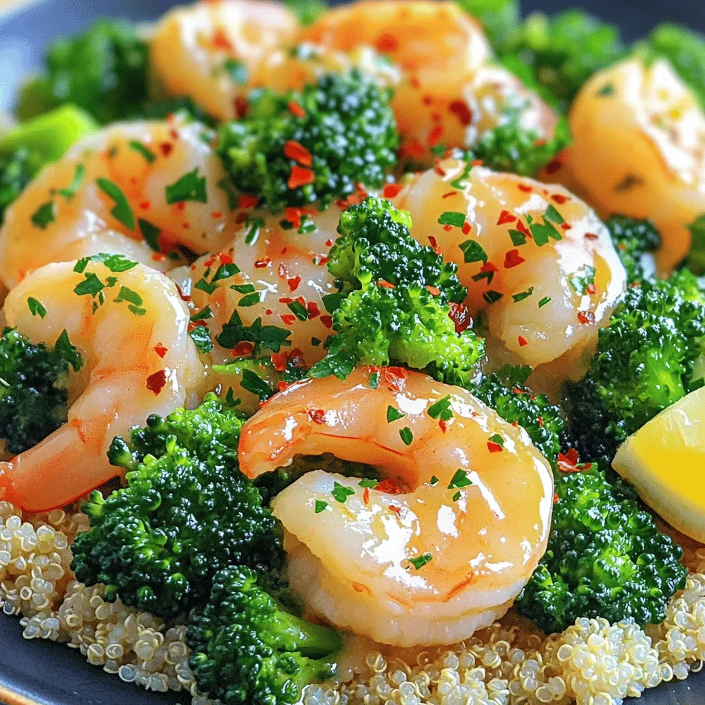 - 1 pound large shrimp, peeled and deveined - 2 cups broccoli florets - 4 tablespoons unsalted butter, divided - 4 cloves garlic, finely minced - 1 teaspoon red pepper flakes The core of this dish shines with fresh, large shrimp and bright broccoli. The shrimp brings a sweet flavor while the broccoli adds a nice crunch. Unsalted butter serves as the base for the sauce, lending richness. Minced garlic fills the air with its warm aroma. Red pepper flakes give a hint of heat that elevates the dish. - 1 tablespoon fresh lemon juice - Salt and freshly cracked black pepper, to taste - 2 tablespoons fresh parsley, chopped (for garnish) - 1 cup cooked quinoa or rice (optional, for serving) Adding fresh lemon juice brightens the entire dish. A pinch of salt and black pepper enhances flavors. Chopped parsley adds a pop of color and freshness. If you want a hearty meal, serve it over quinoa or rice. You can find the full recipe to guide you through these steps effortlessly. To start, you need to blanch the broccoli. Fill a pot with water and add a big pinch of salt. This salt makes the broccoli taste great. Bring the water to a rolling boil. Once it boils, add the broccoli florets. Blanch them for about 2-3 minutes. They should turn bright green and feel a little tender. After that, drain the broccoli and set it aside. Next, we sauté the shrimp. Grab a large skillet and heat 2 tablespoons of butter over medium heat. As the butter starts to melt, you will smell the garlic. Add the minced garlic and red pepper flakes. Sauté for about 1 minute. Be careful not to let the garlic brown. Now, it's time for the shrimp. Carefully place them in the skillet in a single layer. Cook for about 2-3 minutes on each side. Flip them once until they turn pink and opaque. Season with salt and freshly cracked black pepper to taste. Now comes the fun part! Gently stir in the blanched broccoli with the shrimp. Add the remaining 2 tablespoons of butter. Pour in the fresh lemon juice. Toss everything together until the butter melts and coats all the ingredients. This step brings all the flavors together. For the full recipe, check the detailed instructions above! To make a great garlic butter sauce, you can adjust spice levels with red pepper flakes. Start with one teaspoon for a mild kick. If you love heat, add more to taste. Remember, you can always increase spice later, but you can't take it out once added. Preventing shrimp from overcooking is key. Cook the shrimp for just 2-3 minutes on each side. Watch closely as they turn pink and opaque. If you leave them too long, they will become rubbery. Using fresh parsley brings color and bright flavor to your dish. Chop it finely and sprinkle it over the shrimp and broccoli before serving. For serving suggestions, consider adding a squeeze of fresh lemon juice. This adds a tart note that balances the rich garlic butter. You can serve the dish over cooked quinoa or rice for a hearty meal. This not only fills you up but also makes the plate look beautiful. For the full recipe, check the earlier section. {{image_4}} You can switch shrimp for chicken or tofu. Both options bring new flavors. - Chicken: Use boneless, skinless chicken breasts. Cut them into bite-sized pieces. Cook them for 6-8 minutes until golden brown and cooked through. - Tofu: Use firm or extra-firm tofu. Press it to remove water, then cut into cubes. Cook for 5-7 minutes until golden. Cooking times will vary based on the protein you choose. Always check that meat is cooked through. Feel free to mix in other veggies for more color and taste. Bell peppers and snap peas work great. - Bell Peppers: Slice them thin and add them with the garlic. They need about 2-3 minutes to cook. - Snap Peas: Add them during the last minute of cooking. They cook quickly and stay crisp. Adjust blanching time based on the vegetable you use. For tougher veggies, like carrots, blanch longer. This keeps all your veggies bright and tasty. To keep your garlic butter shrimp and broccoli fresh, use airtight containers. Glass or plastic containers work well. Make sure you let the dish cool before sealing it. This helps prevent moisture build-up. Store it in the fridge for up to three days. After that, the shrimp may lose flavor and texture. For the best results, reheat the dish on the stovetop. Use a non-stick skillet over low heat. Add a splash of water or broth to keep it moist. Stir gently to avoid overcooking the shrimp. If you use a microwave, cover the dish with a damp paper towel. This helps retain moisture as it heats up. To refresh the flavors, squeeze a little lemon juice on top before serving. This will brighten up the dish and make it taste fresh again. Enjoy your delicious garlic butter shrimp and broccoli! For the full recipe, check out the earlier section. Cooking Garlic Butter Shrimp and Broccoli is quick and easy. You can get it done in about 20 minutes. Here’s the breakdown: - Prep time: 10 minutes - Cook time: 10 minutes This dish is perfect for a busy weeknight dinner! Yes, you can prepare Garlic Butter Shrimp and Broccoli ahead of time. Here are some tips for meal prep and storage: - Cook the shrimp and broccoli: You can cook them and store them in the fridge for up to two days. - Use airtight containers: This keeps the shrimp fresh and tasty. - Reheat gently: Warm it up on low heat to keep the shrimp tender. This way, you can enjoy a quick meal any day! Choosing the right wine can enhance your meal. Here are my top picks for pairing wine with shrimp and broccoli: - Sauvignon Blanc: Its crispness matches well with the garlic and butter. - Chardonnay: A light, unoaked version complements the dish nicely. - Pinot Grigio: This wine adds a nice balance to the meal's flavors. These options will elevate your dining experience! For the full recipe, check out the detailed instructions above. This blog post covered how to make delicious garlic butter shrimp and broccoli. We explored key ingredients and optional additions that enhance flavor. I shared step-by-step instructions, helpful tips, and variations to suit your taste. Remember, you can switch proteins or veggies as desired. Storing leftovers properly helps maintain great taste. I hope this guide inspires you to try this dish. It's simple, tasty, and sure to impress! Now, go enjoy your cooking adventure!