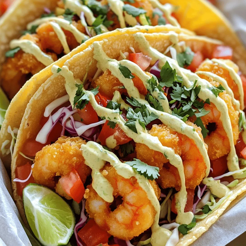 - 1 pound shrimp, peeled and deveined - 1 cup buttermilk (or dairy-free alternative) - 8 small corn tortillas - 1/2 cup mayonnaise (or vegan mayo) - 2 tablespoons sweet chili sauce - 1 tablespoon sriracha - Juice of 1 fresh lime - 1 cup shredded cabbage - 1/2 cup diced fresh tomatoes - 1/4 cup chopped fresh cilantro - Lime wedges for serving To make these tacos pop, you need the right ingredients. Start with fresh shrimp. They should be peeled and deveined for the best texture. Buttermilk gives the shrimp a tender bite. Use small corn tortillas for the perfect taco base. The Bang Bang sauce is key. Combine mayonnaise with sweet chili sauce, sriracha, and lime juice for a creamy and spicy kick. You can use vegan mayo if you prefer a plant-based option. For garnishing, fresh cabbage adds crunch. Diced tomatoes bring color and sweetness. Cilantro adds a fresh touch. Don't forget lime wedges! They add a burst of flavor when squeezed on top. This recipe is easy to follow. You can find the Full Recipe for all the steps and details you need to make these delicious tacos. Get ready to impress your friends and family! Combine the mayonnaise, sweet chili sauce, sriracha, honey, and lime juice in a bowl. Whisk until smooth. This sauce packs a punch and adds great flavor. Submerge the peeled and deveined shrimp in buttermilk. Make sure they are fully covered. Cover the bowl and refrigerate for at least 15 minutes. This step makes the shrimp tender and flavorful. In another bowl, mix the flour, cornstarch, smoked paprika, garlic powder, cayenne pepper, salt, and black pepper. Remove the shrimp from the buttermilk, letting excess drip off. Dredge the shrimp in the flour mix. Make sure they are well coated. Heat oil in a skillet over medium-high heat. Fry the shrimp in batches for 2-3 minutes on each side. They should be golden brown and crispy. Warm the corn tortillas in a skillet for about 30 seconds on each side. Layer shredded cabbage on each tortilla. Add 2-3 pieces of crispy shrimp on top. Sprinkle diced tomatoes and drizzle with the Bang Bang sauce. Finish with fresh cilantro. This creates a colorful and tasty taco that is hard to resist. For the complete recipe, check the [Full Recipe]. Make sure your oil is hot enough before frying. This step is key for getting crispy shrimp. If the oil is too cool, the shrimp will absorb oil and become soggy. I usually heat the oil until it shimmers. A good test is to drop a small piece of the batter in. If it bubbles up right away, the oil is ready. You can adjust the sriracha in the sauce to control the heat. Want it milder? Use less sriracha. If you prefer a lighter version, swap out the mayonnaise for yogurt. This change gives it a creamy texture with fewer calories. Trust me, both options taste great. For a fun twist, add avocado slices or mango salsa to your tacos. The avocado adds creaminess, while the mango brings a sweet flavor. These extras make your tacos more colorful and exciting. You can even drizzle extra Bang Bang sauce on top for a flavor boost. {{image_4}} You can switch up the taco shells for more fun. Use flour tortillas for a softer bite. If you want a low-carb choice, try lettuce wraps. They add a nice crunch and keep things fresh. Not a shrimp fan? No worries! You can swap shrimp with chicken or tofu. Chicken gives a hearty flavor, while tofu brings a nice texture. Both options work great with the Bang Bang sauce. Want to kick up the taste? Add some spices to the coating. Cumin or chili powder can add a warm touch. Just sprinkle them in the flour mix, and you’re good to go. These small changes can make your tacos truly unique. For the full recipe, check out the detailed instructions above. Store leftover tacos in an airtight container for up to 2 days. This keeps them fresh and tasty. Make sure the tacos cool down before sealing them. You can freeze fried shrimp separately from toppings. They will stay good for about 1 month. When ready, just thaw the shrimp in the fridge. To reheat shrimp, use the oven for 5-7 minutes. This helps them stay crispy. Avoid using the microwave, as it can make them soggy. Enjoy your Bang Bang Shrimp Tacos later by following these steps! Substitute all-purpose flour with a gluten-free flour blend. This swap keeps the tasty crunch and flavor. Yes, you can store the sauce in the fridge for up to 3 days before serving. This makes meal prep easier. Fresh or frozen shrimp works well; ensure they are peeled and deveined. This step is key for taste and texture. The spice level can be adjusted by varying the amount of cayenne pepper and sriracha used in the sauce. Start small and taste as you go. Use plant-based shrimp alternatives, vegan mayo, and agave syrup for the sauce. This way, everyone can enjoy these tacos! Bang Bang Shrimp Tacos are a joy to make and eat. You need just a few simple ingredients like shrimp, tortillas, and the tasty Bang Bang sauce. Remember to marinate the shrimp and fry them until golden. You can customize the sauce and toppings for your perfect taco. Store leftovers carefully, and enjoy them within a couple of days. Whether you stick to shrimp or try chicken or tofu, these tacos will satisfy your cravings. Now it's time for you to create your own delicious Bang Bang Shrimp Tacos at home!
