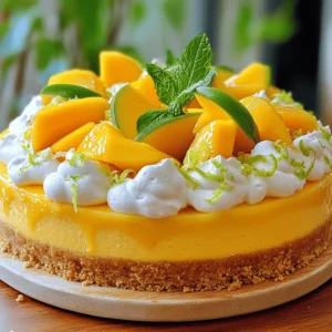 - 2 cups cream cheese - 3 large eggs - 1 cup fresh mango puree The cream cheese gives the cake its rich texture. Make sure to use softened cream cheese for a smooth mix. Eggs add structure and help the cheesecake set. Fresh mango puree brings a sweet, tropical flavor that shines through. - 1 ½ cups graham cracker crumbs - ½ cup unsalted butter, melted Graham cracker crumbs create a crunchy base. The melted butter helps bind the crumbs together. Press this mixture firmly into the pan for a sturdy crust. - 1 cup heavy whipping cream - Fresh mango slices - Mint leaves Whipping cream adds lightness and creaminess on top. Fresh mango slices enhance the tropical vibe. Mint leaves add a pop of color and freshness to each slice. For the full recipe, check out the complete instructions. - Preheat the oven to 325°F (160°C). - Grease the springform pan with butter or cooking spray. Start by setting your oven temperature. Preheating is key. A hot oven helps the cheesecake rise well. Greasing the pan makes it easy to remove the cheesecake later. - Combine graham cracker crumbs and butter. - Bake for 10 minutes. In a bowl, mix the graham cracker crumbs with melted butter. Stir until it looks like wet sand. Press this mix into the bottom of your springform pan. Bake it for 10 minutes. This gives the crust a nice, firm base. - Beat cream cheese until smooth. - Add sugar, eggs, and flavor elements. - Incorporate fresh mango puree. Next, grab a big bowl. Beat the cream cheese until it’s smooth. This takes about 2-3 minutes. Slowly mix in the sugar. Add the eggs one by one, mixing gently. You want a creamy texture. Finally, fold in the fresh mango puree. This adds a sweet, fruity taste. - Pour filling over the crust. - Bake and check for doneness. Pour that creamy filling over your cooled crust. Bake it for 50 to 60 minutes. The center should be slightly jiggly. It will firm up as it cools. - Cool in the oven for 1 hour. - Chill in the refrigerator. Once done, turn off the oven. Leave the door slightly open for about an hour. This step helps prevent cracks. After cooling, let it sit at room temperature. Then, place the cheesecake in the fridge for at least 4 hours. Overnight is best for flavor. - Whip heavy cream topping. - Add garnishes before serving. Before serving, whip the heavy cream until soft peaks form. Spread it over the cheesecake. Garnish with fresh mango slices and mint leaves. These add a nice touch and burst of color. For the full recipe, check the earlier section. Enjoy your tropical mango cheesecake! To make the best tropical mango cheesecake, use room temperature ingredients. This includes cream cheese and eggs. When they are at room temperature, they mix better. This helps create a smooth and creamy filling. It also helps avoid lumps in your cheesecake. Next, be careful not to overmix the batter. When mixing, go slow after adding eggs. Mix just until blended. Overmixing can introduce too much air and cause cracks during baking. Cooling your cheesecake is key to avoiding cracks. After baking, turn off the oven and crack the door open. Let the cheesecake cool in the oven for one hour. This gentle cooling helps it set without sudden temperature changes. When you take it out, let it cool at room temperature. Avoid moving it around too much. If you handle it gently, you’ll keep it smooth and pretty. Choosing ripe mangoes makes a big difference. Look for mangoes that give a little when you squeeze them. They should smell sweet and fruity. A ripe mango adds natural sweetness and flavor to your cheesecake. Using fresh lime juice brightens the taste. Squeeze the lime right before adding it. The zest adds a burst of flavor too. These fresh ingredients make your tropical mango cheesecake taste amazing. For the full recipe, check the instructions above. {{image_4}} You can enhance your mango cheesecake by adding other fruits. Pineapple adds a sweet and tart flavor. Passion fruit gives a tangy kick that pairs well with mango. Mixing flavors can create a unique twist that surprises your taste buds. Try adding a layer of fresh fruit on top. It makes your cheesecake look bright and inviting. If you want a different sweet taste, consider using honey or agave syrup. These options add a floral note that pairs nicely with mango. You can also use sugar substitutes if you want a healthier choice. Stevia or monk fruit sweetener can work well in this recipe. Just remember to adjust the amount based on the sweetness level of the substitute. Your crust can change the whole experience of the cheesecake. For a gluten-free option, use almond flour or gluten-free cookies. Nut-based crusts add a rich flavor that complements the mango. You can also sprinkle spices like cinnamon or nutmeg into the crust for extra warmth. This small change can really elevate your cheesecake game. To keep your Tropical Mango Cheesecake fresh, use an airtight container. This helps prevent air and moisture from affecting the cake. Plastic wrap also works, but it may not seal as tightly. For the best taste, refrigerate your cheesecake within two hours of making it. It tastes best when chilled, so aim to store it right away. You can freeze your cheesecake for longer storage. First, let it cool completely in the fridge. Next, wrap it tightly in plastic wrap, then place it in a freezer-safe container. This will help protect it from freezer burn. When you want to enjoy it, move it to the fridge to thaw overnight. This helps maintain its creamy texture. In the fridge, your Tropical Mango Cheesecake will stay good for about five days. Keep an eye out for signs of spoilage. If you see any mold or notice an off smell, it’s best to discard it. Enjoy your cheesecake fresh to savor all the flavors! For the full recipe, check [Full Recipe]. Yes, you can make this cheesecake ahead of time. I suggest chilling it for at least 4 hours. For the best taste and texture, refrigerate it overnight. This allows the flavors to blend well. Cover it tightly with plastic wrap. This will keep it fresh and prevent it from absorbing odors. Cheesecake dates back to ancient Greece. The Greeks served it to athletes during the first Olympic Games. It later spread to Rome and then to Europe. Tropical flavors, like mango, add a fun twist to the classic recipe. Today, people enjoy different styles and flavors of cheesecake worldwide. The cheesecake is done when the center is set yet slightly jiggly. This means it will firm up as it cools. Look for a light golden color on the edges. If it cracks, it may have overbaked. Always keep an eye on the time while baking. Yes, you can use frozen mango in this recipe. Just make sure to thaw and drain any excess liquid. This helps to maintain the cheesecake's texture. Frozen mango is great when fresh mango is out of season. It still provides that sweet, tropical flavor. For mango cheesecake, I recommend a light whipped cream topping. This adds a smooth texture and balances the flavors. Fresh mango slices add a pretty touch. Mint leaves provide a fresh contrast. You can also sprinkle some toasted coconut for an extra crunch. This mango cheesecake recipe brings exciting flavors and textures together. You learned about the main ingredients, steps, and various tips to ensure a perfect treat. Remember the importance of ripe mangoes and room temperature ingredients for the best results. Feel free to explore variations and fun add-ins. Proper storage will keep your cheesecake fresh. Enjoy sharing this delightful dessert with friends and family. Happy baking!