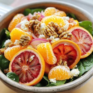 - 2 medium oranges, segmented - 1 large grapefruit, segmented - 1 medium blood orange, segmented - 1 cup baby spinach leaves, washed and dried - ½ cup feta cheese, crumbled - ¼ cup red onion, finely sliced - ½ cup walnuts, roughly chopped and toasted - 3 tablespoons extra virgin olive oil - 2 tablespoons pure honey - 1 tablespoon apple cider vinegar - Salt and freshly ground black pepper When I make this citrus salad, I love how fresh and bright it looks. Each fruit adds a pop of color and flavor. Segmented oranges and grapefruit bring sweetness and tartness. The blood orange adds a unique taste and a stunning visual. Baby spinach gives a crunchy base that pairs well with the fruits. Feta cheese adds a salty kick that balances the flavors. The red onion gives a touch of sharpness. Toasted walnuts add a nice crunch, making the salad even better. For the dressing, I use extra virgin olive oil for richness. Honey adds a bit of sweetness while apple cider vinegar gives a tangy twist. I always finish with salt and pepper for extra flavor. This combination of ingredients makes a vibrant and refreshing dish. For the full recipe, check out the Zesty Citrus Bliss Salad 🥗. - Slice off tops and bottoms for stability. - Peel and segment the fruits over a bowl to catch the juice. To start, take your oranges and grapefruit. Cut off the tops and bottoms so they won't roll. This step makes it easier to peel. Use a sharp knife to follow the curve of the fruit. Once peeled, segment the fruit over a bowl. This way, you catch all the juice. Set the segments aside for later. - Mix baby spinach, citrus segments, feta, and red onion. Next, grab a large mixing bowl. Add the washed baby spinach leaves. Then toss in the citrus segments you just prepared. Crumble the feta cheese and add it to the bowl. Finally, finely slice the red onion and mix it all together. This combination looks and tastes amazing. - Whisk olive oil, honey, apple cider vinegar, salt, and pepper. Now, let’s make the dressing. In a small bowl, combine the olive oil, honey, and apple cider vinegar. Add a pinch of salt and pepper. Use a whisk to mix everything until it’s well combined. The dressing should be smooth and slightly thick. - Dress and gently toss the salad ingredients. Pour the dressing over the salad mixture. Using tongs or a large spoon, gently toss the salad. Be careful not to break the citrus segments. You want everything to be lightly coated with the dressing. - Sprinkle toasted walnuts before serving. Before you serve, sprinkle the toasted walnuts on top. This adds a nice crunch and extra flavor. Serve the salad right away to enjoy its fresh taste. To segment citrus fruits easily, start by slicing off the tops and bottoms. This gives the fruit a stable base. Next, use a sharp knife to remove the peel. Follow the curve of the fruit to avoid waste. After peeling, hold the fruit over a bowl to catch the juice. Cut along the membranes, releasing each segment while keeping the juice. This method ensures you enjoy every drop of flavor. You can change up the dressing to suit your taste. Here are some ideas: - Honey Mustard Dressing: Mix honey, Dijon mustard, and olive oil for a tangy twist. - Citrus Vinaigrette: Use orange juice instead of vinegar for a fruity flavor. - Creamy Avocado Dressing: Blend ripe avocado with olive oil and lemon juice for richness. - Herb Infused Oil: Add chopped fresh herbs like basil or mint to your olive oil for a fresh kick. Make your salad look as good as it tastes. Serve it in a large, shallow bowl to showcase the vibrant colors. Garnish with whole walnut halves for texture and style. A sprinkle of extra feta cheese adds a nice touch. For a fun twist, use a citrus zester to create curls of orange or lemon peel. This adds a pop of color and a burst of aroma. {{image_4}} You can add grilled chicken or shrimp to your citrus salad. Both options boost protein and add flavor. Grilled chicken adds a nice smoky taste. Shrimp brings a sweet and tender bite. Just season and grill your choice of protein before slicing and topping the salad. Feel free to switch up the fruits and greens based on the season. In summer, use fresh berries or peaches for a sweet twist. In fall, try adding sliced apples or pears. You can also mix in seasonal greens like arugula or kale for a different flavor. If you need a vegan option, skip the feta cheese. You can use avocado or nuts for creaminess. For gluten-free needs, ensure your dressing is gluten-free. Most ingredients in this salad are naturally gluten-free, making it easy to adapt for any diet. For the complete mix of flavors in this dish, refer to the Full Recipe. To keep your citrus salad fresh, store it in an airtight container. Make sure to separate the dressing from the salad. The dressing can go in a small jar. This prevents the greens from wilting. If you mix the dressing in, the salad will become soggy. Keep the salad in the fridge for best results. You can prep components ahead of time. Cut the citrus fruits and store them in the fridge. Chop the spinach, onion, and walnuts, too. Keep each item in separate containers. This way, they stay fresh and crunchy. Combine all the pieces just before serving. This keeps flavors bright and textures crisp. The salad stays fresh for about two days in the fridge. After that, the spinach may wilt, and the citrus can lose its flavor. If you store only the salad without dressing, it can last a little longer. Always check for any signs of spoilage before eating. Enjoy the vibrant taste of citrus salad while it’s at its best! To balance sweetness, add more greens. Spinach or arugula can help. A splash of vinegar adds a nice tang. You can also use less honey in the dressing. Try adding sliced radishes for a kick. They bring crunch and a bit of spice. Experiment to find what you enjoy best. Yes, you can use canned citrus fruits. They are handy and save time. Look for fruit in juice, not syrup. Drain them well to avoid excess liquid. Canned fruits may not be as fresh but still taste good. Mix them with fresh greens for a nice contrast. If you want an alternative to feta cheese, try goat cheese. It has a similar texture and taste. You can also use ricotta for a creamier option. For a dairy-free choice, try almond or cashew cheese. Each option brings a unique flavor to the salad. Citrus salad lasts about 2 days in the fridge. Store it in an airtight container. The citrus may release juice, making it soggy. To keep it fresh, add nuts just before serving. This keeps them crunchy and tasty. Many nuts work well in citrus salad. Try sliced almonds for a light crunch. Pecans add a sweet, buttery flavor. You can also use sunflower seeds for a nut-free option. Each choice enhances the texture and taste of the salad. This citrus salad blends fresh ingredients for a tasty dish. You learned how to prepare, combine, and dress the salad. With tips on variations and storage, you can get creative and make it your own. In summary, it’s a simple, healthy recipe for every meal. Explore flavors and options to suit your taste. Enjoy the crunch, tang, and sweetness in each bite!