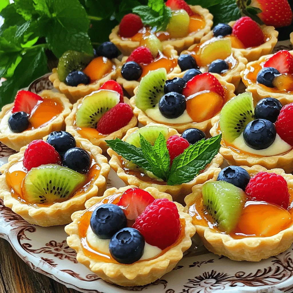 To make mini fruit tarts with cream cheese filling, gather these items: - 1 cup all-purpose flour - 1/4 cup unsalted butter, softened - 1/4 cup powdered sugar - 1/4 teaspoon salt - 1 large egg, beaten - 8 oz cream cheese, softened - 1/3 cup granulated sugar - 1 teaspoon pure vanilla extract - Assorted fresh fruits: strawberries, blueberries, kiwis, raspberries - 2 tablespoons apricot jam (for glazing) You can enhance the taste of your tarts with these additions: - A dash of lemon zest for brightness - A sprinkle of cinnamon for warmth - A few drops of almond extract for nuttiness - Fresh mint leaves for a refreshing touch Choosing the right fruits makes your tarts shine. Here are my favorites: - Strawberries: Their sweetness and color pop beautifully. - Blueberries: These small gems add a lovely burst of flavor. - Kiwis: Their tartness balances the sweet cream cheese. - Raspberries: They add a tangy kick and vibrant red. - Peaches: If in season, they provide a juicy, sweet option. Use a mix of these fruits for a colorful and tasty treat. You can find the full recipe above to guide you in making these delightful mini tarts. Start by preheating your oven to 350°F (175°C). Grease a mini muffin tin well. In a medium bowl, mix 1 cup of all-purpose flour, 1/4 cup of softened unsalted butter, 1/4 cup of powdered sugar, and 1/4 teaspoon of salt. Use a fork or pastry cutter to blend until it looks like coarse crumbs. Then, add 1 beaten egg and mix until it forms a smooth dough. Divide the dough into 24 small balls. Press each ball into the mini muffin tin. Make sure to cover the bottom and sides evenly. Place the tin in the oven and bake for 12-15 minutes. Look for a nice golden brown at the edges. Once done, take it out and let it cool completely in the tin. In a clean bowl, beat 8 oz of softened cream cheese until it’s smooth. Gradually add 1/3 cup of granulated sugar and 1 teaspoon of pure vanilla extract. Keep mixing until it's creamy and well combined. After the tart shells cool, fill them with the cream cheese mixture using a piping bag or a small spoon. Make a nice mound in each shell. Next, decorate the filling with assorted fresh fruits like strawberries, blueberries, and kiwis. For a shiny finish, warm 2 tablespoons of apricot jam in a small pan until liquid. Brush this glaze over the fruit for added sweetness. Chill the tarts for 30 minutes before serving. Enjoy these delightful bites! For the full recipe, check the earlier sections. To make the best tart shells, use cold butter. This helps keep the dough flaky. When mixing, don’t overwork the dough; just blend until it forms. Press the dough into the mini muffin tin evenly. This ensures an even bake. Bake until golden brown, not longer. Let the shells cool completely before filling them. To make your tarts look stunning, choose colorful fruits. Mix strawberries, blueberries, kiwi, and raspberries for a vibrant display. Arrange the fruit artfully on top of the cream cheese filling. You can also add fresh mint leaves for a touch of green. Serve the tarts on a nice platter to impress guests. If you have any tarts left, store them in the fridge. Place them in an airtight container to keep them fresh. They stay good for about three days. Avoid freezing them, as this can make the crust soggy. Enjoy your mini fruit tarts chilled for the best flavor! {{image_4}} You can mix and match fruits for your mini tarts. Berries like strawberries, blueberries, and raspberries are great choices. They add color and taste. Try kiwi for a tropical twist. Melon or peaches can also bring a sweet flavor. The fruit should be fresh and vibrant. Use what you love! While the cream cheese filling is delicious, you can try other options. Chocolate filling gives a rich taste. Just melt dark or milk chocolate and let it cool slightly before filling the tarts. Custard is another choice for a smooth and creamy texture. It pairs well with any fruit topping. You can even blend Greek yogurt with honey for a lighter option. Making gluten-free mini tarts is easy. Use gluten-free flour blends to make the crust. Almond flour or coconut flour can work well too. Just ensure your other ingredients are also gluten-free. This way, everyone can enjoy the treat. With these options, you can cater to different diets while keeping the taste amazing. To keep your mini fruit tarts fresh, place them in an airtight container. This will prevent the crust from getting soggy. Store them in the fridge for the best taste and texture. Avoid stacking them to keep the fruits intact. When stored properly, mini fruit tarts last up to three days in the fridge. After that, the crust may begin to soften. If you notice any signs of spoilage, it’s best to toss them out. Enjoy them while they are fresh for the best flavor. You can freeze your mini fruit tarts for later enjoyment. First, fill the tart shells with cream cheese but skip the fresh fruit. Place the tarts in a single layer on a baking sheet and freeze until solid. Then, transfer them to a freezer-safe container. They can last up to three months in the freezer. When ready to eat, let them thaw in the fridge and then add fresh fruits before serving. If you want a different taste, you can use mascarpone cheese. It adds a rich flavor. Greek yogurt is another option. It provides a tangy taste and creamy texture. Silken tofu also works well for a dairy-free choice. Blend it until smooth to mimic cream cheese. Yes, you can prepare the tart shells a day in advance. Just keep them in an airtight container. Fill them with the cream cheese mixture and add the fruit on the day you plan to serve. This way, the tarts stay fresh and crisp. To keep the fruit fresh, use a glaze. Warm apricot jam makes a great glaze. Brush it over the fruit right after you place it on the tarts. You can also drain any excess juice from the fruit before adding it to the tarts. You can find the Full Recipe for the mini fruit tarts with cream cheese filling in the article above. It includes all the steps to create these delicious treats. You've learned about the key ingredients for mini fruit tarts, from crust to filling. I shared step-by-step instructions for flawless tarts, plus tips for perfect shells and great presentation. Don't forget about the fun variations and storage tips I included. With these ideas, you can impress everyone with tasty tarts. Now, it's your turn to create and enjoy these delicious treats!