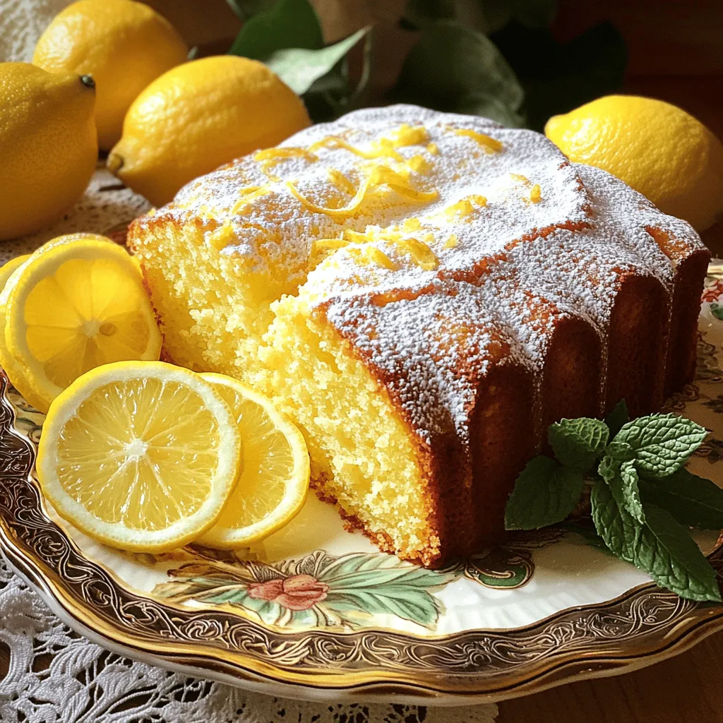 To make this Italian Lemon Pound Cake, you will need the following ingredients: - 1 ½ cups all-purpose flour - 1 teaspoon baking powder - ½ teaspoon salt - ½ cup unsalted butter, softened to room temperature - 1 cup granulated sugar - 3 large eggs, at room temperature - 2 tablespoons lemon zest (from about 2 medium lemons) - 1 teaspoon pure vanilla extract - ½ cup sour cream, at room temperature - ¼ cup freshly squeezed lemon juice (from about 1 large lemon) - Powdered sugar, for a light dusting These ingredients work well together and create a bright, zesty flavor. If you need to make some changes, here are a few easy swaps: - Gluten-free flour: Use a 1:1 gluten-free baking mix in place of all-purpose flour. - Dairy-free: Substitute butter with coconut oil. Use a non-dairy yogurt for sour cream. - Egg replacements: Try using flax eggs or applesauce for a vegan option. These substitutions can help you adjust the recipe to fit your needs without losing flavor. Choosing the best lemons makes a difference in your cake’s taste. Here are some tips: - Look for bright color: Choose lemons that are deep yellow. - Check the firmness: Choose lemons that feel heavy and firm, avoiding soft spots. - Smell the aroma: Fresh lemons have a strong, citrusy scent, which indicates ripeness. These tips will help you pick lemons that are perfect for your Italian Lemon Pound Cake. For the full recipe, check out the complete instructions. Start by preheating your oven to 350°F (175°C). This step helps the cake rise well. Next, take a 9x5-inch loaf pan and prepare it. You can grease and flour the pan, or use parchment paper. Parchment makes it easier to take out the cake later. Make sure to cover all the corners to avoid sticking. In a large mixing bowl, add the softened butter and granulated sugar. Use an electric mixer on medium speed. Beat these two together until the mix looks light and fluffy. This can take about 3 to 5 minutes. Next, add the eggs one by one. Mix well after each egg. This helps to keep the batter smooth. After that, stir in the lemon zest and vanilla extract. These ingredients bring bright flavors. Now, take a medium bowl and mix the dry ingredients. Combine the all-purpose flour, baking powder, and salt. Whisk them together well. Set this bowl aside for later. Return to your wet mixture. Gradually add the flour mix and sour cream, alternating between them. Start and end with flour. Mix just until everything is combined. This avoids overmixing, which can make the cake dense. Finally, gently fold in the freshly squeezed lemon juice using a spatula. This adds a nice tang. Your batter should be smooth and ready for the loaf pan. To make your Italian lemon pound cake moist, start with room-temperature ingredients. This includes butter, eggs, and sour cream. They mix better and create a smooth batter. Use fresh lemon juice and zest for bright flavor. Adding sour cream keeps the cake soft. Remember, do not overmix the batter. Mix until just combined to keep it tender. Many bakers make simple mistakes. One is not measuring flour correctly. Use a spoon to fill your measuring cup, then level it off with a knife. This way, you avoid using too much flour. Another mistake is skipping the cooling time. Let the cake cool in the pan for ten minutes before turning it out. If you take it out too soon, it might break. Lastly, avoid opening the oven door early. This can cause the cake to fall. Presentation makes your cake shine. Serve slices on a nice plate. Add fresh lemon slices and a sprig of mint for color. A light dusting of powdered sugar adds elegance. For extra flavor, drizzle a lemon glaze on top. You can make this glaze with powdered sugar and lemon juice. It adds a sweet and tangy touch that pairs well with the cake. Enjoy your beautiful Italian lemon pound cake! For the full recipe, check out the detailed instructions above. {{image_4}} You can add blueberries or poppy seeds for a fun twist. For blueberries, fold in one cup of fresh or frozen berries. They add a burst of fruit flavor. If you choose poppy seeds, add two tablespoons to the batter. This gives a nice crunch and looks pretty too. Both options work well with the lemon taste. If you prefer a different shape, try a lemon bundt cake. Use the same batter from the Italian lemon pound cake recipe. Grease a bundt pan well. Pour the batter into the pan and bake it for about 50-60 minutes. The bundt shape adds a nice design. It also makes it easy to serve at gatherings. A glaze can enhance the flavor and look of your cake. A simple lemon glaze is easy to make. Combine one cup of powdered sugar with two tablespoons of lemon juice. Stir until smooth and drizzle it over the cooled cake. You can also add zest for extra flavor. For a twist, try a vanilla glaze. Just mix powdered sugar with milk and a splash of vanilla extract. Both glazes will make your cake shine! For the full recipe, check out the Italian Lemon Pound Cake recipe. To keep your Italian lemon pound cake fresh, wrap it tightly in plastic wrap. This prevents air from getting in and keeps it moist. Store the wrapped cake in an airtight container. Place it in a cool, dry place, away from direct sunlight. It should stay fresh for about three days. If you have leftovers after that, freezing is a great option. If you want to save some cake for later, freezing works well. First, let the cake cool completely. Then, slice the cake into individual pieces. Wrap each slice in plastic wrap tightly. Next, place the wrapped slices in a freezer-safe bag. Be sure to label the bag with the date. The cake can last up to three months in the freezer. When you’re ready to enjoy it, just thaw the slices in the fridge overnight. To bring your cake back to life, try this simple method. Once thawed, preheat your oven to 350°F (175°C). Place the cake in the oven for about 10 minutes. This warms it up and revives its soft texture. For an extra touch, dust it with powdered sugar before serving. This will make it look fresh and inviting again. Yes, you can use bottled lemon juice, but fresh is best. Fresh lemon juice gives a vibrant taste. Bottled juice lacks the same bright flavor and aroma. For the best results, always choose fresh lemons when you can. Italian Lemon Pound Cake lasts about 3 to 4 days at room temperature. Wrap it well to keep it fresh. You can also store it in the fridge for up to a week. If you want it to last longer, freeze it for up to three months. To slice pound cake, use a serrated knife. This type of knife cuts without crushing the cake. Start at one end and use a gentle sawing motion. Avoid pressing down hard; let the knife do the work. This way, you’ll have clean, beautiful slices every time. For a perfect finish, warm the knife slightly before cutting. We've covered the key ingredients for a perfect Italian Lemon Pound Cake, including substitutions and lemon selection. Next, I shared step-by-step instructions to guide your baking. I also offered tips to ensure a moist cake and avoid common mistakes. Finally, we discussed variations, storage tips, and answered frequently asked questions. In summary, you now have all you need to bake a delicious cake. Enjoy your baking journey and savor each bite of your tasty creation.