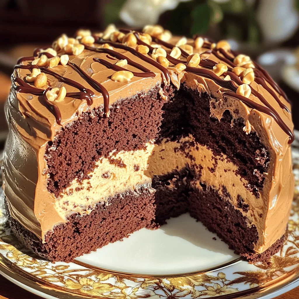 To make this extra moist chocolate peanut butter cake, gather these ingredients: - 1 ¾ cups all-purpose flour - 1 ¾ cups granulated sugar - ¾ cup unsweetened cocoa powder - 1 ½ teaspoons baking powder - 1 ½ teaspoons baking soda - 1 teaspoon salt - 2 large eggs - 1 cup whole milk - ½ cup vegetable oil - 2 teaspoons vanilla extract - 1 cup boiling water - 1 cup creamy peanut butter - ½ cup powdered sugar - ½ cup heavy cream When working in the kitchen, you might need some common conversions: - 1 cup = 240 ml - 1 tablespoon = 15 ml - 1 teaspoon = 5 ml - ¾ cup = 180 ml - ½ cup = 120 ml Choosing the right brands can help make your cake great. Here are my favorites: - Flour: King Arthur Flour is a reliable choice. - Sugar: C&H Granulated Sugar works well. - Cocoa Powder: Use Hershey's Unsweetened Cocoa Powder for rich flavor. - Baking Powder: Rumford is a great aluminum-free option. - Peanut Butter: Jif or Skippy offer smooth and creamy textures. - Vegetable Oil: Canola oil is a good substitute for vegetable oil. - Milk: Whole milk gives the best taste, but you can use almond or soy milk. If you need to adjust for allergies, consider these substitutes: - Use gluten-free flour for a gluten-free version. - Swap eggs with applesauce or flaxseed meal for a vegan cake. For more details and precise measurements, check the Full Recipe. 1. Preheat the Oven: Set your oven to 350°F (175°C). Grease two 9-inch round cake pans with butter or cooking spray and dust with flour. 2. Combine Dry Ingredients: In a large bowl, sift together 1 ¾ cups all-purpose flour, 1 ¾ cups granulated sugar, ¾ cup unsweetened cocoa powder, 1 ½ teaspoons baking powder, 1 ½ teaspoons baking soda, and 1 teaspoon salt. Mix well. 3. Mix Wet Ingredients: Add 2 large eggs, 1 cup whole milk, ½ cup vegetable oil, and 2 teaspoons vanilla extract to the dry mix. Use an electric mixer on medium speed for 2 minutes until smooth. 4. Incorporate Boiling Water: Carefully stir in 1 cup boiling water. The batter will be thin, but that’s okay. This makes the cake moist. 5. Prepare for Baking: Pour the batter evenly into the two prepared pans. Make sure they are equal in size for even baking. 6. Bake the Cakes: Place both pans in the oven and bake for 30-35 minutes. Check if they are done by inserting a toothpick in the center. If it comes out clean, they are ready. Let the cakes cool in the pans for 10 minutes. Then turn them out onto wire racks to cool completely. 7. Make the Peanut Butter Frosting: While the cakes cool, prepare the frosting. In a medium bowl, mix 1 cup creamy peanut butter and ½ cup powdered sugar until smooth. Gradually add ½ cup heavy cream and beat until fluffy. 8. Assemble the Cake: Once the cakes are cool, place one layer on a serving plate. Spread a layer of peanut butter frosting on top. Carefully add the second layer and cover the entire cake with the rest of the frosting. 9. Decorate the Cake: For a fun touch, drizzle melted chocolate on top or sprinkle chopped peanuts for added crunch. For the full recipe, refer to the earlier sections for all the details. To make this cake extra moist, I use boiling water. Adding it to the batter helps hydrate the dry ingredients. Do not skip this step! You can also replace some oil with applesauce. This swap adds moisture without extra fat. Using fresh ingredients is key, too. Fresh eggs and milk make a big difference. One big mistake is overmixing the batter. Mix just until combined to keep the cake light. Also, avoid baking too long. If you bake it too much, the cake becomes dry. Always check the oven time but use a toothpick to judge doneness. Insert it into the center and see if it comes out clean. To check if the cake is done, use a toothpick. Insert it in the middle of the cake. If it comes out clean or with a few crumbs, it's ready. If the toothpick has wet batter, bake a few more minutes. Let the cake cool in the pan for 10 minutes before moving it to a rack. This cooling time helps keep the cake moist. For the full recipe, check out the Extra Moist Chocolate Peanut Butter Cake. Enjoy baking! {{image_4}} You can make this cake gluten-free by using a gluten-free flour blend. Look for a blend that has a good mix of starches and whole grains. A 1:1 gluten-free flour is easy to use. Just swap it for the all-purpose flour in the recipe. Your cake will still turn out moist and fluffy. To make a vegan version, replace the eggs with flaxseed meal. Mix 1 tablespoon of flaxseed meal with 2.5 tablespoons of water for each egg. Let it sit for five minutes to thicken. Use almond milk or any plant-based milk instead of whole milk. For the frosting, you can use coconut cream mixed with peanut butter and powdered sugar. You can add different flavors to your cake. Try mixing in a teaspoon of instant coffee for a rich taste. For a fruit twist, add a half cup of mashed bananas to the batter. You can also fold in chocolate chips for extra sweetness. Don't forget to top with crushed peanuts or mini chocolate chips for a fun crunch. Feel free to explore and find your favorite flavor! For the full recipe, check the main article. To keep your Extra Moist Chocolate Peanut Butter Cake fresh, store it in an airtight container. Place parchment paper between layers to prevent sticking. You can also wrap the cake in plastic wrap for extra protection. Store it at room temperature for up to three days. If you want to keep it longer, the fridge works too, but it may dry out a bit. Freezing is a great option for this cake. First, let the cake cool completely. Then, wrap each layer tightly in plastic wrap. After that, place the wrapped layers in a freezer bag. You can freeze the cake for up to three months. When you’re ready to enjoy it, just move it to the fridge to thaw overnight. If you want to enjoy a warm slice, reheating is easy. Preheat your oven to 350°F (175°C). Place a slice on a baking sheet and cover it with foil. Heat for about 10 minutes, or until warmed through. You can also use the microwave. Heat in short bursts of 15 seconds, checking often. Enjoy the cake warm for a cozy treat! Yes, you can use a different frosting. Cream cheese frosting or chocolate ganache works well. Both add a nice flavor and texture. Just make sure the frosting complements the cake's rich taste. The cake can last for up to five days when stored properly. Keep it in an airtight container at room temperature. If you place it in the fridge, it can last for a week. Absolutely! You can bake the cake a day or two before. Just store the layers in plastic wrap. Frost the cake just before serving for the best taste and look. You can use applesauce or mashed bananas as an egg substitute. Use 1/4 cup of either per egg. This will keep the cake moist and fluffy while making it vegan-friendly. In this post, I covered key ingredients, step-by-step instructions, and useful tips for baking. You learned about ingredient choices and measurement conversions, and I shared tips for moist cake and checking doneness. I also offered gluten-free and vegan options, as well as storage methods. Remember, baking is both an art and a science. Enjoy your baking adventure, and feel free to experiment with flavors and styles! Happy baking!