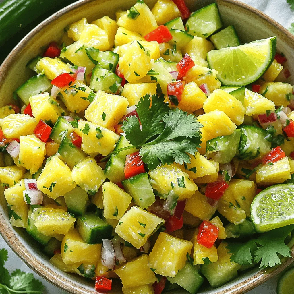 To create a vibrant and refreshing Pineapple Cucumber Lime Salad, you need some fresh ingredients. Each one adds unique flavor and texture. Here’s what you will need: - 2 cups fresh pineapple, diced into bite-sized pieces - 1 medium cucumber, peeled and diced - 1 red bell pepper, diced - 1/4 red onion, finely chopped - 1 jalapeño, deseeded and minced (optional for a spicy kick) - 1/4 cup fresh cilantro, roughly chopped - Juice of 2 fresh limes - 1 tablespoon honey (or agave syrup for a vegan option) - Sea salt and freshly cracked black pepper, to taste These ingredients mix well together and create a tasty salad. The sweet pineapple balances with the cool cucumber. The red bell pepper adds crunch, while the onion gives a bit of bite. If you want heat, add the jalapeño. Fresh cilantro brings a nice herb flavor, and lime juice adds a zesty twist. Honey or agave syrup sweetens the dish, making it a perfect summer treat. For the full recipe, check the detailed instructions. Enjoy making this light and refreshing salad! 1. Start with the fresh pineapple. Cut it into bite-sized pieces. Aim for about 2 cups. 2. Next, peel and dice your cucumber. A medium cucumber works best here. 3. In a large mixing bowl, combine the diced pineapple and cucumber. 4. Add 1 diced red bell pepper and 1/4 finely chopped red onion. Mix gently with a spatula. 5. If you like it spicy, add minced jalapeño. Adjust the amount to fit your taste. 1. In a small bowl, squeeze the juice from 2 fresh limes. 2. Add 1 tablespoon of honey or agave syrup. Whisk until smooth and well combined. 3. This dressing adds great flavor to your salad! 1. Drizzle the lime dressing over the salad mixture. Toss gently to coat all ingredients. 2. Fold in 1/4 cup of roughly chopped fresh cilantro. Season with sea salt and black pepper to taste. 3. Let the salad rest at room temperature for about 10 minutes. This helps the flavors blend well. For the complete recipe, check out the [Full Recipe]. Enjoy your refreshing summer dish! Adjusting Heat Level with Jalapeño If you like a kick, add jalapeño. Start with a small amount. You can always add more if you want it spicier. Remove the seeds to reduce the heat. This way, you can control the spice level. Just remember to mix it well with the other ingredients for an even flavor. Substituting Ingredients for Variety Feel free to swap ingredients based on what you have. Want to add mango? Go ahead! You can also try bell peppers of different colors. Each change brings a new taste. This salad is very flexible. Using what you have makes cooking fun and easy. Serving Suggestions and Garnishes Serve this salad in a colorful bowl. It makes the dish pop! You can add lime wedges on the side. A sprig of cilantro on top adds a nice touch. These little steps make your dish look fancy and inviting. Bowl Selection for Visual Appeal Choose a bowl that matches the bright colors of the salad. A clear glass bowl shows off the layers and colors. A vibrant bowl adds charm and makes your salad stand out. Presentation plays a big role in how we enjoy food. Health Advantages of Fresh Ingredients This salad is packed with vitamins. Pineapple is rich in vitamin C, while cucumber is hydrating. Fresh veggies boost your health and energy. Eating colorful foods is great for your body. Each bite offers nutrition and fresh taste. Low-Calorie and Nutrient-Dense Options This dish is low in calories but high in nutrients. It fills you up without heavy ingredients. Perfect for a light summer meal! You can enjoy it guilt-free and feel good about what you eat. Eating healthy can be both tasty and enjoyable. {{image_4}} You can switch up the fruits in this salad. Try adding mango or kiwi for a sweet twist. Both fruits add a burst of color and flavor. Mango gives a tropical vibe, while kiwi adds a tart note. You can also include avocado for creaminess. Avocado brings a rich texture that balances the crispness of cucumber. It makes the salad a bit heartier without losing its light feel. Herbs can really change the flavor of your salad. Experiment with mint or basil for a refreshing touch. Mint adds a cool taste, while basil gives a warm, sweet aroma. You can also add other greens like arugula or spinach. These greens add a peppery flavor and extra nutrients. Play around to find the mix you love best! Try different dressings to give your salad new life. A citrus vinaigrette made with orange or lemon juice can be bright and zesty. You can also use honey, maple syrup, or agave syrup for sweetness. Each sweetener gives a different flavor profile. This way, you can customize the salad to fit your tastes. For the full recipe, check out the link! To keep your pineapple cucumber lime salad fresh, use airtight containers. This helps prevent air from wilting the veggies. Glass or plastic containers work well. Make sure they seal tightly. Store the salad in the fridge right after making it. Keep the salad in the refrigerator at 40°F (4°C) or lower. Storing it cold helps preserve its taste and texture. Avoid leaving the salad out for more than two hours. If it's hot outside, limit that time to one hour. Your salad is best when eaten fresh. It stays good for 1 to 2 days in the fridge. After that, the ingredients may lose their crunch. Look for signs of spoilage. If the salad looks slimy or has an off smell, it’s time to toss it. Discoloration is also a red flag. Trust your senses; when in doubt, throw it out. Enjoy your fresh salad while it lasts! For more details, check the Full Recipe. To make this salad vegan, you can easily swap honey for agave syrup. Agave syrup is a great vegan-friendly sweetener. It adds sweetness without any animal products. You can also try maple syrup or coconut sugar. Both will work well in this refreshing dish. Yes, you can prepare this salad ahead of time. To keep it fresh, store it in an airtight container. Make sure to add the dressing right before serving. If you do mix the dressing in early, the salad may get soggy. Cut the ingredients a day ahead and keep them in the fridge. This salad pairs well with many dishes. You can serve it with grilled chicken or fish for a light meal. It also goes great with tacos or burgers. For a vegetarian option, try it with quinoa or a veggie wrap. Each pairing will enhance the bright flavors of the salad. This blog post shared a simple, fresh salad recipe using fruits and vegetables. You learned how to prepare it step-by-step. We discussed tips for flavor, presentation, and nutrition. You can customize this salad with different fruits and herbs. You also found best practices for storing and serving. I hope you feel inspired to try this refreshing salad. Enjoy the bright flavors and stay healthy!