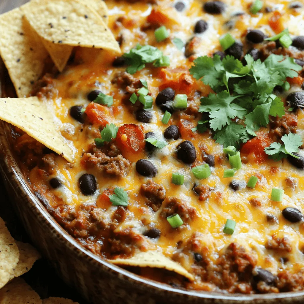 - 1 pound ground beef - 1 pound spicy sausage - 1 (8 oz) package cream cheese - 1 cup sour cream - 1 can (15 oz) black beans - 1 can (10 oz) diced tomatoes with green chilies - 1 cup shredded sharp cheddar cheese - 1 cup shredded Monterey Jack cheese - 2 tablespoons taco seasoning - 1 jalapeño (optional) - Tortilla chips for serving To make Meaty Texas Trash Dip, you need a mix of hearty ingredients. The ground beef and spicy sausage serve as a savory base. Cream cheese and sour cream add rich creaminess that ties everything together. Black beans and diced tomatoes bring a nice texture and flavor. You can play with the cheese! Sharp cheddar and Monterey Jack create a gooey, melty topping. Add taco seasoning for a bold taste, and a jalapeño if you want some heat. Don't forget the tortilla chips! They're perfect for scooping up all that goodness. - Additional spices for flavor enhancement - Different types of cheese - Fresh herbs You can enhance the dip with optional spices like onion powder or garlic powder. Switch up the cheeses too; pepper jack adds a nice kick! Fresh herbs like cilantro can brighten the dish. - Calories per serving: Approximately 300 - Breakdown of macronutrients: - Protein: 20g - Fat: 22g - Carbohydrates: 10g This dip packs a punch in flavor and nutrition. Each serving offers a good mix of protein and fat, making it filling. If you want to enjoy this dip while keeping health in mind, pair it with fresh veggies too. For the full experience, check out the Full Recipe. First, you want to brown the meat. In a large skillet, set over medium heat, add 1 pound of ground beef and 1 pound of spicy sausage. Cook until both are browned and fully cooked. Use a wooden spoon to break the meat into small pieces. Once browned, drain off any excess fat. Next, reduce the heat to low. Add an 8-ounce package of softened cream cheese and 1 cup of sour cream to the skillet. Stir continuously until the cream cheese melts and blends well with the meat. This creates a smooth base that is rich and creamy. Now it’s time to add some flavor. Mix in 1 can of drained and rinsed black beans and 1 can of diced tomatoes with green chilies. Don’t forget to include the juices for extra flavor! Then, add 2 tablespoons of taco seasoning and 1 diced jalapeño if you like heat. Stir well and heat for about 3 to 5 minutes until everything is warmed through. Cheese time! Sprinkle in half of your 1 cup of shredded sharp cheddar and half of your 1 cup of shredded Monterey Jack cheese. Stir until the cheese melts and mixes well into the dip. This step brings a cheesy bliss that makes this dip special. Transfer your meaty mixture into a lightly greased baking dish. Smooth the top with a spatula, then add the remaining cheddar and Monterey Jack cheese on top. Place the dish in a preheated oven at 350°F (175°C). Bake for 15 to 20 minutes until the cheese is bubbly and golden brown on top. Once baked, remove the dip from the oven. Allow it to cool for a few minutes to avoid burns. Serve it hot with tortilla chips. For a nice touch, consider garnishing with fresh cilantro or green onions before serving. Enjoy this crowd-pleaser that everyone will love! To keep your dip thick, avoid using too much liquid. Drain black beans well before adding them. When mixing the cream cheese and sour cream, stir continuously on low heat. This helps achieve a smooth blend. If you find the dip too runny, add more cheese. Cheese helps bind the ingredients together. For a flavor boost, consider adding more spices. Increase the taco seasoning or try smoked paprika. Fresh toppings can make a big difference too. Try adding chopped cilantro or diced green onions on top. This adds color and freshness to each bite. Meaty Texas Trash Dip is great for parties and game days. Serve it during family gatherings or casual get-togethers. Pair it with cold drinks like beer or soda. The dip goes well with tortilla chips, but you can also try veggies. Carrot sticks or bell peppers add a nice crunch. For a fun twist, serve it with soft flour tortillas. For the full recipe, check out the detailed instructions above. {{image_4}} You can easily make a veggie version of Texas Trash Dip. Start by replacing the meat with hearty vegetables like mushrooms, zucchini, or bell peppers. These veggies add a nice texture and flavor. You can also use plant-based cheeses. Brands like Daiya or Follow Your Heart work well. They melt nicely and taste great. This makes the dip rich and creamy without the meat. If you love heat, make a spicy version. Increase the amount of jalapeño. You can also add more spices like cayenne or chili powder. For a kick, try incorporating your favorite hot sauces. A few dashes of Tabasco or sriracha can turn up the heat. Adjust the spice level to your taste. This way, you can enjoy a bold flavor that makes your taste buds dance. This dip can take on regional flavors too. Add some Tex-Mex flair with corn or black olives. You can also mix in barbecue sauce for a sweet and smoky twist. For a fusion idea, try adding kimchi or curry powder. These ingredients give the dip a unique spin. You can create a dish that reflects your favorite flavors and cultures. For the full recipe and step-by-step instructions, check out the [Full Recipe]. To store leftovers, cool the dip to room temp. Place it in an airtight container. A glass or plastic container works best. Seal it tightly to keep out air. This helps maintain flavor and texture. You can freeze the dip for later use. First, let it cool completely. Then, transfer it to a freezer-safe container. Make sure to leave some room at the top, as it will expand. When ready to eat, thaw the dip in the fridge overnight. Reheat it slowly on the stove or in the oven. Stir it well to ensure even heating. For freshness, enjoy the dip within three days when stored in the fridge. If frozen, it can last for about two months. Signs that the dip has gone bad include a sour smell or visible mold. If you see either, throw it away right away. Always trust your senses when it comes to food safety. Yes, you can make this dip ahead. Cook it and cool it down. Store it in an airtight container in the fridge for up to three days. When you're ready to enjoy it, just reheat it in the oven at 350°F until hot. This makes it perfect for parties! You can serve this dip with various sides. Here are some great options: - Tortilla chips - Fresh veggies like carrots and celery - Sliced baguette or toasted bread - Pita chips for a twist These sides add crunch and contrast to the smooth and cheesy dip. Absolutely! If you want a milder dip, skip the jalapeño. You can also use mild taco seasoning. For more heat, add extra jalapeños or hot sauce. Just taste as you go to get it just right. Yes, this dip can be gluten-free! All the main ingredients are naturally gluten-free. Just check your taco seasoning and any chips you use to ensure they are gluten-free as well. This blog post covered how to make a tasty Meaty Texas Trash Dip. We explored all the essential ingredients, instructions, and tips to create the perfect dip. Whether you go spicy or stick with classic flavors, there's a version for everyone. Remember to consider serving size and storage for future munchies. Enjoy this dip at your next gathering! You’ll impress your friends and family with your skills.