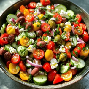 - 1 cup cherry tomatoes, halved - 1 cucumber, diced - 1 red bell pepper, diced - 1/2 red onion, thinly sliced - 1 cup Kalamata olives, pitted and halved - 1 cup feta cheese, crumbled - 1/4 cup fresh parsley, chopped - 1/4 cup fresh mint, chopped - 3 tablespoons extra virgin olive oil - 2 tablespoons freshly squeezed lemon juice - 1 teaspoon dried oregano - Salt and pepper, to taste - Additional feta cheese - Fresh mint sprigs When I create a Mediterranean salad, fresh ingredients are key. You want to use ripe cherry tomatoes. Their sweetness adds a burst of flavor. The cucumber gives a nice crunch and coolness. A bright red bell pepper brings color and a sweet taste. The thin slices of red onion add a sharp bite. Kalamata olives are a must for that salty kick. Feta cheese crumbles on top make it creamy and rich. Fresh parsley and mint give the salad a fragrant touch. For the dressing, I use extra virgin olive oil. It’s smooth and tasty. The lemon juice brings acidity, making everything pop. Dried oregano adds an earthy flavor. Don't forget salt and pepper; they tie everything together. You can enhance the salad with optional garnishes. Extra feta on top looks great. A few mint sprigs make it feel special. This salad is not only colorful but also loaded with flavor. For the full recipe, check out the details above. - Combine cherry tomatoes, cucumbers, bell pepper, and red onion. - Stir gently for even distribution. Start by grabbing a large mixing bowl. Add the halved cherry tomatoes, diced cucumber, diced red bell pepper, and thinly sliced red onion. These veggies are not just colorful; they bring fresh flavors to the salad. Gently stir to mix them well. This step is key. It ensures each bite is packed with taste. - Carefully mix in Kalamata olives and crumbled feta cheese. - Use a spatula for gentle mixing. Next, it's time for the star ingredients: Kalamata olives and feta cheese. Add the halved olives and crumbled feta to the bowl. Use a spatula to mix gently. This will keep the feta intact, adding a creamy texture without breaking it down too much. The olives add a nice briny flavor that pairs perfectly with the fresh veggies. - Whisk together olive oil, lemon juice, oregano, salt, and pepper. - Ensure the mixture is well emulsified. Now, let’s whip up the dressing. In a small bowl, whisk together the extra virgin olive oil, freshly squeezed lemon juice, dried oregano, and a pinch of salt and pepper. Whisk until everything blends well. A good dressing makes the salad sing, and this one does just that! - Drizzle dressing over the salad. - Toss gently to coat everything evenly. Drizzle the dressing over your salad mix. Now, toss gently. This step is important to coat each ingredient without bruising the delicate veggies. You want every bite to have a burst of flavor. - Add chopped parsley and mint. - Adjust seasoning to taste. Finally, sprinkle in the chopped parsley and mint. These herbs add freshness and depth. Give the salad one last gentle toss. Then, taste it! If you think it needs more salt or pepper, now’s the time to adjust. Enjoy your Mediterranean Delight Salad! Want to dive deeper into the flavors? Check out the Full Recipe for all the details. To make your salad burst with taste, always adjust the seasoning after you taste it. Start with a pinch of salt and pepper. Then, add more if you need it. You can also experiment with different herbs. Fresh herbs like basil or dill can give your salad a unique twist. Try adding them to see what you like best. Serve your beautiful salad in a large, shallow bowl or on individual plates. This makes it easy to share and looks great. For a special touch, garnish with extra feta or fresh mint sprigs. A sprinkle of herbs on top makes your dish pop with color and flavor. If you want to prepare ahead of time, wash and chop all your veggies first. You can store them in the fridge in separate containers. This way, they stay fresh until you're ready to mix them. Also, make the dressing in advance. Just whisk it together and keep it in a jar. When you are ready to eat, combine everything for a quick and tasty meal. Enjoy your Mediterranean Delight Salad! Find the Full Recipe for more details on making this refreshing dish. {{image_4}} You can add protein to your Mediterranean salad for a heartier meal. Grilled chicken or shrimp makes it filling and tasty. Just cook the meat until golden and slice it before adding. If you want a vegetarian option, add chickpeas. They offer great protein and a nice texture. Feel free to switch up the vegetables in your salad. Radishes or zucchini can add a fun crunch. You can also change the cheese. Swap feta for goat cheese for a creamier taste. If you're vegan, use a plant-based cheese instead. Want to kick up the flavor? Add garlic or Dijon mustard to your dressing. This will give your salad a nice zing. If you prefer a tangy twist, try vinegar instead of lemon juice. Balsamic or red wine vinegar works great for this. For the full recipe, check out the complete Mediterranean Delight Salad. To store leftovers, put the salad in an airtight container. This keeps the salad fresh. Use containers made of glass or BPA-free plastic. These materials help maintain taste and texture. Always cover the salad tightly. This prevents air from wilting the greens. In the fridge, the Mediterranean salad lasts about 3 to 4 days. Check for signs of spoilage, such as a sour smell or mushy ingredients. If any vegetables look slimy or discolored, it’s best to toss the salad. You can freeze Mediterranean salad, but some items won’t freeze well. Feta cheese and fresh herbs can lose their texture. If you freeze it, remove those before freezing. Store the salad in a freezer-safe bag. Make sure to squeeze out all the air. When ready to eat, thaw it in the fridge overnight. Enjoy a fresh Mediterranean delight with the [Full Recipe]. Mediterranean salad has roots in countries around the Mediterranean Sea. This includes Greece, Italy, and Spain. These regions share fresh ingredients, bright flavors, and healthy eating. The salad highlights local produce and simple dressings. Yes, you can easily make Mediterranean salad vegan. Simply swap feta cheese for tofu or dairy-free cheese. Use chickpeas for protein in place of feta. You can also add nuts or seeds for extra crunch. Yes, you can prepare Mediterranean salad ahead of time. Chop veggies and store them in the fridge. Keep the dressing separate until you are ready to serve. Avoid adding delicate herbs like parsley and mint too early. They can wilt and lose flavor. To make your salad more filling, add grains like quinoa or couscous. You can also include protein like grilled chicken, shrimp, or chickpeas. These additions will make the salad a complete meal, not just a side dish. Mediterranean salad offers many health benefits. Fresh vegetables provide vitamins and minerals. Olives and olive oil are great sources of healthy fats. Feta cheese adds calcium and protein. This salad is light yet nourishing! This Mediterranean salad is fresh, tasty, and easy to make. You'll enjoy the bright flavors from the tomatoes, olives, and herbs. The dressing brings it all together perfectly. I shared tips for variations and making it ahead, so you can enjoy it anytime. Remember, salads are flexible. You can add your favorite proteins or veggies. With these simple steps, you’ll impress your friends and family. Enjoy this healthy dish and feel good about what you’re eating!