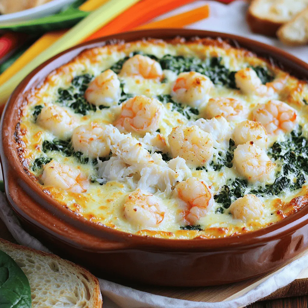 - 1 cup cooked shrimp, chopped - 1 cup lump crab meat - 2 cups fresh spinach, roughly chopped - 1 cup cream cheese, softened - 1/2 cup sour cream - 1 cup shredded mozzarella cheese - 1/2 cup grated Parmesan cheese - 2 cloves garlic, minced - 1 tablespoon fresh lemon juice - 1 teaspoon Old Bay seasoning - Salt and pepper to taste - 1 tablespoon olive oil This shrimp and crab spinach dip combines fresh seafood with creamy textures. Each ingredient plays a key role in making the dish special. The shrimp offers a sweet and delicate taste. The crab adds a rich, savory depth. Fresh spinach brings a bright color and nutrition. Cream cheese and sour cream create the creamy base. Mozzarella melts beautifully, while Parmesan adds a nutty flavor. Garlic provides warmth, and lemon juice brightens everything up. Old Bay seasoning adds a touch of spice that ties it all together. Make sure to chop the shrimp and lump crab meat carefully. This helps in getting even bites. Use fresh spinach for the best color and taste. Softened cream cheese is easier to mix, making it smooth. Keep salt and pepper handy for personal taste adjustments. For the full recipe, check the instructions above. Happy cooking! 1. Preheat your oven to 350°F (175°C). This ensures your dip bakes evenly. 2. In a medium skillet, heat 1 tablespoon of olive oil over medium heat. Add 2 cloves of minced garlic and sauté for about 1 minute. You want it fragrant but not brown. 3. Now, add 2 cups of roughly chopped fresh spinach. Cook this, stirring occasionally, until the spinach wilts and turns bright green. This takes about 3-4 minutes. Remove from heat and let it cool slightly. 4. In a large bowl, combine 1 cup of softened cream cheese, 1/2 cup of sour cream, and 1 tablespoon of fresh lemon juice. Use a hand mixer or spatula to mix until smooth and creamy. 1. Next, fold in the cooked spinach, 1 cup of chopped shrimp, and 1 cup of lump crab meat. 2. Add 1 cup of shredded mozzarella and 1/2 cup of grated Parmesan cheese. Mix until everything is well combined. 3. Season the mix with salt and pepper to taste. Make sure the flavors are just right. 4. Transfer the mixture to a baking dish. Spread it evenly with a spatula. 5. Place the dish in your preheated oven. Bake for 20-25 minutes, until hot, bubbly, and lightly golden on top. 1. Once baked, carefully remove the dish from the oven. Let it cool slightly before serving. This helps the dip set. 2. Serve this delightful dip with crunchy tortilla chips, toasted baguette slices, or fresh vegetable sticks. It creates a fun and colorful dipping experience. 3. For an extra touch, sprinkle some grated Parmesan on top. Garnish with fresh spinach leaves for a lovely finish. For the full recipe, check out the Ocean Delight Shrimp and Crab Spinach Dip 🦐. To boost the taste of your shrimp and crab spinach dip, think about seasoning. Use Old Bay seasoning for its unique flavor. You can also add garlic powder or paprika for extra depth. Fresh herbs like parsley or dill can brighten the dip. A sprinkle of cayenne pepper adds heat, while lemon zest brings freshness. Softened cream cheese is key for a smooth dip. It blends well with other ingredients. Take your cream cheese out early, so it warms to room temperature. When mixing, use a hand mixer or a spatula. This helps achieve a creamy consistency. Make sure all ingredients are well blended for the best texture. Presentation matters! Serve your dip in a colorful dish to catch the eye. Top it with extra grated Parmesan for a cheesy finish. Fresh spinach leaves make a great garnish. You can also add a drizzle of olive oil for shine. Pair the dip with toasted baguette slices or crunchy tortilla chips for a fun experience. {{image_4}} You can switch things up by using different seafood. Instead of shrimp, try scallops or lobster. Both add a nice twist. You can also mix in crab for a heartier taste. For cheese, experiment with different types. Swap mozzarella for cheddar or pepper jack. These cheeses bring unique flavors and textures. Mixing cheeses creates fun taste surprises. If you need gluten-free options, this dip is already safe! Just check all your labels. Ensure the sour cream and seasonings are gluten-free. For a vegetarian version, leave out the seafood. You can replace it with artichokes or mushrooms. These ingredients add depth and keep it tasty. Want to spice things up? Add diced jalapeños or a dash of hot sauce. This gives the dip a fiery kick. You can also use smoked paprika for a warm, smoky flavor. Incorporating different veggies can add color and crunch. Try bell peppers, onions, or even tomatoes. Mix them in with the spinach for a fresh twist. For the full recipe, check out Ocean Delight Shrimp and Crab Spinach Dip. To store leftover dip, let it cool first. Then, place it in an airtight container. This keeps the dip fresh for up to three days. Make sure to seal it well to prevent moisture. Glass or plastic containers work great for storage. I prefer glass, as it keeps flavors intact. To reheat the dip, start by placing it in an oven-safe dish. Preheat your oven to 350°F (175°C). Heat the dip for about 15 minutes. Check to see that it is warm throughout. If you want, you can cover it with foil to keep it moist. Avoid using the microwave, as it may change the dip's texture. Yes, you can freeze this dip! To freeze, place it in a freezer-safe container. Leave some space at the top, as it will expand. It can stay frozen for about two months. When you're ready to eat, thaw it in the fridge overnight. Then, reheat it in the oven for the best results. This way, you'll enjoy that creamy texture again. You can pair this dip with several tasty dippers. Here are some great options: - Toasted baguette slices - Crunchy tortilla chips - Fresh vegetable sticks like carrots and celery - Pita chips for a soft crunch - Crackers for a light bite For side dishes, consider serving a light salad. A simple green salad with lemon vinaigrette works well. You can also add fruit like sliced apples or grapes for a sweet touch. Yes, you can prep this dip ahead of time. Here are some tips to help: - Make the dip a day before serving. Store it in the fridge in an airtight container. - Keep the dip covered to prevent drying out. - Before you bake it, let it sit at room temperature for about 30 minutes. To store any leftovers, place them in a sealed container in the fridge. To reheat, bake it at 350°F (175°C) for about 15 minutes. This helps keep the dip creamy and warm. Absolutely! Here are some ways to lighten it up: - Use low-fat cream cheese instead of regular cream cheese. - Swap sour cream for Greek yogurt; it adds protein and creaminess. - Choose reduced-fat mozzarella cheese to cut calories. You can also use less cheese overall. This dip will still taste great and stay creamy. This blog post covered the essential ingredients, step-by-step instructions, and helpful tips for making shrimp and crab spinach dip. You learned how to enhance flavor and achieve the perfect creamy texture. I also shared easy variations and storage advice to enjoy your dip longer. Making this dip can impress your guests or make a cozy night in special. Have fun experimenting with flavors and ingredients. Enjoy your tasty creation, and happy cooking!