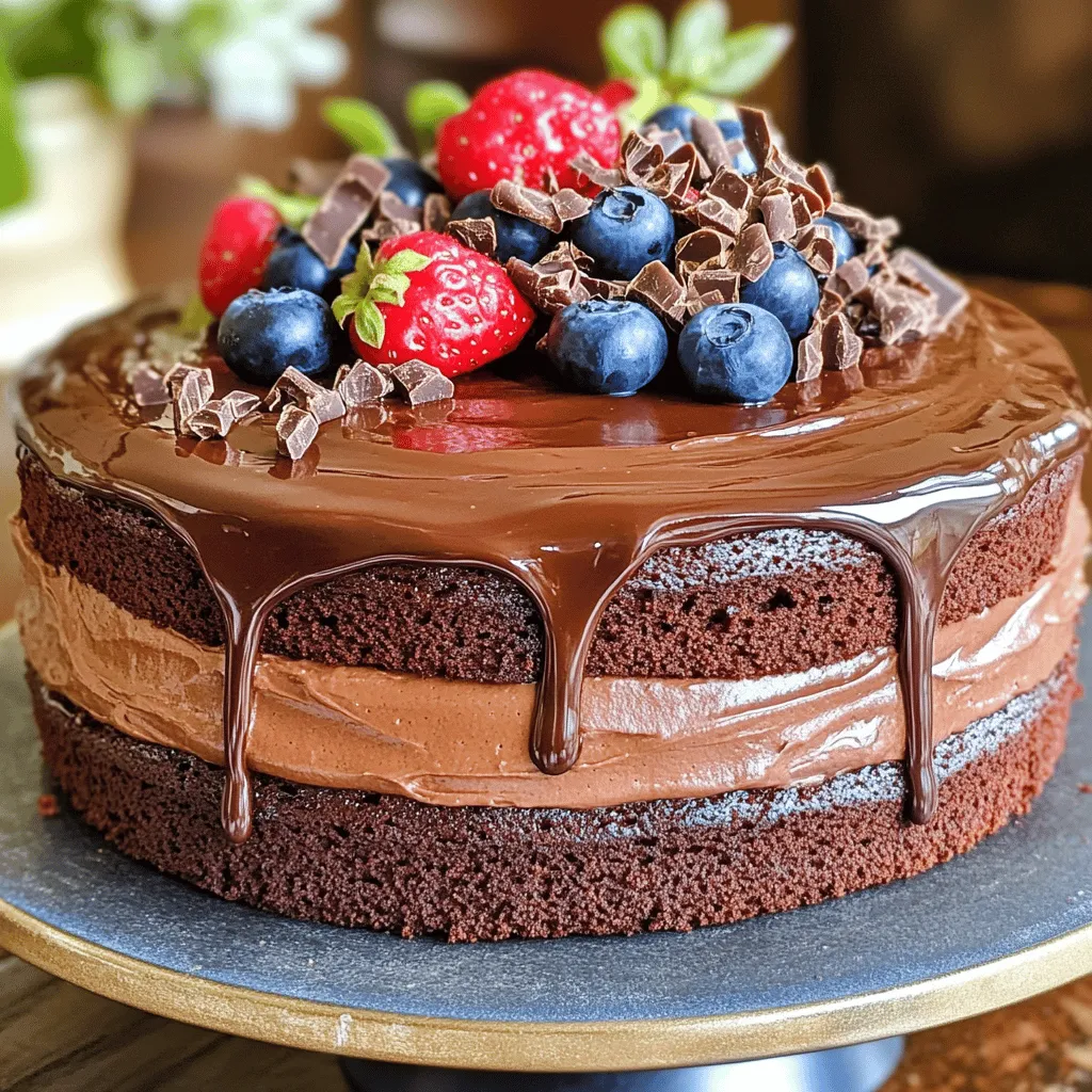 - 1 ¾ cups all-purpose flour - 1 ¾ cups granulated sugar - ¾ cup unsweetened cocoa powder - 1 ½ teaspoons baking powder - 1 ½ teaspoons baking soda - 1 teaspoon salt To make the best chocolate cake, gather these dry ingredients first. The flour gives structure. Sugar adds sweetness. Cocoa powder brings that rich chocolate flavor. Baking powder and baking soda help the cake rise. Salt brings balance, enhancing all the flavors. - 2 large eggs, at room temperature - 1 cup whole milk, at room temperature - ½ cup vegetable oil - 2 teaspoons pure vanilla extract - 1 cup boiling water - Optional: 1 cup dark chocolate chips Next, we need the wet ingredients. Eggs add moisture and help bind the cake. Milk gives a soft texture. Vegetable oil keeps it moist. Pure vanilla extract adds a lovely aroma. The boiling water helps the cocoa powder bloom, making the cake richer. For extra indulgence, you can add dark chocolate chips. This step makes the cake even more delightful. By preparing these ingredients, you set the stage for a simple yet delicious dessert. Follow the [Full Recipe] for a step-by-step guide to baking this cake. - Preheat oven to 350°F (175°C). - Grease and flour two 9-inch round cake pans. This helps the cake come out easily. - Combine dry ingredients in a large mixing bowl. Mix flour, sugar, cocoa powder, baking powder, baking soda, and salt. - Add wet ingredients and mix until smooth. Crack in the eggs, pour in the milk, oil, and vanilla. Use a mixer to blend until you see no lumps. - Gradually add boiling water to the batter. This step makes the cake moist. It may look thin, but that’s just right! - Divide and pour batter into prepared pans. Make sure both pans have the same amount of batter. - Bake for 30 to 35 minutes, checking for doneness. Insert a toothpick in the center. If it comes out clean or with a few crumbs, your cake is ready. Now you’re on your way to making a delightful chocolate cake! Follow the Full Recipe for more details. To make the best chocolate cake, start by ensuring all ingredients are at room temperature. This helps them mix better and create a smooth batter. Next, avoid overmixing the batter. This keeps the cake tender and fluffy. Mix just until everything combines. For frosting, I love using chocolate buttercream. It adds richness and creaminess. You can garnish your cake with melted dark chocolate or chocolate shavings. Fresh berries also add a nice color and taste contrast. I recommend using a stand mixer for easy blending. It saves time and effort. Also, use quality bakeware. Good pans help your cake bake evenly and release easily. Investing in the right tools makes all the difference in your baking journey. Enjoy making your cake! For the complete details, check the Full Recipe. {{image_4}} You can make your chocolate cake even better. Adding coffee boosts the chocolate taste. A little brewed coffee in the batter creates a rich flavor. You can also use different extracts. Almond or mint extract can give your cake a fun twist. Just a few drops can change the taste. If you want a healthier cake, try whole wheat flour. It has more nutrients than white flour. You can also cut back on oil. Use applesauce or Greek yogurt instead. This keeps the cake moist with less fat. This way, you enjoy a guilt-free treat. For those who need gluten-free options, there are easy swaps. Use almond flour or gluten-free all-purpose flour. Both work well in this recipe. Vegans can also enjoy this cake. Substitute eggs with flaxseed meal or applesauce. For dairy, use almond milk or coconut yogurt. These swaps keep the cake delicious for everyone. For the full recipe, check out the Decadent Chocolate Dream Cake. To store your chocolate cake at room temperature, wait until it cools completely. Wrap it in plastic wrap or place it in an airtight container. This keeps it moist and fresh. Store it in a cool, dry place. Your cake will stay fresh for up to three days this way. For long-term storage, you can freeze your cake and frosting. First, let the cake cool fully. Wrap each layer in plastic wrap, then in aluminum foil. This prevents freezer burn. You can freeze the frosting in a separate airtight container. Your cake can last up to three months in the freezer. To thaw a frozen cake, move it to the fridge for a few hours. Once it's soft, unwrap it. You can also leave it out at room temperature for quicker thawing. Just make sure it’s wrapped so it doesn’t dry out. After slicing your cake, keep it fresh by covering the exposed parts. Use plastic wrap or place it in a cake dome. This helps keep the cake moist. Store it in the fridge if you plan to eat it later. Enjoy your cake for up to a week this way. For more details, check the Full Recipe. To check if your cake is done, use a toothpick. Insert it into the center of the cake. If it comes out clean or with a few crumbs, your cake is ready. You can also look for a few signs of doneness. The cake will pull away from the sides of the pan. The top will feel firm to the touch. Yes, you can make this cake ahead of time. Bake the cake and let it cool completely. Wrap each layer in plastic wrap. Store them in the fridge for up to three days. You can also freeze the layers for up to three months. Just make sure to wrap them well. When ready to serve, thaw in the fridge overnight. Chocolate cake loves rich frosting. A classic choice is chocolate buttercream. Cream cheese frosting also works well, adding a tangy note. If you want a lighter touch, try whipped cream. For a twist, use peanut butter frosting. Each of these options enhances the cake's chocolate flavor. In this blog post, we explored how to make the best chocolate cake. We started with essential ingredients, then moved on to step-by-step instructions. I shared tips for perfecting your cake and offered variations for different tastes. Finally, we discussed storage methods to keep your cake fresh. With these details, you can create a chocolate cake that delights everyone. Remember, the right ingredients and care make all the difference. Enjoy baking!