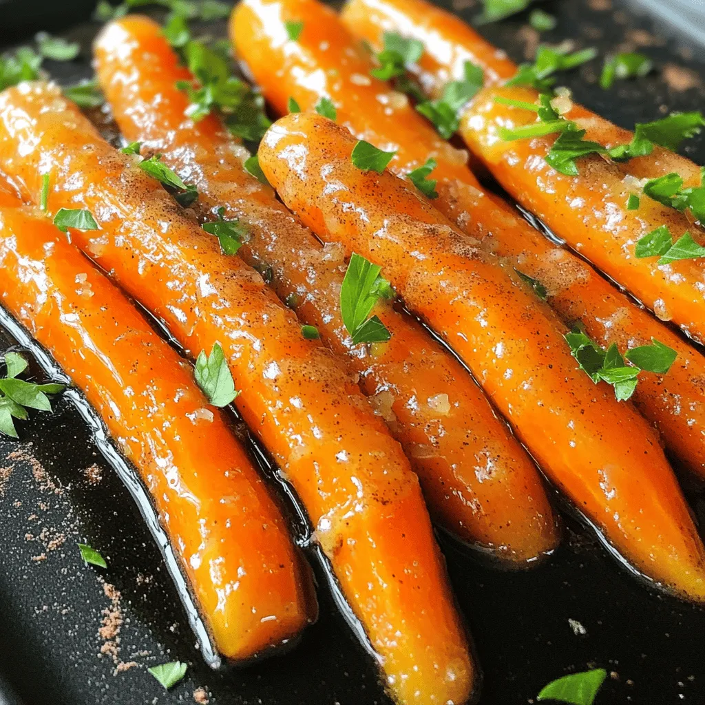 - 1 lb baby carrots, cleaned and trimmed - 2 tablespoons unsalted butter - 1/4 cup pure maple syrup - 1 teaspoon ground cinnamon - 1/2 teaspoon freshly grated nutmeg - Salt and freshly cracked black pepper to taste - 1 tablespoon chopped fresh parsley (for garnish) I love using baby carrots for this dish. They are sweet and tender, making them perfect for glazing. Start with 1 pound of baby carrots, making sure they are cleaned and trimmed. Next, you'll need 2 tablespoons of unsalted butter. Butter brings richness to the dish and helps the glaze stick. The star of the show is 1/4 cup of pure maple syrup. This syrup adds sweetness and a unique flavor. Do not use imitation syrup; it won’t taste the same. For spice, use 1 teaspoon of ground cinnamon and 1/2 teaspoon of freshly grated nutmeg. These spices elevate the flavor and add warmth to the dish. Lastly, season with salt and freshly cracked black pepper to taste. This will balance out the sweetness. For garnish, chop 1 tablespoon of fresh parsley. It adds a pop of color and freshness. With these ingredients, you're on your way to making the best maple glazed carrots ever. Check the Full Recipe for detailed steps to create this delightful side dish! To start, fill a large pot with water and bring it to a rolling boil over high heat. Once the water boils, carefully add the baby carrots. Cook them for about 5-7 minutes. You want them slightly tender but still a bit crisp. After cooking, drain the carrots in a colander and set them aside to cool a little. Next, we need to prepare the glaze. In a large skillet, melt the unsalted butter over medium heat. Make sure it doesn’t brown. This is key for a nice flavor. Now it’s time to add the fun stuff! Place the drained baby carrots into the skillet. Pour the pure maple syrup evenly over them. Then, sprinkle in the ground cinnamon and freshly grated nutmeg. Gently toss the carrots with the syrup and spices. You want every carrot coated well. Keep cooking the carrots in the skillet for another 5-8 minutes. Stir them occasionally. This helps the syrup caramelize and form a tasty glaze. After cooking, taste the glazed carrots. Season them with salt and freshly cracked black pepper to bring out the flavors. Once they taste just right, take the skillet off the heat. Carefully transfer the glazed carrots to a serving dish. For the final touch, sprinkle the chopped fresh parsley over the carrots. This adds a nice pop of color and freshness. Now your maple glazed carrots are ready to shine on your table! To get the best texture from your maple glazed carrots, time your cooking right. Start by boiling the baby carrots for 5-7 minutes. This makes them tender but keeps a nice crunch. After boiling, drain them and let them cool just a bit. Next, test for doneness. You want a fork to slide in easily but not too soft. If they need more time, simply cook them a bit longer in the skillet. The right texture makes these carrots a joy to eat. To boost the flavor of your carrots, think about adding extra spices. Ground ginger pairs well with maple. A pinch of cayenne can bring heat if you like it spicy. You can also play with sweeteners. Try honey or agave syrup if you're looking for a twist. Each sweetener adds its own unique taste. Use this flexibility to find your favorite flavor. For more ideas, check out the Full Recipe for maple glazed carrots. Enjoy experimenting! {{image_4}} You can easily swap out carrots for other veggies. Try using parsnips or sweet potatoes. They add a different taste while still being sweet and tender. For a colorful dish, mix in some colorful bell peppers. You can also use turnips for a unique twist. Each option brings its own flavor to the table. Using different gourmet syrups can change the glaze. Instead of maple syrup, try honey or agave nectar. Each syrup adds a distinct flavor. You can even mix syrups for a unique taste. Consider adding a dash of vanilla or caramel syrup for extra depth. To make this dish vegan-friendly, simply replace butter with a plant-based option. Olive oil or vegan butter works well. This keeps your dish creamy while being suitable for all diets. You won’t lose any flavor with this swap. For gluten-free options, you are in luck! This recipe is already gluten-free. Just ensure your syrup is pure and free from additives. Most brands offer gluten-free syrups. Enjoy this dish without any worries. To store your maple glazed carrots, let them cool down first. Place them in an airtight container. This keeps them fresh and tasty. You can keep them in the fridge for up to four days. Make sure the container is sealed well to prevent moisture loss. When you're ready to enjoy your glazed carrots again, reheating is easy. You can use a microwave or a skillet. If using a microwave, heat them in short bursts. Stir after each burst for even warming. If you prefer the skillet, add a splash of water and heat over medium. This helps keep them moist. Serve the reheated carrots as a side dish with your favorite main course. They pair well with roast chicken or grilled steak. For a fun twist, add a sprinkle of fresh herbs after reheating. Enjoy the sweet and savory flavors! For the full recipe, check out the Maple Glazed Carrots recipe. Maple glazed carrots can last about 4 to 5 days in the fridge. To keep them fresh, store them in an airtight container. Make sure they cool down before sealing. This helps prevent moisture buildup, which can lead to soggy carrots. If you want them to last longer, consider freezing them. They can stay good in the freezer for up to 3 months. Just remember to thaw them in the fridge before reheating. Yes, you can make maple glazed carrots ahead of time. Prepare them and let them cool completely. Store them in the fridge until you are ready to serve. When it’s time to eat, just reheat them in a skillet over low heat. This way, they will taste fresh and delicious. If you can, add a little extra maple syrup while reheating for extra flavor. Maple glazed carrots go great with many dishes. They pair well with roasted chicken, grilled fish, or pork tenderloin. You can also serve them alongside a quinoa salad or creamy mashed potatoes. Their sweet flavor balances well with savory meals. Try adding some roasted Brussels sprouts or green beans for a colorful side dish. For the full recipe, check out the Maple Glazed Carrots recipe. Here’s a quick look at the ingredients you’ll need. In this article, we explored how to make delicious maple glazed carrots. We covered the key ingredients, step-by-step cooking, and tips for the best texture and flavor. I shared ideas for variations and how to store and reheat leftovers. As you try this recipe, enjoy the sweet and savory blend. Experiment with different veggies and spices to suit your taste. Maple glazed carrots can brighten any meal, offering a treat for everyone at the table. Happy cooking!