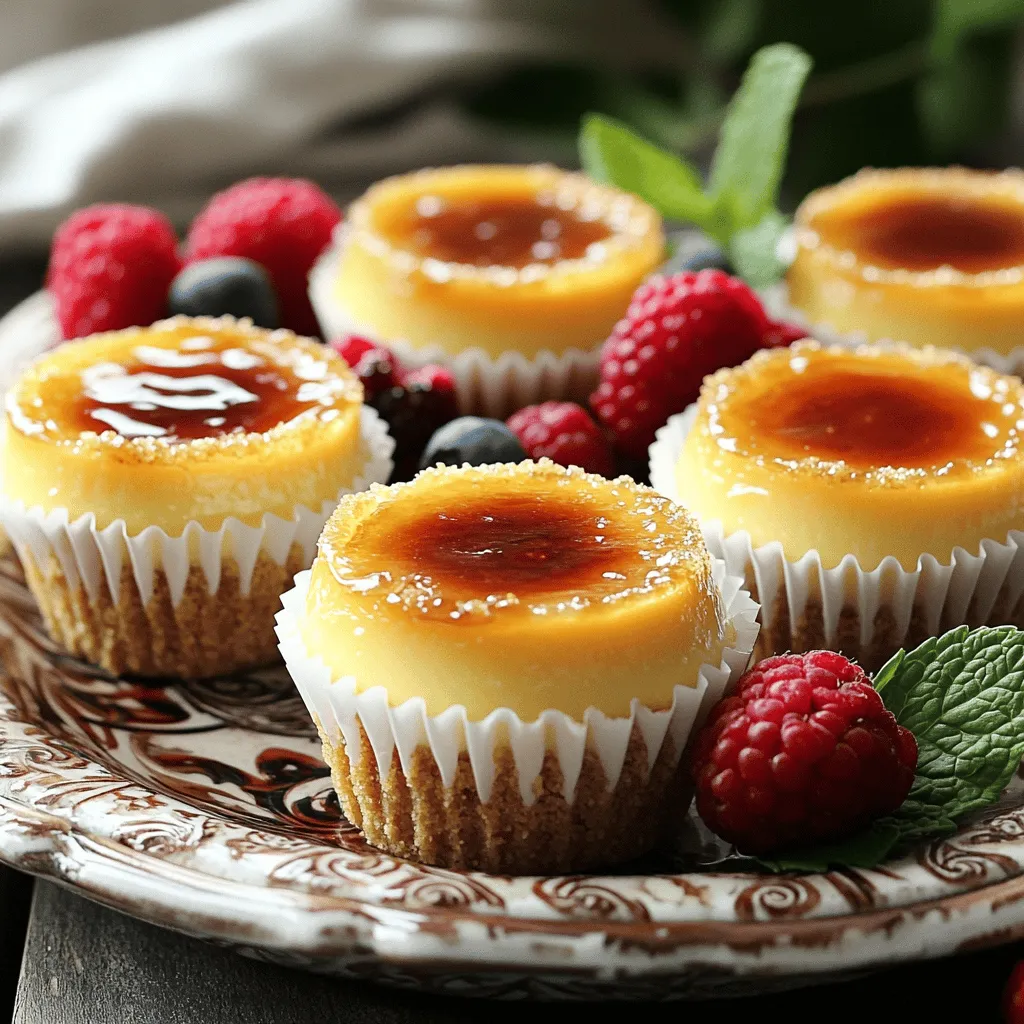 Creating Mini Crème Brûlée Cheesecakes is simple with the right ingredients. Here’s what you need: - 1 cup graham cracker crumbs - 2 tablespoons granulated sugar (for crust) - 4 tablespoons unsalted butter, melted - 16 oz cream cheese, softened to room temperature - 1 cup granulated sugar (for filling) - 1 teaspoon pure vanilla extract - 2 large eggs, at room temperature - 1 cup heavy cream - Extra granulated sugar for caramelizing on top These ingredients blend to create a creamy, delightful treat. The graham cracker crumbs make a crunchy base. The cream cheese adds richness, while the heavy cream gives it a smooth texture. Each element plays a key role in achieving that classic crème brûlée taste. I find that using fresh, high-quality ingredients makes a big difference in flavor. For the full recipe, check out the detailed instructions. 1. Preheat the oven: Set your oven to 325°F (160°C). This is the perfect temperature for baking the crust. 2. Mixing the crust ingredients: In a bowl, combine 1 cup of graham cracker crumbs, 2 tablespoons of granulated sugar, and 4 tablespoons of melted unsalted butter. Stir until all crumbs are moist. 3. Baking the crusts: Line a muffin tin with cupcake liners. Press about 1 tablespoon of the mixture into the bottom of each liner. Bake for 5-7 minutes until they are firm. Let them cool. 1. Beating the cream cheese: In a clean bowl, beat 16 oz of softened cream cheese with an electric mixer. Mix until smooth and creamy. 2. Incorporating sugar and eggs: Gradually add 1 cup of granulated sugar. Mix until light and fluffy. Then, add 2 large eggs, one at a time, mixing well after each. 3. Adding heavy cream and mixing: Pour in 1 cup of heavy cream. Stir gently until the batter is smooth and fully mixed. 1. Distributing the batter: Pour the cheesecake batter over the cooled crusts. Fill each liner about three-quarters full. 2. Baking time and checking consistency: Bake for 20-25 minutes. The edges should be firm, but the centers can still jiggle slightly. 3. Cooling methods: Turn off the oven. Leave the cheesecakes inside for 1 hour. Then, move them to a wire rack until they reach room temperature. Chill them in the fridge for at least 4 hours. For the best texture, refrigerate overnight. For the full recipe, check the details above. Using room temperature ingredients makes a big difference. When cream cheese is soft, it blends smoothly. Eggs should be at room temperature too. This helps them mix well, creating a creamy cheesecake. Bake your mini cheesecakes for 20-25 minutes. The edges should be firm, but the centers still jiggle slightly. If they look too set, they can become dry. After baking, turn off the oven and let them cool inside for one hour. This gentle cooling helps prevent cracks. Refrigerate them for at least four hours. Overnight chilling is even better for texture. Using a kitchen torch is the best way to caramelize the sugar. To use it safely, hold the torch about six inches away. Move it in circles over the sugar until it melts and turns golden. Let it cool for a minute to harden. If you don’t have a torch, you can use the broiler. Place the cheesecakes under the broiler for about 2-3 minutes. Watch closely, as sugar can burn quickly. Serve your mini cheesecakes on a decorative platter. Arrange them neatly for a beautiful display. Garnish with fresh berries or mint leaves. You can also drizzle caramel or chocolate sauce on top. This adds color and flavor, making your treat even more appealing. For the full recipe, check out the steps above! {{image_4}} You can add fun twists to your mini crème brûlée cheesecakes. Try mixing in chocolate or fruit flavors. For chocolate, use cocoa powder or melted chocolate in the filling. Fruit can bring a fresh taste. Consider pureeing strawberries or raspberries and folding them into the batter. You can also incorporate liqueurs for a grown-up treat. A splash of coffee liqueur or orange liqueur can enhance the flavor. Just a tablespoon is enough to make a difference. If you need gluten-free options, use gluten-free graham cracker crumbs for the crust. You can find these at most grocery stores. They work just as well and taste great. For dairy-free substitutes, use vegan cream cheese and coconut cream. These ingredients will keep the creamy texture while meeting your dietary needs. Seasonal flavors can make these cheesecakes even more special. For fall, try a pumpkin spice version. Add pumpkin puree and spices like cinnamon and nutmeg to the filling. In summer, berry versions shine. You can use fresh blueberries, strawberries, or blackberries mixed into the batter. These flavors are bright and refreshing, perfect for warm weather. Explore these variations to make the mini crème brûlée cheesecakes your own. Check the Full Recipe for more ideas and inspiration! To keep your mini cheesecakes fresh, store them in the fridge. Place them in an airtight container. This step prevents them from absorbing any odd flavors. You can keep them in the fridge for up to five days. If you want the best taste, eat them within three days. Want to make them last longer? Freeze the mini cheesecakes. First, let them cool completely. Wrap each cheesecake tightly in plastic wrap. Then, put them in a freezer-safe bag. They can stay frozen for up to three months. When you're ready to enjoy them, take them out of the freezer. Place them in the fridge overnight to thaw. To refresh the texture after freezing, avoid the microwave. Instead, place them in the oven at 350°F (175°C) for about 10 minutes. This method helps keep the crust crispy. Serve them chilled right after thawing. Just add the caramelized sugar topping before serving. For extra flair, garnish with berries or mint. Enjoy your delightful treat! To caramelize the sugar topping, use a kitchen torch. This gives a nice, even burn. Keep the torch moving to avoid burning one spot. If you don't have a torch, you can use your oven broiler. Place the mini cheesecakes under the broiler for about 1-2 minutes. Watch closely to prevent burning. Tools needed for caramelizing: - Kitchen torch - Baking sheet (for broiler method) - Heat-resistant gloves Yes, you can make these cheesecakes a day in advance. They store well in the fridge. Just keep them in an airtight container. The flavors will deepen as they sit. Suggested storage times: - Refrigerate for up to 3 days. - Freeze for longer storage, up to 2 months. Tips for preparing in advance: - Bake and cool the cheesecakes. - Do not add the sugar topping until you are ready to serve. You’ll know the cheesecakes are done when the edges are firm. The center should still have a slight jiggle. This means they will set perfectly as they cool. Signs of perfect doneness: - Firm edges - Slight jiggle in the center Checking for texture and jiggle: - Gently shake the muffin tin. - Look for a wobbly center but firm edges. In this post, we explored the delightful process of making Mini Crème Brûlée Cheesecakes. We covered ingredients and step-by-step instructions, plus tips on texture, caramelization, and presentation. I also shared variations, storage tips, and answers to common questions. These treats are perfect for any occasion. You can experiment with flavors and dietary needs to make them your own. Enjoy creating and sharing this delicious dessert!