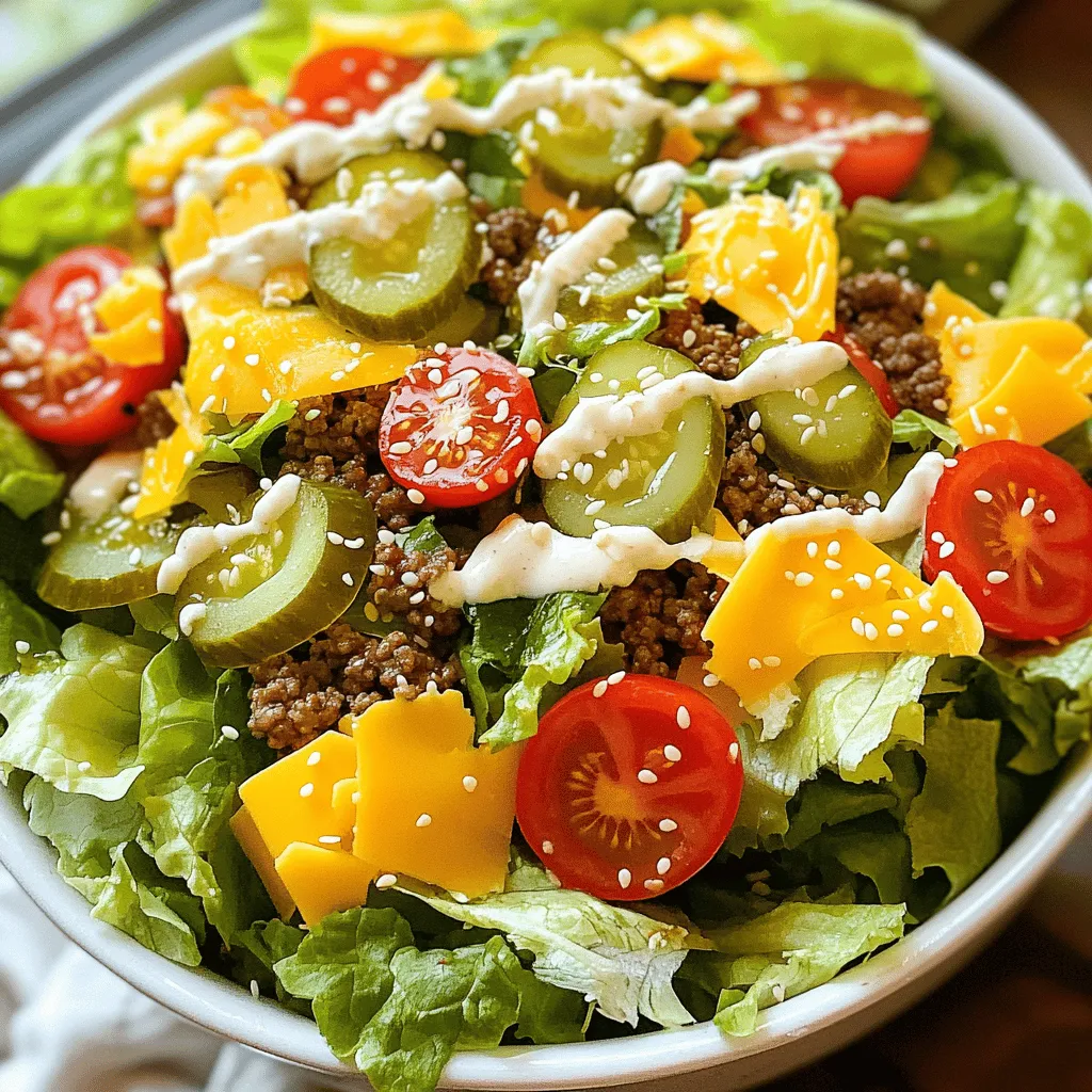 - 1 lb ground beef - 4 cups romaine lettuce, chopped - 1 cup cherry tomatoes, halved - 1 cup diced pickles - ½ cup shredded cheddar cheese - ½ cup shredded mozzarella cheese - ½ cup red onion, finely diced - ½ cup Thousand Island dressing - Sesame seeds for garnish - 1 teaspoon garlic powder - 1 teaspoon onion powder - Salt and pepper to taste The Big Mac Salad Bowl serves four people. Each serving is filling and satisfying. You can pair this salad with warm garlic bread or crispy tortilla chips for extra crunch. If you want to keep it lighter, serve it with sliced cucumbers or extra veggies on the side. You can also enjoy it with a refreshing drink, like iced tea or lemonade. For more ideas, check the Full Recipe. This Big Mac Salad Bowl is not just tasty; it is also a fun twist on a classic! - Heat a large skillet over medium heat. - Add 1 lb of ground beef to the skillet. - Season the beef with 1 teaspoon garlic powder, 1 teaspoon onion powder, salt, and pepper. - Cook until the beef is browned, about 7-10 minutes. Cooking beef is simple and fun. I love to break it up with a spatula as it cooks. This helps it brown evenly. Make sure to drain any excess fat after it’s done cooking. This keeps your salad light and healthy. - Take a large mixing bowl and add 4 cups of chopped romaine lettuce. - Spread the lettuce evenly across the bottom. Creating a solid base is key. You want your salad to hold all the toppings well. The romaine adds crunch and freshness. Don’t skip this step! - Once the beef has cooled, add it to the bowl with the romaine lettuce. - Add 1 cup halved cherry tomatoes, 1 cup diced pickles, ½ cup shredded cheddar cheese, ½ cup shredded mozzarella cheese, and ½ cup finely diced red onion. - Toss everything gently with tongs or a large spoon. Mixing the ingredients is where the magic happens. Each bite should have a bit of everything. After tossing, drizzle ½ cup of Thousand Island dressing over the salad. Toss gently again to coat all the ingredients. Dressing is important for flavor. You want it to be well-mixed, so every forkful is tasty. For the final touch, sprinkle sesame seeds on top for crunch. Follow the Full Recipe for more details and enjoy your Big Mac Salad Bowl! To make your Big Mac Salad Bowl shine, start with seasoning. You can adjust the salt and pepper to suit your taste. For a richer flavor, try adding a bit more garlic powder or onion powder. If you love a bit of zing, consider a dash of hot sauce. When it comes to dressing, Thousand Island is classic, but feel free to switch it. A creamy ranch or zesty vinaigrette can bring new life to the dish. Taste as you go to find what you love. Serving matters! Use bright bowls to showcase the salad’s colors. You can layer the ingredients for a nice look. Start with romaine, add beef, then top with cheese and veggies. Garnishing adds flair. Try extra pickles on top or a sprinkle of sesame seeds. A few cherry tomatoes on the side make it look fresh and fun. This makes your salad bowl pop! Meal prep can save you time. Cook the beef in bulk and store it. You can use it for salads or wraps throughout the week. Consider using pre-cooked beef or rotisserie chicken for fast meals. Chopped veggies from the store also help cut down on prep time. This way, you can enjoy your Big Mac Salad Bowl in no time! Check out the Full Recipe for more ideas! {{image_4}} You can easily make a vegetarian Big Mac Salad Bowl. Instead of ground beef, use plant-based options. Crumbled tofu or tempeh works well. You can also try lentils or black beans for protein. These swaps keep it hearty and satisfying. For dressing, use vegan alternatives. Look for plant-based Thousand Island dressings or make your own. Combine vegan mayo, ketchup, and a little pickle juice for a simple mix. This salad is great for customizing. You can swap or add veggies based on what you like. Try bell peppers, cucumber, or shredded carrots for extra crunch. You can also change up the cheese. If you prefer a stronger flavor, choose blue cheese or feta. For a creamier taste, opt for goat cheese. If you want to switch up the flavor, try different dressings. Ranch or Caesar dressing adds a new twist. You can also use a balsamic vinaigrette for a tangy kick. Adjust flavors to meet your taste. Add hot sauce for spice or honey for sweetness. Taste as you go, and make it your own. Enjoy the full recipe for more details on how to make this delicious dish! To store your Big Mac Salad Bowl, use an airtight container. This keeps the salad fresh. Place any leftover salad in the fridge right away. The salad stays fresh for about 2-3 days. Make sure to separate the dressing. If dressing sits on the salad, it can make it soggy. Reheat the cooked beef in a skillet over medium heat. Stir it until it's hot throughout. Avoid reheating the salad. Instead, refresh the salad ingredients by adding fresh lettuce and veggies. This keeps your salad crisp and tasty. You can freeze the cooked beef for later use. Place it in a freezer-safe bag. The beef can last up to 3 months in the freezer. However, I do not recommend freezing the entire salad. Fresh veggies do not freeze well. If you want to adapt the recipe for freezing, just freeze the beef and prepare fresh salad ingredients when ready to eat. A Big Mac Salad Bowl is a fresh twist on the classic Big Mac. It keeps all the great flavors but skips the bun. This dish features layers of crisp romaine lettuce, seasoned beef, and toppings that make it feel like a real treat. The inspiration comes from the iconic burger, but it's a healthier choice. You can enjoy all the tastes of a Big Mac in a salad form, making it fun and nutritious. To enhance the flavor of the beef, season it well. Start with salt and pepper, then add garlic powder and onion powder. This will give your beef a nice kick. You can also experiment with other spices or sauces. Some people like to add Worcestershire sauce for depth. Just be sure to mix well as the beef cooks. This will ensure every bite is packed with flavor. Yes, you can prepare your salad ahead of time! For best results, keep the lettuce and beef separate until you’re ready to eat. Store the lettuce in a sealed container to keep it fresh and crisp. You can also pre-chop the other veggies and cheese. Just remember to add the dressing right before serving. This will keep everything fresh and tasty. The Big Mac Salad Bowl combines fresh ingredients with rich flavors. We covered easy steps to cook beef and prepare a tasty salad. You learned how to add personal touches and save time in the kitchen. This dish is flexible, so you can make it vegetarian or vegan too. Store leftovers properly to enjoy later. Overall, this recipe is fun, quick, and perfect for any meal. Try it out and make it your own!