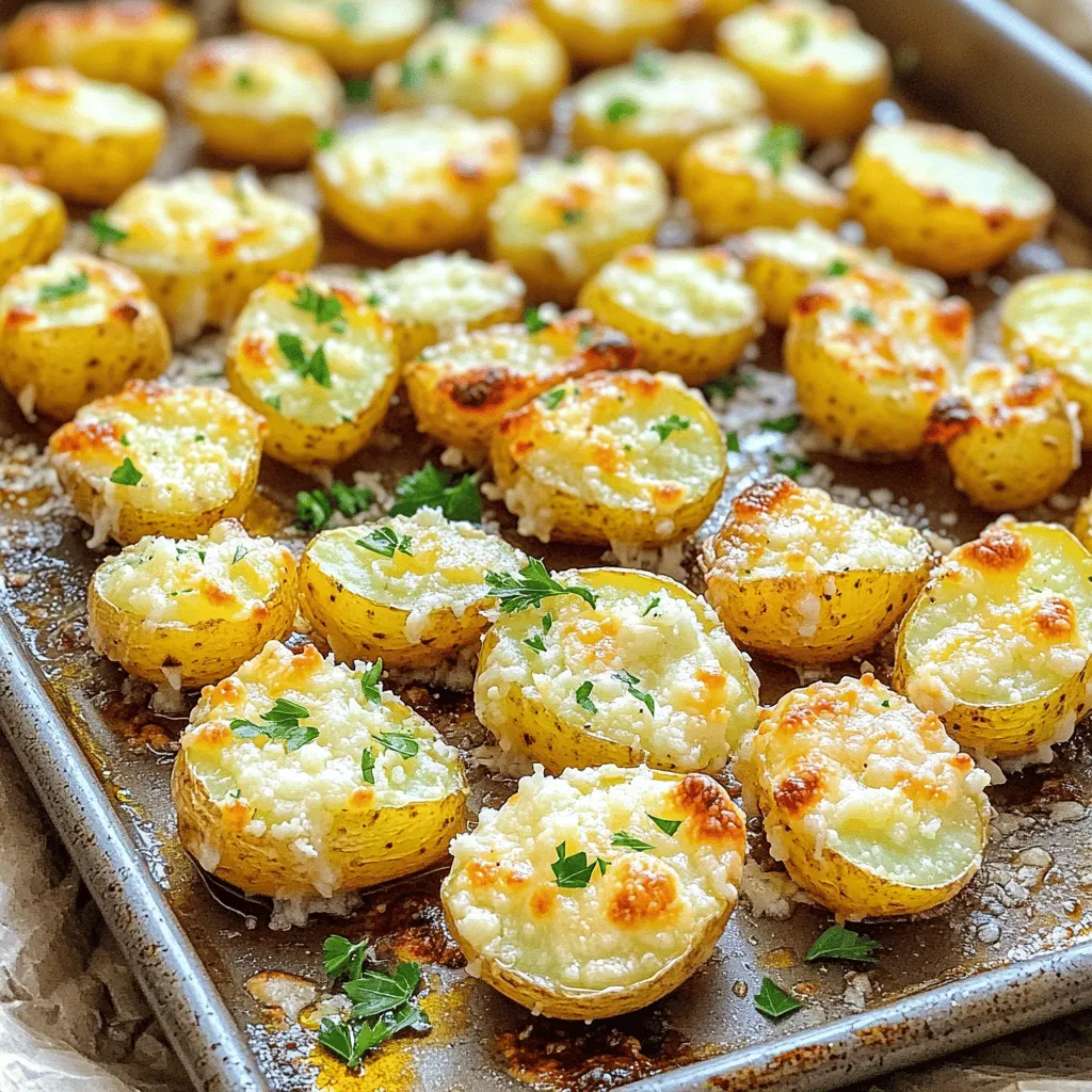 To make Garlic Parmesan Roasted Potatoes, you need fresh and simple ingredients. Here’s what you will need: - 1.5 pounds baby potatoes, halved - 4 tablespoons extra virgin olive oil - 4 cloves garlic, finely minced - 1 cup freshly grated Parmesan cheese - 1 teaspoon dried oregano - 1 teaspoon dried thyme - Salt and freshly ground black pepper to taste - Fresh parsley, chopped, for a vibrant garnish Each ingredient plays a key role. The baby potatoes give a tender bite. Olive oil helps with crispiness. Garlic adds a strong flavor. Parmesan cheese brings richness and a nice crust. Dried herbs add depth and a touch of earthiness. Seasoning with salt and pepper enhances all the flavors. Finally, fresh parsley adds a pop of color and freshness. For full details on how to combine these ingredients, check out the Full Recipe. - First, preheat the oven to 425°F (220°C). This high heat helps with crispiness. - Grab a large baking sheet and line it with parchment paper for easy cleanup. - In a large bowl, add 1.5 pounds of halved baby potatoes. - Drizzle in 4 tablespoons of extra virgin olive oil. - Add 4 finely minced garlic cloves, 1 teaspoon of dried oregano, and 1 teaspoon of dried thyme. - Toss the potatoes well with your hands or a wooden spoon. You want them fully coated. - Season with salt and black pepper to taste. Toss again to mix the flavors. - Spread the coated potatoes in a single layer on the baking sheet. - Place them in the hot oven and roast for about 25 minutes. - Flip the potatoes halfway through to ensure they cook evenly. - When they are golden and fork-tender, take them out of the oven. - While hot, sprinkle 1 cup of freshly grated Parmesan cheese over the potatoes. - Return the baking sheet to the oven for another 5-7 minutes. This melts the cheese. - Look for a bubbly and slightly golden finish. - Once done, take them out and garnish with fresh chopped parsley. - This adds a nice pop of color and freshness. - Garlic Parmesan roasted potatoes pair well with grilled meats and salads. - They also work great as a tasty appetizer. - For a complete meal, serve them alongside roasted veggies. For more detailed steps, check the Full Recipe. To get those Garlic Parmesan Roasted Potatoes crispy, start with high heat. I recommend preheating your oven to 425°F (220°C). This heat helps to brown the potatoes nicely. Make sure to spread the potatoes in a single layer on the baking sheet. If they’re too close together, they’ll steam instead of crisp. Flip them halfway through cooking. This ensures even cooking and browning on all sides. If you want a different flavor, try using Pecorino Romano instead of Parmesan. It offers a nice twist. You can also use nutritional yeast for a vegan option. For potatoes, baby potatoes work well, but you can swap in Yukon Gold or red potatoes. Just cut them into similar sizes for even cooking. A good baking sheet is key. Look for a heavy-duty one that won’t warp in the oven. I also recommend using parchment paper for easy cleanup. As for mixing, a large mixing bowl helps you toss the potatoes well with the olive oil and spices. You can use a spatula or your hands to make sure everything is evenly coated. For the best results, don’t forget to check the [Full Recipe] for detailed steps! {{image_4}} You can easily change the taste of Garlic Parmesan Roasted Potatoes. Adding spices can give these potatoes a kick. Try red pepper flakes or cayenne pepper for some heat. Just a pinch can make a big difference. You can also mix in other cheeses. Cheddar or mozzarella can add new flavors. Feel free to experiment with your favorites. Each cheese brings its unique taste and texture. If you want to cook faster, try the air fryer. Set it to 400°F (200°C). Cook the potatoes for about 15-20 minutes. Shake the basket halfway for even cooking. The result is crispy and delicious potatoes. Grilling is a fun option too. Toss the potatoes in a grill basket. Cook them over medium heat for about 20-25 minutes. This method adds a lovely smoky flavor. These potatoes make great appetizers. Serve them with toothpicks and your favorite dip for a fun snack. You can also use them as a side dish with any meal. Make them kid-friendly by cutting the potatoes into smaller pieces. Kids love bite-sized food. You can even let them help with seasoning for more fun in the kitchen. For the full recipe, see Garlic Parmesan Roasted Potatoes Delight. To keep your Garlic Parmesan Roasted Potatoes fresh, store them in an airtight container. Place them in the fridge within two hours of cooking. They will stay good for about 3-5 days. Make sure they cool down before sealing. If you have a lot left, consider freezing them. To freeze, spread the cooled potatoes on a baking sheet. Freeze for 1-2 hours, then transfer them to a freezer-safe bag. This way, they won’t stick together. Frozen potatoes can last for up to three months. When reheating, you want to keep them crispy. The best way is to use an oven. Preheat your oven to 400°F (200°C). Spread the potatoes in a single layer on a baking sheet. Heat them for about 10-15 minutes, or until they get hot and crispy again. If you’re in a hurry and choose the microwave, they will heat up fast, but won’t be as crispy. Heat them for 1-2 minutes, checking often to avoid sogginess. For the best taste, stick with the oven! You can find the full recipe for these delicious potatoes above. How to make Garlic Parmesan Roasted Potatoes vegan? To make these potatoes vegan, replace Parmesan cheese with a vegan cheese. Nutritional yeast also works well for a cheesy flavor. Use plant-based olive oil or another vegan fat for coating the potatoes. Can I use other herbs instead of oregano? Yes, you can swap oregano for other herbs like rosemary, basil, or dill. Each will bring a unique taste to the dish. Experiment with your favorite herbs to create new flavors. What to do if potatoes are soggy? Soggy potatoes can happen if they are not spread out on the baking sheet. Make sure to lay them in a single layer. If they are still soggy, increase the oven temperature to 450°F (232°C) and roast longer to help them crisp up. How to tell when potatoes are done roasting? You can check if they are done by poking them with a fork. If the fork goes in easily, they are ready. Look for a golden color on the outside for that perfect crispy texture. How to adjust cooking time for different oven types? If you have a convection oven, reduce cooking time by about 5 to 10 minutes. Convection ovens cook food faster due to the hot air circulation. Always check for doneness a few minutes earlier. Tips for larger quantities of potatoes When roasting more potatoes, use two baking sheets instead of one. This allows for better air circulation. You may need to increase roasting time by about 5 to 10 minutes. Keep an eye on them for the best results. For the full recipe, check out Garlic Parmesan Roasted Potatoes Delight. In this article, we explored the simple yet delicious Garlic Parmesan Roasted Potatoes. We covered the key ingredients, step-by-step prep, and roasting techniques for perfect results. I shared tips for crispiness, ingredient swaps, and kitchen tools needed. We even looked at flavor variations and how to store leftovers. Cooking fun and tasty dishes can be easy. Enjoy experimenting and impressing others with this recipe! Happy cooking!