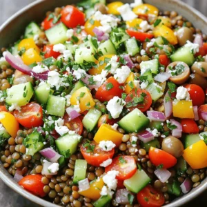 To make the Mediterranean Greek Lentil Salad, gather these fresh and vibrant ingredients: - 1 cup green or brown lentils, rinsed thoroughly - 2 1/2 cups water - 1 small red onion, finely chopped - 1 medium cucumber, diced into small cubes - 1 bell pepper (red or yellow), diced - 1 cup cherry tomatoes, halved - 1/2 cup Kalamata olives, pitted and halved - 1/2 cup feta cheese, crumbled into small pieces - 1/4 cup fresh parsley, chopped finely - Juice of 1 fresh lemon - 3 tablespoons extra virgin olive oil - 1 teaspoon dried oregano - Salt and freshly ground black pepper to taste This salad packs a powerful nutrition punch. Lentils are a great source of protein and fiber. They help keep you full and satisfied. One serving provides: - Calories: 250 - Protein: 10g - Carbohydrates: 30g - Fiber: 8g - Fat: 12g This makes it a healthy choice for lunch or dinner. You can easily change some ingredients to fit your taste. Here are some ideas: - Use quinoa instead of lentils for a gluten-free option. - Swap feta cheese for goat cheese if you prefer a tangier flavor. - Change the olives to green olives for a milder taste. - Add spinach or kale for extra greens and nutrients. These substitutions let you personalize the salad while keeping it fresh and tasty. For the full recipe, refer to the previous section. Start by rinsing 1 cup of lentils. This step removes dirt and impurities. Next, place the lentils in a medium saucepan. Add 2 1/2 cups of water. Bring this mixture to a boil over medium-high heat. Once it boils, reduce the heat to low. Let the lentils simmer gently for 20-25 minutes. You want them tender but not mushy. After cooking, drain the lentils and set them aside to cool slightly. While the lentils cook, chop the vegetables. Finely chop 1 small red onion. Dice 1 medium cucumber into small cubes. Next, dice 1 bell pepper, either red or yellow. Halve 1 cup of cherry tomatoes. Finally, take 1/2 cup of Kalamata olives, pit them, and cut them in half. You can also chop 1/4 cup of fresh parsley. These colorful veggies add crunch and flavor to your salad. In a large mixing bowl, combine the slightly cooled lentils with the chopped vegetables. Add the halved olives and crumbled feta cheese from the recipe. Make sure everything mixes well. In a small bowl, whisk together the juice of 1 lemon, 3 tablespoons of extra virgin olive oil, and 1 teaspoon of dried oregano. Add a pinch of salt and freshly ground pepper. Drizzle the dressing over the salad and toss gently to coat everything evenly. Taste and adjust seasoning if needed. Garnish with chopped parsley for a bright finish. Enjoy your Mediterranean Greek Lentil Salad! This salad shines with fresh, bright flavors. You can mix in fresh herbs like mint or dill for a new twist. Try adding avocado for creaminess. A dash of red wine vinegar adds a tangy kick. Experiment with spices like cumin or smoked paprika for depth. Remember, balance is key. Pair salty olives with creamy feta for contrast. Serve this salad chilled or at room temperature. It makes a great side dish for grilled meats or fish. You can also enjoy it as a light lunch on its own. For a fuller meal, add quinoa or brown rice. Garnish with extra feta and olives for an appealing look. A drizzle of olive oil just before serving enhances the flavors. Store leftovers in an airtight container in the fridge. The salad can last up to three days. The flavors will deepen as it sits. If you plan to make it ahead, keep the dressing separate. This prevents the salad from getting soggy. When ready to eat, toss the salad with the dressing for a fresh taste. For the full recipe, refer to the provided instructions. {{image_4}} You can add many ingredients to make this salad your own. Try adding diced avocados for creaminess. Roasted red peppers bring a sweet flavor. You can also toss in some chopped spinach or arugula for greens. For added protein, consider using grilled chicken or chickpeas. Nuts like walnuts or almonds add crunch and healthy fats. All these additions boost taste and nutrition. While the lemon-olive oil dressing is fresh, other dressings work well too. A balsamic vinaigrette gives a sweet touch. You could also try a tahini dressing for a nutty flavor. For a spicy kick, use a chipotle dressing. Each dressing brings a unique twist to the salad. Don’t be afraid to experiment and find your favorite! Serving this salad can be fun and creative. You can layer it in a jar for a quick meal. This method looks pretty and is easy to take on the go. For a more formal touch, serve it on a bed of mixed greens. You might also create lettuce wraps, using large leaves to hold the salad. These styles make it easy to enjoy this dish anywhere, anytime. For the full recipe, check out the detailed instructions above. Lentils are small, but they pack a big punch. They are full of protein, fiber, and iron. One cup of cooked lentils gives you about 18 grams of protein. This helps build muscle and keep you full. Lentils also have many vitamins, like B vitamins. These vitamins help your body make energy. They can also help keep your heart healthy. Plus, they are low in fat and have no cholesterol. Eating lentils can support good digestion too. Their high fiber content helps keep your gut happy. Yes, you can make this salad ahead of time! It tastes even better after the flavors mix. Make it a day before you need it. Just store it in the fridge in a sealed container. This way, the lentils and veggies soak up all the yummy dressing. If you want, you can add the feta cheese just before you serve it. This keeps it fresh and tasty. This salad can last in the fridge for about 3 to 5 days. Store it in an airtight container. If you notice the veggies start to get soggy, it’s time to eat it! Just give it a good stir before serving. If you want to keep it fresh longer, you can make the lentils and dressing separately. Mix them together when you are ready to eat. Enjoy this Mediterranean Greek lentil salad fresh and tasty with every bite! Check out the Full Recipe for more details. This Mediterranean Greek lentil salad is fresh and tasty. It combines lentils, veggies, and feta. You can serve it as a side or a main dish. The balance of flavors makes it special. Each bite brings a burst of freshness. 1. Cook the lentils. In a medium saucepan, add 1 cup of rinsed lentils and 2 1/2 cups of water. Bring it to a boil. Reduce the heat to low and simmer for 20-25 minutes. The lentils should be tender but not mushy. Drain and let them cool. 2. Prepare the veggies. While the lentils cook, finely chop 1 small red onion. Dice 1 medium cucumber and 1 bell pepper. Halve 1 cup of cherry tomatoes and 1/2 cup of Kalamata olives. 3. Assemble the salad. In a large mixing bowl, combine the cooled lentils, chopped veggies, olives, and 1/2 cup crumbled feta. Mix them well. 4. Make the dressing. In a small bowl, whisk together the juice of 1 lemon, 3 tablespoons of extra virgin olive oil, 1 teaspoon of dried oregano, and a pinch of salt and pepper. 5. Dress the salad. Pour the dressing over the salad. Gently toss everything together to coat the ingredients evenly. Taste and adjust the seasoning if needed. 6. Garnish and serve. Finish with 1/4 cup of chopped parsley. Serve it in a large bowl or individual plates. - Prep Time: 15 minutes - Total Time: 40 minutes - Servings: 4 Imagine a vibrant bowl filled with colorful lentils, fresh veggies, and creamy feta. The bright green parsley adds a lovely touch. You can see the glossy dressing coating everything perfectly. This salad not only tastes great but looks beautiful too. Enjoy the fresh flavors and colors on your table. This article covered how to make a tasty lentil salad. We discussed ingredients, cooking steps, and tips for great flavor. You learned about nutritional info, possible substitutions, and storage. I shared different ways to vary the recipe, plus answers to common questions. In summary, lentil salad is healthy and easy to customize. Enjoy making it your own, and share it with friends and family!