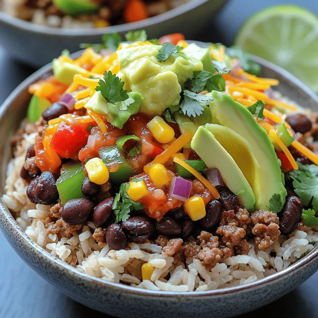 - Ground beef - Brown rice - Black beans - Corn - Bell pepper - Red onion - Garlic The main ingredients for a Ground Beef Burrito Bowl are simple yet full of flavor. Ground beef is the star, providing a rich and hearty base. I prefer using lean ground beef for a healthier option. Brown rice adds a nutty taste and fiber. Black beans offer protein and a creamy texture. Fresh corn brings sweetness, while diced bell pepper and red onion add crunch and color. Don’t forget garlic; it gives a great aroma to the dish. - Chili powder - Ground cumin - Salt and pepper - Cheddar cheese - Avocado - Cilantro - Salsa - Lime juice Seasoning is key for a tasty burrito bowl. Chili powder and ground cumin pack a punch, adding warmth and depth. Salt and pepper enhance all the flavors. Toppings are just as important. Shredded cheddar cheese melts beautifully on warm ingredients. Sliced avocado adds creaminess, while chopped cilantro gives a fresh touch. Don’t skip salsa; it adds tang and spice. A squeeze of lime juice brightens everything up. For the full recipe, check the Beefy Fiesta Burrito Bowl. Cooking the Ground Beef Start by heating a large skillet over medium heat. Add 1 pound of ground beef to the skillet. Use a spatula to break it apart. Cook for 5-7 minutes until it turns brown. If you see extra fat, drain it carefully. This keeps the dish lean and tasty. Sautéing Vegetables Next, add 1 small diced red onion, 1 diced bell pepper, and 2 minced garlic cloves to the beef. Sauté the mixture for 3-4 minutes. You want the veggies to soften and smell great. Mixing in Spices Now, stir in 1 tablespoon of chili powder and 1 teaspoon of ground cumin. Sprinkle in some salt and pepper too. Let the spices cook for 1 more minute. This step makes sure all the flavors blend well. Layering Rice and Beef Mixture Grab your serving bowls. Put 1 cup of cooked brown rice in the bottom of each bowl. Top it with the beef and veggie mix. Make sure to add enough to cover the rice. Adding Cheese and Toppings Sprinkle 1 cup of shredded cheddar cheese over the beef. This adds creaminess. You can also add other toppings like sliced avocado or chopped cilantro at this point. Final Garnishing Finish each bowl with a dollop of salsa and a squeeze of lime juice. These bright flavors make the dish pop. Each person can mix their bowl to enjoy the tasty layers. For the full recipe, check the recipe card above. How to Drain Fat from Ground Beef After cooking the ground beef, you want to remove the fat. To do this, tilt the skillet slightly. Use a spoon to scoop off the fat that gathers on one side. You can also carefully pour the fat out, but be careful not to lose any meat. This keeps your burrito bowl lean and tasty. Ensuring Even Cooking When cooking ground beef, break it into small pieces. This helps it cook evenly. Stir it often while it cooks. This way, every bite will be juicy and flavorful. Suggestions for Extra Seasonings To make your burrito bowl pop, think about adding more spices. Try paprika or cayenne for heat. A dash of oregano can add depth. You can also mix in some taco seasoning for a fun twist. Importance of Fresh Ingredients Using fresh ingredients makes a big difference. Fresh vegetables bring bright flavors. Fresh herbs like cilantro add a burst of taste. They also make your dish look nice, which makes eating more fun. When you use fresh, your meal feels vibrant and exciting. For a full recipe, check out the Beefy Fiesta Burrito Bowl. {{image_4}} You can easily make a vegetarian burrito bowl. Simply replace ground beef with black beans or lentils. Black beans add protein and fiber, making your meal hearty. Lentils are also a great choice; they cook quickly and absorb flavors well. Both options keep the dish filling and tasty. You can customize your burrito bowl with many add-ons. Here are some ideas: - Sour cream - Jalapeños - Fresh tomatoes - Green onions - Diced avocado - Shredded lettuce For sauces, try these: - Hot sauce for a kick - Taco sauce for extra flavor - Salsa for freshness - Guacamole for creaminess These toppings and sauces add layers of flavor and color to your meal. Dive into the Full Recipe to explore all the delicious possibilities! To keep your burrito bowls fresh, you must store them right. First, let the bowls cool down to room temperature. Then, place your leftovers in an airtight container. This helps keep them safe from bacteria and keeps them tasting great. You can store them in the fridge for up to three days. If you want to keep them longer, freezing is a good option. - Best Practices for Refrigerating Burrito Bowls - Use airtight containers to avoid spills and odors. - Label containers with dates to track freshness. - Store all components separately, if possible, to keep textures intact. - Freezing Tips for Longer Storage - Use freezer-safe bags or containers for freezing. - Remove as much air as possible to prevent freezer burn. - Consider portioning meals ahead for easy thawing later. When it’s time to enjoy your leftovers, it’s key to reheat them well. You want them hot but not overcooked. Here are the best methods to reheat your burrito bowls: - Ideal Methods for Reheating Burrito Bowls - Microwave: Place the bowl in the microwave. Heat for 1-2 minutes. Stir halfway through for even heating. - Stovetop: Heat a skillet on medium. Add a splash of water or broth to keep it moist. Stir often until warmed through. - Oven: Preheat the oven to 350°F. Cover the bowl with foil and heat for about 10-15 minutes. Using these tips ensures that your ground beef burrito bowl stays tasty and enjoyable, even as leftovers. How many calories are in a Ground Beef Burrito Bowl? A typical Ground Beef Burrito Bowl has about 600 calories per serving. This can vary based on toppings and portion size. To get a more accurate count, check the specific brands of ingredients you use. Can I use other kinds of meat? Yes, you can use chicken, turkey, or pork instead of ground beef. Each will change the flavor but will still be tasty. You can also try plant-based options like lentils or soy crumbles for a vegetarian bowl. What sides pair well with a Burrito Bowl? Delicious sides for your Burrito Bowl include tortilla chips, guacamole, or a fresh salad. You can also serve it with Mexican street corn for a fun twist. How to make the best beefy burrito bowl? To create the best beefy burrito bowl, use fresh ingredients. Cook the ground beef until brown, then mix in diced veggies and spices. Allow the flavors to blend well. Layer your rice, beef, and toppings for a colorful bowl. What can I substitute for brown rice? You can replace brown rice with quinoa, white rice, or cauliflower rice. Each option offers a unique taste and texture. If you want a low-carb option, cauliflower rice is a great choice. For a full detailed recipe, check the Full Recipe link. In this post, I shared how to make a delicious burrito bowl. We covered key ingredients like ground beef, brown rice, and black beans. You learned the step-by-step process, from cooking meat to adding toppings. Tips on storage and variations made it easier to enjoy later. Try fresh ingredients to boost flavor. Experiment with toppings for a unique twist. With this guide, you’ll craft tasty, satisfying meals that everyone will love. Enjoy your cooking journey!