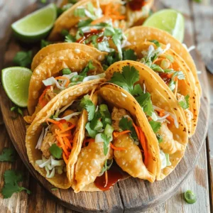 To make chicken wonton tacos, you need fresh and tasty ingredients. Here’s what you will need: - 1 pound ground chicken - 1 tablespoon soy sauce - 1 tablespoon sesame oil - 1 teaspoon fresh ginger, grated - 2 cloves garlic, minced - 1 cup green cabbage, finely shredded - 1/2 cup carrots, finely shredded - 1/4 cup green onions, thinly sliced - 1 tablespoon fresh cilantro, chopped - 24 wonton wrappers - Cooking oil, for frying - Lime wedges, for serving - Sriracha or your preferred hot sauce, for serving These ingredients mix well to create a delicious taco filling. You can add a twist to your tacos with optional ingredients. Here are some ideas: - Bell peppers for extra crunch - Avocado for creaminess - Jalapeños for heat - Ground turkey or beef as a substitute for chicken Feel free to swap any ingredient based on what you have at home. Choosing the right oil is key for frying. I recommend using vegetable oil or canola oil. These oils have a high smoke point, making them perfect for frying. Avoid using olive oil, as it burns too quickly. Make sure to heat the oil until it shimmers. This helps the tacos fry evenly and become crispy. To start, heat one tablespoon of sesame oil in a large skillet over medium heat. Once it’s hot, add one pound of ground chicken. Cook this for about 5 to 7 minutes. Use a spatula to break the chicken into smaller pieces. You want it brown and fully cooked. Next, stir in one tablespoon of soy sauce, one teaspoon of grated ginger, and two minced garlic cloves. Cook for another 2 minutes. This step adds flavor and makes your kitchen smell amazing. Once done, take it off the heat and let it cool a bit. In a large bowl, mix the cooled chicken with one cup of finely shredded green cabbage, half a cup of finely shredded carrots, a quarter cup of thinly sliced green onions, and one tablespoon of chopped cilantro. Toss everything well. This blend gives your filling great texture and freshness. Now it’s time to fill the wonton wrappers. Take one wrapper and place about one tablespoon of the chicken filling in the center. Lightly moisten the edges with water. This helps the taco seal tightly. Fold the wrapper diagonally to create a triangle shape. Press the edges firmly to seal. Make sure there are no gaps. Repeat this process until all your wrappers are filled. You’ll love how these look! For frying, heat cooking oil in a deep skillet. You want about 1/4 inch of oil, heated over medium-high heat. To check if it’s ready, drop a small piece of a wonton wrapper in. If it sizzles, you’re good to go! Carefully add the filled wontons in batches. Fry them for 2 to 3 minutes on each side. You want them to be golden brown and crisp. Once they’re done, transfer them to a plate lined with paper towels. This absorbs any extra oil. Serve your crispy wonton tacos warm. Don’t forget lime wedges for squeezing on top, and some Sriracha or your favorite hot sauce for that extra kick. These tacos are a real treat! For the full recipe, check out the detailed instructions above. To make great wonton tacos, start with quality wrappers. Fresh wonton wrappers work best. If they feel dry, moisten them lightly. This helps the edges seal better. When filling, don’t overstuff. About one tablespoon of filling is perfect. Too much filling can cause the wrapper to break. Crispiness is key for tasty tacos. Heat your oil to the right temperature. Use a small piece of wrapper to test. If it sizzles, the oil is ready. Fry them in small batches. This keeps the oil hot and helps them cook evenly. Once golden, drain them on paper towels. This step removes excess oil and keeps them crispy. For extra flavor, consider adding spices. A pinch of chili powder adds warmth. Experiment with herbs like parsley or basil. You can also mix in lime juice for a zesty kick. Serve with sauces like Sriracha or mango salsa for variety. These additions make each bite more exciting. For the full recipe, check out the [Full Recipe]. {{image_4}} You can easily make these tacos vegetarian or vegan. For a vegetarian option, substitute ground chicken with a mix of mushrooms and tofu. Chop the mushrooms finely and sauté them with soy sauce, garlic, and ginger. For a vegan option, use plant-based chicken or lentils instead. Both options provide great flavor while keeping the texture satisfying. Feel free to get creative with fillings. Try using shrimp, pork, or even beef. You could also mix in some black beans or corn for added texture. For a spicy kick, add jalapeños or bell peppers to the mix. If you want a fresh twist, consider adding diced mango or pineapple. Each filling creates a different taste experience. Serve your wonton tacos with refreshing sides. A simple slaw made from cabbage and carrots pairs well. You might also want to include guacamole or a zesty salsa. Lime wedges add a burst of flavor when squeezed over the tacos. For heat, offer Sriracha or a chili sauce on the side. Check out the Full Recipe for more serving ideas! To keep your chicken wonton tacos fresh, store them in an airtight container. Place a paper towel inside to absorb moisture. This helps maintain crispiness. Keep them in the fridge for up to three days. Make sure to let them cool completely before sealing. Never stack the tacos to avoid sogginess. To reheat your tacos, use an oven or air fryer. Preheat your oven to 350°F (175°C). Place the tacos on a baking sheet. Heat for about 10-15 minutes. This method keeps them crispy and delicious. Avoid using a microwave, as it makes the tacos soft and chewy. For air fryers, set them to 350°F and heat for 5-7 minutes. You can freeze un-fried wonton tacos for later use. Place them in a single layer on a baking sheet and freeze until firm. Then, transfer them to a freezer bag. Make sure to remove as much air as possible. When ready to cook, fry them straight from the freezer. Do not thaw, as this can make them soggy. Fried tacos do not freeze well, so enjoy them fresh! For the full recipe, check out the instructions above. The best way to make wonton tacos is to focus on fresh ingredients. Start with ground chicken. Cook it with soy sauce, garlic, and ginger. This mix gives a rich flavor. Then, add veggies like cabbage and carrots. These add crunch and color. When assembling the tacos, use wonton wrappers. They should be filled with about one tablespoon of the chicken mix. Seal the edges tightly to keep the filling inside. Fry them until golden brown. This step makes them crispy and delicious. Yes, you can bake wonton tacos! Baking is a great way to save on fat. Preheat your oven to 375°F (190°C). Place the filled wonton wrappers on a baking sheet. Brush them lightly with oil. Bake for about 15 minutes, turning halfway. This method results in a lighter taco. However, they may not be as crispy as fried ones. You can customize the filling in many tasty ways! Try using different meats, like pork or shrimp. You can also swap in tofu for a vegetarian option. Add your favorite spices for a flavor boost. Don’t forget about the veggies! Bell peppers, mushrooms, or even zucchini work well. Fresh herbs like basil or mint can add a unique twist. Mix and match until you find your perfect combination. For the full recipe, check out the detailed instructions included above. You learned about making chicken wonton tacos from start to finish. We covered key ingredients, cooking steps, and tips for great flavor. Keep these ideas in mind when you cook, and feel free to try new fillings. Remember to store leftovers properly, so you can enjoy them later. With practice, your wonton tacos will impress everyone. Get creative and make this dish your own. Happy cooking!