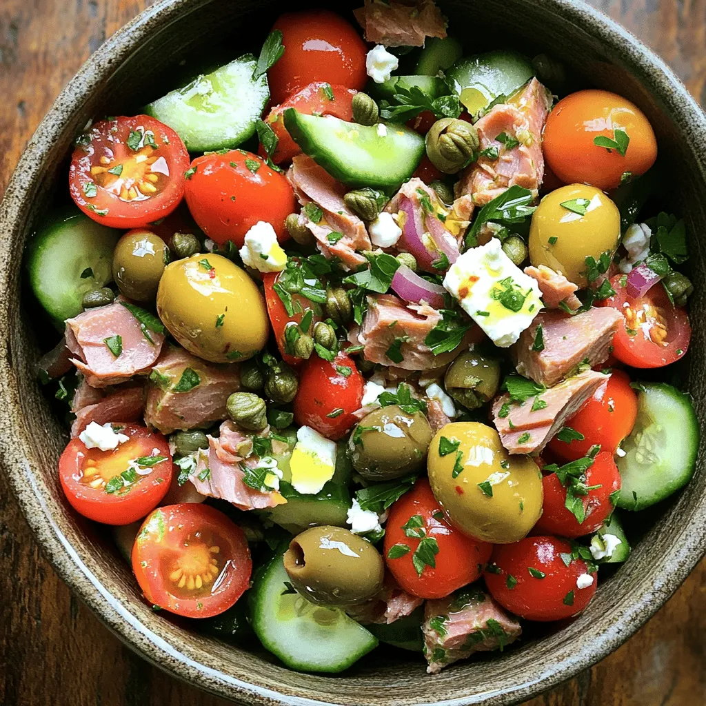 - Tuna (canned in olive oil) - Fresh vegetables (cherry tomatoes, cucumber, red onion) - Kalamata olives and feta cheese - Capers and parsley Let’s dive into the main ingredients. First, I love using tuna canned in olive oil. It adds a rich flavor. Next, fresh vegetables like cherry tomatoes, cucumber, and red onion bring crunch and color. Kalamata olives and feta cheese give the salad a salty kick. I also add capers for a briny taste and parsley for freshness. - Extra virgin olive oil - Fresh lemon juice - Seasonings (salt and pepper) Now, let’s talk about the dressing. I use extra virgin olive oil for its fruity taste. Fresh lemon juice adds brightness. Finally, I season with salt and pepper to enhance all the flavors. - Overview of calorie count and macro breakdown - Health benefits of the primary ingredients This salad is not only tasty but also healthy. On average, one serving has about 300 calories. It’s packed with protein from the tuna. You also get healthy fats from the olive oil and olives. Veggies add fiber and essential vitamins. This meal is great for your heart and helps you feel full. Enjoy this delightful dish while knowing you’re eating well! Combining the salad ingredients Start by gathering your ingredients. In a large mixing bowl, add the drained tuna, halved cherry tomatoes, diced cucumber, finely chopped red onion, halved Kalamata olives, crumbled feta cheese, rinsed capers, and chopped parsley. Use a fork to gently break up the tuna as you mix. This helps blend all the flavors together. Preparing the dressing In a small bowl, whisk together extra virgin olive oil, freshly squeezed lemon juice, salt, and pepper. Mix well until the dressing is smooth and combined. This dressing adds a bright flavor that enhances the salad. Tossing the salad and ensuring even coating Pour the dressing over the tuna mixture. Gently toss everything together until all the ingredients are well coated. Be careful not to break up the feta cheese too much. You want those nice, creamy bites in every scoop. Adjusting seasoning according to taste Take a moment to taste your salad. If you feel it needs more flavor, add more salt, pepper, or lemon juice. This is your chance to make it perfect for you. Importance of allowing flavors to meld Let the salad rest for about 10 minutes at room temperature. This time allows the flavors to blend nicely. It makes a big difference in taste. Optimal time for resting Ten minutes is just right. It’s enough time for the ingredients to soak in the dressing without getting soggy. Enjoy the wait; the result will be worth it! When making Mediterranean tuna salad, the right ingredients matter. For tuna, I recommend using canned tuna packed in olive oil. It adds rich flavor and moisture. Look for brands that source fish sustainably. This choice can enhance taste and support the environment. For olives, choose Kalamata olives. They bring a bold taste that pairs well with tuna. Check for pitted olives to save time. You can find them in jars or from the deli section. When it comes to cheese, feta adds creaminess. Look for blocks of feta rather than crumbled for better texture. Freshness is key, so check the expiration date. For tomatoes and cucumbers, choose ripe options. Ripe cherry tomatoes should feel slightly soft but not mushy. Pick cucumbers that are firm and vibrant green. The flavor will be much better in your salad! To serve your salad, pair it with crusty bread. A nice baguette or pita can soak up the flavors. If you enjoy wine, a crisp white wine complements the dish nicely. For a beautiful display, serve the salad on a large platter. Arrange the ingredients in sections for a colorful look. Garnish with fresh parsley and lemon wedges. This adds a burst of color and invites people to dig in! Balancing flavors is essential for a tasty salad. Start with the dressing. Use a good amount of lemon juice to brighten the dish. The acidity of the lemon pairs well with the rich tuna and feta. Try adding a pinch of red pepper flakes for a touch of heat. This small addition can elevate the whole dish. For garnishes, consider adding capers on top for a salty kick. A few extra parsley leaves will also add a fresh touch. These small details can make your Mediterranean tuna salad stand out. For the full recipe, check the section above. {{image_4}} You can switch up the fish in this salad. Try using salmon or sardines instead of tuna. Both add unique flavors and nutrients. You can also change the cheese. Swap feta for goat cheese or even cheddar. Mix in roasted peppers or artichokes for added taste. Each choice gives the salad a new twist. If you need a gluten-free option, this salad is perfect. Just stick to the fresh ingredients. For a low-carb version, skip the olives or cheese. If you're vegan, use tofu or chickpeas. Both options provide protein and a good texture. This makes the salad filling without meat or dairy. You can adjust the salad based on the seasons. In spring, add fresh herbs like dill or mint. In summer, include sweet corn or snap peas for crunch. Fall is great for roasted squash or pumpkin seeds. Winter calls for hearty greens like kale. These changes keep your salad fresh and exciting all year round. To keep your Mediterranean tuna salad fresh, store it in an airtight container. This helps prevent moisture and air from spoiling it. The salad lasts in the fridge for about 3 days. After that, the ingredients might lose their crunch and flavor. You can freeze this salad, but it’s not ideal. Tuna can change texture when frozen. The olives and vegetables may become mushy. If you still want to freeze it, place it in a freezer-safe container. Label it with the date. Use it within a month for the best taste. To reheat, avoid using a microwave, as it can make the salad soggy. Instead, let it sit at room temperature for about 20 minutes. This helps bring back some texture. If you need warmth, serve it on a plate and warm it gently in a skillet. Add a splash of olive oil to keep it moist. Enjoy your Mediterranean tuna salad as if it were fresh! You can add grains or proteins to make this salad more filling. Here are some tips: - Quinoa: Cooked quinoa adds fiber and protein. - Chickpeas: Canned chickpeas are a great source of protein and easy to add. - Brown rice: This adds bulk and a nutty flavor. - Hard-boiled eggs: Chopped eggs give extra protein and richness. Adding any of these options will keep the salad tasty and healthy. Yes, you can use canned tuna in water. However, there are some flavor differences. Tuna in olive oil is richer and has a distinct taste. It also adds healthy fats. Tuna in water is lighter and lower in calories. If you choose water-packed tuna, consider adding more olive oil in the dressing for flavor. Yes, this salad is great for meal prep. Here are some guidelines: - Make in advance: You can prepare the salad a day before. - Store in the fridge: Keep it in an airtight container. - Add dressing later: Wait to add the dressing until just before eating. This helps keep the salad fresh. Following these tips will keep your Mediterranean tuna salad tasty and ready to enjoy throughout the week. Mediterranean tuna salad brings together fresh flavors and healthy ingredients. We covered essential ingredients like tuna, fresh veggies, olives, and feta. The simple dressing of olive oil and lemon juice elevates the dish. Nutritional insights showed its health benefits and low calories. Consider trying different fish or veggie options for variety. This salad is perfect for meal prep and offers great storage tips. Trust me, you’ll love how easy it is to make a dish that tastes fantastic and nourishes your body. Enjoy every bite!