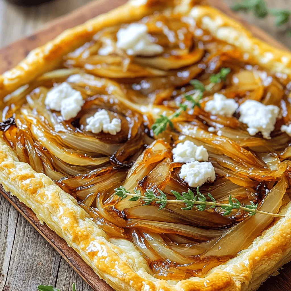 - 1 sheet of puff pastry, thawed - 4 large onions, thinly sliced - 2 tablespoons olive oil - 2 tablespoons unsalted butter - 2 tablespoons brown sugar - 1 teaspoon fresh thyme leaves (or 1/2 teaspoon dried thyme) - 1/2 cup goat cheese, crumbled - Salt and pepper to taste - 1 egg, beaten (for egg wash) To make a great caramelized onion tart, use fresh ingredients. Choose onions that are firm and heavy. Sweet onions, like Vidalia or Walla Walla, work best. They offer a lovely sweetness when caramelized. For the puff pastry, I suggest buying pre-made sheets. It saves time and gives a nice flaky texture. Goat cheese adds a rich creaminess. However, feel free to swap it with feta or cheddar if you prefer. When making a larger tart, you can double the recipe. For a smaller one, halve the amounts. This makes it easy to adjust for your needs. To make the tart gluten-free, use gluten-free puff pastry. Most stores offer this option now. Ensure all other ingredients are gluten-free as well. The best places to buy fresh ingredients are local farmers' markets. They often have seasonal onions and herbs. Grocery stores also work, but check for freshness. Quality matters in flavor. Fresh onions bring out the sweetness in the tart. Good cheese adds a nice richness. Always choose quality over price for the best results. To begin, preheat your oven to 400°F (200°C). This step is crucial for a perfect bake. While the oven warms up, prepare your onions. Take 4 large onions and slice them thinly. This ensures even cooking and caramelization. Next, you will cook the onions. In a large skillet, combine 2 tablespoons of olive oil and 2 tablespoons of unsalted butter. Heat this over medium heat until the butter melts. Add the sliced onions and a pinch of salt. Cook for about 15 minutes. Stir occasionally. The onions should become soft and translucent. Now, it’s time to caramelize. Sprinkle 2 tablespoons of brown sugar and 1 teaspoon of fresh thyme leaves over the onions. Continue to cook for another 15-20 minutes. Stir occasionally to prevent burning. The onions should turn a rich, deep caramel color. This step is key. It develops flavor and sweetness. Once done, remove the skillet from heat and let the mixture cool slightly. Prepare your puff pastry next. Roll out 1 sheet of thawed puff pastry on a floured surface. Make it large enough for your tart pan. Press the pastry into the greased pan. Trim any excess pastry from the edges for a neat finish. Now, assemble the tart. Spread the caramelized onion mixture evenly over the puff pastry. Crumble 1/2 cup of goat cheese over the top. This adds a creamy texture and rich taste. For a golden crust, apply a beaten egg wash around the pastry edges. This step is simple but important. It helps the pastry brown nicely. Finally, place your tart in the preheated oven. Bake for 25-30 minutes. The pastry should puff up and turn a lovely golden brown. Once baked, let it cool slightly before slicing into wedges. Always taste and adjust seasoning with more salt and pepper if needed. For the complete process, refer to the Full Recipe. To get rich flavor in your caramelized onion tart, focus on a slow cook. Start with medium heat. If the heat is too high, the onions can burn. Stir them often, every few minutes. This helps cook them evenly. Aim for a soft, golden color. This process usually takes 30 to 40 minutes. Avoid common mistakes like cooking too fast or not using enough fat. Olive oil and butter together give the best taste. Don't rush the sugar addition; wait until the onions are soft. If they are not soft enough, they won’t caramelize well. To make your tart look amazing, serve it warm. Place it on a nice platter. Use fresh thyme sprigs to garnish. This adds color and freshness. A drizzle of balsamic reduction can enhance the look too. It adds a shiny finish and a tasty contrast. You can also cut the tart into small squares for a fun appetizer. Arrange them on a wooden board for a rustic feel. This makes sharing easy and adds to the charm. For side dishes, a simple salad with vinaigrette works well. The tart’s richness pairs great with crisp greens. You can also serve it with roasted vegetables for added flavor. For drinks, a light white wine like Sauvignon Blanc is perfect. It balances the tart's sweetness. If you prefer non-alcoholic, try sparkling water with a slice of lemon. This keeps things refreshing and light. For the full recipe, check out the Caramelized Onion Delight Tart. {{image_4}} You can change the taste of your caramelized onion tart easily. Adding new herbs and spices can bring fresh flavors. Try using rosemary, dill, or even a pinch of nutmeg to add warmth. You can also mix in vegetables like bell peppers or mushrooms for extra texture and taste. These small changes can make a big difference. If you want to switch up the cheese, there are plenty of options. Instead of goat cheese, try feta or ricotta for a different creaminess. For a dairy-free option, look for plant-based cheeses made from nuts or soy. These swaps keep your tart tasty while catering to different diets. While puff pastry is classic, you can use other crusts too. A whole grain crust adds a nutty flavor. You can even make your own tart crust using flour, butter, and water. This can be a fun way to personalize your tart. Just make sure to roll it out thin for a crisp bite. Explore these variations to find your favorite twist on the classic caramelized onion tart. For more detailed steps, check the Full Recipe. Store leftover caramelized onion tart in an airtight container. This keeps it fresh and tasty. Place the tart in the fridge within two hours of baking. If you store it before baking, wrap the unbaked tart in plastic wrap. This helps preserve its texture until you are ready to bake. To freeze tart slices, wrap each slice in plastic wrap. Then, place them in a freezer-safe bag. This prevents freezer burn and keeps the flavor. When you're ready to eat, thaw the slices in the fridge overnight. Reheat in the oven for about 10-15 minutes at 350°F (175°C) for the best texture. The caramelized onion tart stays fresh in the fridge for about 3-4 days. If stored properly in the freezer, it can last up to 2 months. Signs of spoilage include an off-smell or mold. Always check before eating. For the full recipe, visit the designated section. You will know the onions are ready when they turn a deep brown color. They should be soft and sweet. Stir them often to avoid burning. It usually takes about 30-40 minutes to reach this stage. Yes, you can prepare the tart ahead of time. You can caramelize the onions and assemble the tart. Then, cover it and store it in the fridge. Bake it just before serving for the best results. If you do not have goat cheese, try using feta or ricotta cheese. These cheeses add creaminess and flavor. For a dairy-free option, use cashew cheese or a vegan cream cheese alternative. Yes, you can make this tart vegan easily. Use a vegan puff pastry for the crust. Substitute the goat cheese with a plant-based cheese. Instead of the egg wash, brush the crust with a little almond milk for color. In this post, we explored how to create a delicious tart. We covered ingredients like puff pastry, various cheeses, and preparation steps. You learned how to convert measurements for different quantities and create a gluten-free option. We also shared tips for caramelizing onions, assembling, and baking your tart. Remember, using fresh, quality ingredients enhances flavor. Stay creative with variations and enjoy your culinary journey!