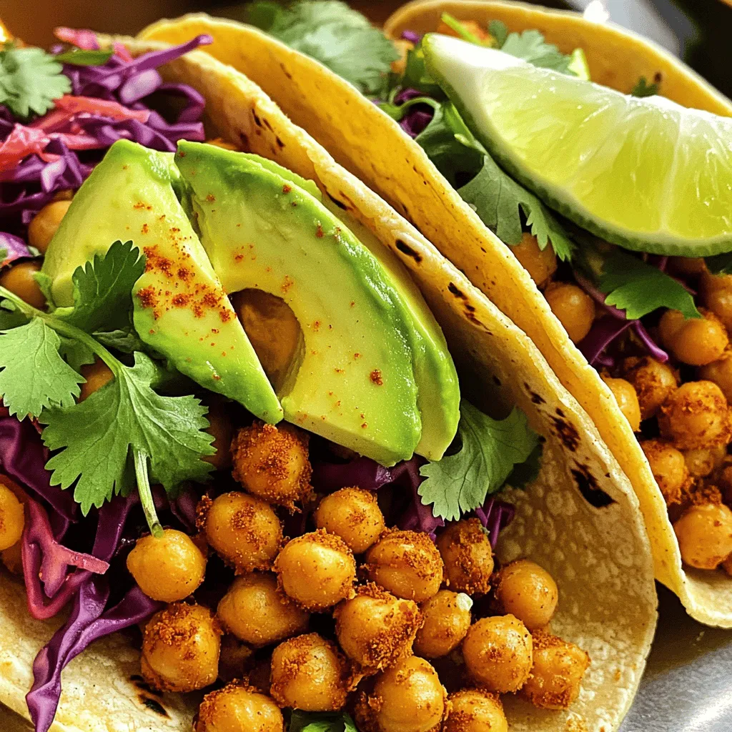 - 1 can chickpeas (15 oz) - 2 tablespoons extra virgin olive oil - Spices: ground cumin, smoked paprika, chili powder, cayenne pepper - Tortillas and toppings: corn tortillas, avocado, red cabbage, cilantro, lime Chickpeas are the star of this dish. They add protein and fiber. They soak up spices well, making them tasty and filling. The olive oil helps crisp them up nicely. Use fresh spices for the best flavor. Ground cumin gives warmth, while smoked paprika adds depth. Chili powder and cayenne bring heat, so adjust them to your taste. Corn tortillas are soft and perfect for wrapping. They bring a nice corn flavor to the meal. I love adding fresh avocado for creaminess. Red cabbage gives a nice crunch and color. Cilantro adds freshness. Finally, a squeeze of lime brightens every bite. - Additional toppings: sour cream, jalapeños, cheese - Suggested spices for variation If you want to mix it up, try adding sour cream for creaminess. Jalapeños can add heat, while cheese gives a rich, salty flavor. You can also switch spices. Try adding garlic powder or coriander for a new twist. These choices let you customize your tacos based on your taste. For the full recipe, check out the links provided. Start by heating 2 tablespoons of extra virgin olive oil in a medium skillet over medium heat. You want the oil to shimmer but not smoke. Next, add 1 can of drained chickpeas to the skillet. Sprinkle in 1 teaspoon of ground cumin, 1 teaspoon of smoked paprika, 1/2 teaspoon of chili powder, and 1/4 teaspoon of cayenne pepper. Feel free to adjust the cayenne for your spice level. Add salt and black pepper to taste. Cook the chickpeas for about 5 to 7 minutes. Stir occasionally to get a crispy texture on the outside. While the chickpeas cook, it’s time to warm the corn tortillas. You can warm them in a dry skillet over low heat. Alternatively, place them in the microwave for about 30 seconds. This keeps the tortillas pliable and soft, making them easier to fold. Now comes the fun part—assembling your tacos! Take a warm tortilla and add a generous spoonful of the spiced chickpeas to the center. Layer on sliced avocado and a handful of shredded red cabbage. Finish with a sprinkle of chopped cilantro for a fresh touch. Just before serving, squeeze a wedge of lime over the top. This adds a burst of flavor that makes the tacos shine. Enjoy your spicy chickpea tacos warm for the best taste! For the full recipe, check out the details above. To make the best filling, balance your spices. Start with ground cumin and smoked paprika. These add warmth and depth. Then, sprinkle in chili powder for more spice. Adjust the cayenne pepper to control the heat. Taste as you go to find your perfect mix. For texture, cook the chickpeas until they are slightly crispy. Heat the olive oil well before adding them. Stir occasionally, and let them enjoy the heat for about 5 to 7 minutes. This way, you get a satisfying crunch. Avoid tearing tortillas by warming them gently. Use a dry skillet on low heat. This keeps them soft and pliable. If you prefer, microwave them for about 30 seconds. A damp paper towel helps keep them moist. If corn tortillas aren’t your thing, consider flour tortillas or lettuce wraps. Both hold the filling well and add unique flavors. Garnish your tacos to make them pop. Add fresh cilantro and lime wedges for color and zest. A sprinkle of red cabbage adds crunch and a vibrant look. For a complete meal, serve with a side of rice or beans. This way, you create a filling and balanced dish. Enjoy your colorful, spicy chickpea tacos with friends and family! {{image_4}} You can change the flavor of your spicy chickpea tacos easily. Try adding different spices like garlic powder or onion powder for depth. You can also experiment with sauces. A drizzle of hot sauce or a tangy salsa adds a nice kick. If you're looking for vegan taco options, switch up the toppings. Use cashew cream instead of sour cream. This keeps your dish creamy while staying plant-based. Feel free to swap out the chickpeas for other legumes. Black beans or lentils work well too. They bring a different taste and texture. You can also add seasonal vegetables like zucchini or bell peppers for freshness. These ingredients not only enhance flavor but also keep your tacos colorful and healthy. If you want to mix it up, consider taco bowls or salads. Serve the spiced chickpeas over rice or quinoa for a hearty meal. You can also pair your tacos with side dishes like refried beans or a fresh corn salad. These add variety and make your meal even more satisfying. For the full recipe, check out the earlier section. To keep your delicious spicy chickpea tacos fresh, store the leftovers in separate containers. Place the cooked chickpeas in an airtight container. They can stay fresh for about three days in the fridge. For the tortillas, wrap them in foil or place them in a zip-top bag. This keeps them from drying out. Store toppings like avocado and cabbage in separate containers too. Use them within one day for the best taste. When you're ready to enjoy your leftovers, reheating is simple. For the chickpeas, use a skillet over medium heat. Heat them for about 5 minutes until they are warm. Stir occasionally to avoid burning. For tortillas, warm them in a dry skillet for about 30 seconds on each side. You can also microwave them for 15-20 seconds. This makes them soft and easy to fold. You can freeze cooked chickpeas if you have extras. Place them in a freezer-safe bag and remove excess air. They can stay in the freezer for up to three months. However, I do not recommend freezing the tortillas or toppings. They don't thaw well and may lose their texture. When you want to eat the frozen chickpeas, thaw them overnight in the fridge for the best results. You can make spicy chickpea tacos in just a few steps. First, heat olive oil in a skillet. Then, add drained chickpeas and spices. Cook until they get crispy. While the chickpeas cook, warm your corn tortillas. Assemble by placing chickpeas in the tortilla, then add avocado, cabbage, and cilantro. Squeeze lime juice on top for extra flavor. This is a simple yet tasty meal. For the full recipe, check out the complete guide. If you want to swap chickpeas, try black beans, lentils, or tofu. Each option gives a different taste and texture. Black beans are creamy and rich. Lentils are hearty and cook quickly. Tofu can absorb flavors well and adds protein. Choose what you like best! Yes, spicy chickpea tacos are vegan. The ingredients include chickpeas, vegetables, and spices. There are no animal products in this recipe. It’s a great choice for plant-based diets! To reduce the heat, cut back on cayenne pepper. You can also add more avocado or cabbage. These ingredients help balance the spice. Another trick is to serve with a dollop of sour cream or yogurt. This cools down the flavors nicely. Enjoy your tacos just the way you like them! In this blog post, we explored how to make tasty chickpea tacos. We covered main and optional ingredients, step-by-step instructions, and valuable tips. You learned to prepare crispy chickpeas and warm tortillas. We also discussed flavor variations and serving suggestions. These tacos are easy to customize and a great meal choice. Experiment with spices and ingredients to match your taste. Enjoy the cooking process and the satisfying results.