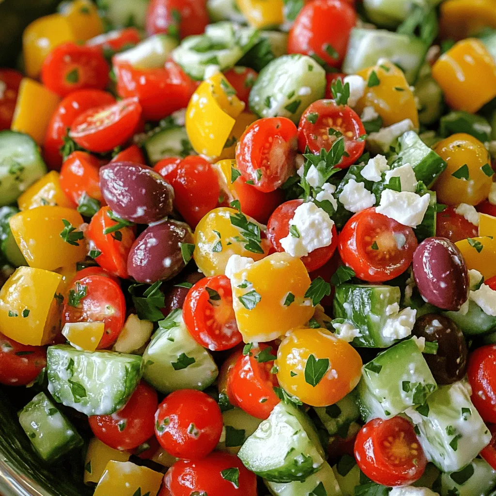 - 2 cups cherry tomatoes, halved - 1 firm cucumber, diced - 1 red bell pepper, diced - 1 yellow bell pepper, diced - 1 cup kalamata olives, pitted and halved - 1/2 medium red onion, finely chopped - 1 cup feta cheese, crumbled - 1/2 cup thick Greek yogurt - 2 tablespoons extra virgin olive oil - 1 tablespoon red wine vinegar - 1 teaspoon dried oregano - Salt and freshly ground black pepper to taste - Fresh parsley, chopped, for garnish For this creamy Greek salad, I focus on fresh vegetables. Cherry tomatoes bring sweetness, while cucumbers add crunch. The red and yellow bell peppers give vibrant color and a mild taste. Next, I add essential salad components. Kalamata olives provide a briny flavor. Red onion adds a sharp bite, and crumbled feta cheese gives creaminess. Now, let’s talk about the creamy dressing. Thick Greek yogurt forms the base. It makes the dressing rich and smooth. I mix it with olive oil for healthy fats, red wine vinegar for tang, and dried oregano for a touch of earthiness. A sprinkle of salt and pepper completes the flavor. Mix all these ingredients together to create a vibrant and delightful salad. You can find the full recipe at [Full Recipe]. Enjoy making this fresh and flavorful dish! Start by gathering your fresh vegetables. In a large mixing bowl, combine: - 2 cups cherry tomatoes, halved - 1 firm cucumber, diced - 1 red bell pepper, diced - 1 yellow bell pepper, diced - 1 cup kalamata olives, pitted and halved - 1/2 medium red onion, finely chopped Gently toss these ingredients together. This helps ensure that each bite bursts with flavor. In a separate bowl, whisk together: - 1/2 cup thick Greek yogurt - 2 tablespoons extra virgin olive oil - 1 tablespoon red wine vinegar - 1 teaspoon dried oregano - Salt and freshly ground black pepper to taste Mix until smooth. This creamy dressing is what makes the salad shine. Now, drizzle the creamy dressing over the salad mixture. Use a spatula to fold in: - 1 cup feta cheese, crumbled Be gentle when folding. This keeps the feta intact and adds a lovely touch. Taste the salad and adjust the seasoning if needed. Let it rest for about 10 minutes. This allows the flavors to blend beautifully. For the final touch, sprinkle fresh parsley on top before serving. Enjoy this creamy Greek salad as a fresh, tasty delight from the Full Recipe! To make your creamy Greek salad shine, let it rest before serving. This short wait helps the flavors blend well. I suggest resting it for at least 10 minutes. Taste the salad and adjust the seasoning as needed. A pinch more of salt or pepper can make a big difference. Serve your salad in a lovely bowl or a big platter. This adds a nice touch to your meal. Just before serving, drizzle some extra virgin olive oil on top. It not only looks great but also adds more flavor. Always use fresh ingredients. They make all the difference in taste and texture. I recommend choosing organic vegetables when you can. They often have better flavor and are healthier for you. Fresh and high-quality ingredients set the stage for a truly delightful dish. For the full recipe, check out the complete instructions for this creamy Mediterranean delight salad. {{image_4}} You can easily boost the taste of your creamy Greek salad. Try adding avocado for a rich, creamy texture. The soft avocado pairs well with the crunch of fresh veggies. It also adds healthy fats that make the salad more filling. Another great add-in is chickpeas. They offer a nice protein boost and make your salad more hearty. Just toss in a cup of drained and rinsed chickpeas. They add a pleasant chewiness and blend well with the other flavors. If you're looking for a change, you can switch up the dressing. Instead of Greek yogurt, use sour cream. This gives a tangy taste that many love. It can also make the dressing a bit thicker. For a zestier twist, swap out red wine vinegar for fresh lemon juice. The lemon adds a bright flavor that wakes up the salad. Just squeeze half a lemon into your dressing for a fresh kick. You can easily adapt this salad to fit different diets. If you're vegan, try using tofu feta. It has a similar taste and texture to traditional feta. This way, you can enjoy the same creamy goodness without dairy. You can also use a dairy-free yogurt alternative in the dressing. Options like almond or coconut yogurt work well. Just make sure to choose one that is unsweetened. This keeps the salad balanced and delicious. For the full recipe, check out the full recipe section. After enjoying this creamy Greek salad, store any leftovers in an airtight container. Place it in the fridge to keep it fresh. For the best taste, eat your salad within 1-2 days. The veggies stay crisp and tasty when consumed soon. Freezing this salad isn't ideal. Freezing changes the texture of the vegetables. Instead, if you want to keep it longer, make the creamy dressing separately. You can store the dressing in the fridge for a week. This way, you can enjoy fresh salad anytime! You do not need to reheat this salad. It tastes best cold and refreshing. Just grab a fork and dig in! Enjoy the crunchy veggies and creamy dressing straight from the fridge. To make a Creamy Greek Salad from scratch, follow these simple steps: 1. Prepare the Vegetables: Start by halving 2 cups of cherry tomatoes and dicing 1 cucumber, 1 red bell pepper, and 1 yellow bell pepper. 2. Mix Ingredients: Place these vegetables in a large bowl. Add 1 cup of pitted and halved kalamata olives and 1/2 finely chopped red onion. Toss gently to mix. 3. Make the Dressing: In a small bowl, whisk together 1/2 cup of thick Greek yogurt, 2 tablespoons of extra virgin olive oil, 1 tablespoon of red wine vinegar, 1 teaspoon of dried oregano, salt, and black pepper until smooth. 4. Combine: Drizzle the dressing over the salad. Toss everything together until coated. 5. Add Feta: Lastly, fold in 1 cup of crumbled feta cheese gently. 6. Rest: Let it sit for 10 minutes to blend flavors, then add chopped fresh parsley before serving. Yes, you can use different vegetables in Greek Salad. Here are some suggestions: - Zucchini: Diced zucchini adds a nice crunch. - Radishes: Thinly sliced radishes give a peppery taste. - Carrots: Shredded carrots add sweetness and color. - Spinach or Arugula: These greens can add a fresh touch. Feel free to mix and match based on what you enjoy! The best dressing for Greek Salad is creamy and tangy. Here are some types: - Greek Yogurt Dressing: This adds creaminess and is made with yogurt, olive oil, and vinegar. - Lemon Vinaigrette: A mix of lemon juice and olive oil can brighten the flavors. - Feta Dressing: Blending feta cheese into the dressing gives a rich flavor. Each dressing brings its unique taste, enhancing the salad. Yes, a Creamy Greek Salad is healthy! Here’s a breakdown of its benefits: - Low in Calories: It contains fresh vegetables that are low in calories. - Rich in Nutrients: Ingredients like tomatoes and cucumbers are packed with vitamins. - Good Fats: Olive oil adds healthy fats that support heart health. - Protein: Feta cheese provides protein, helping you feel full. This salad is a great choice for a healthy meal! You can serve Creamy Greek Salad with many dishes. Here are some ideas: - Grilled Chicken: The salad pairs well with juicy grilled chicken. - Pita Bread: Serve warm pita bread to soak up the dressing. - Quinoa: A side of quinoa adds more protein and fiber. - Seafood: Grilled shrimp or fish complements the fresh flavors. These options create a well-rounded meal. Enjoy! This blog post showed you how to create a tasty Creamy Greek Salad using fresh veggies, olives, and feta. You learned to prepare a creamy dressing that ties it all together. Remember to explore variations and tips to make it your own. Fresh ingredients make a big difference. Enjoy storing leftovers for a quick meal later. This salad is perfect for healthy eating and sharing with friends. Now, go make your salad and savor the flavors you created!