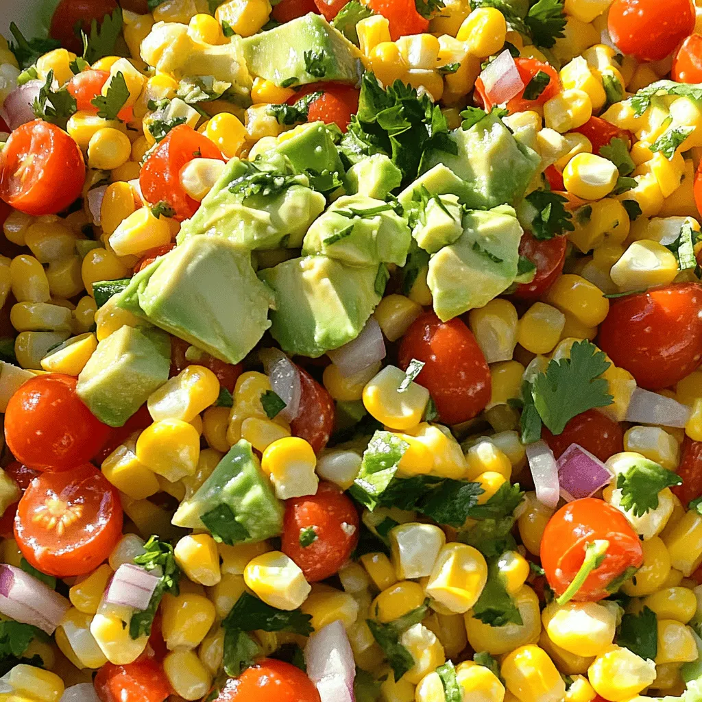 For this corn salad, you can use fresh corn or canned corn. Fresh corn gives a sweet crunch. I like to use 4 cups of fresh sweet corn kernels. If fresh corn is not an option, two cans of corn work well too. Just drain and rinse them before use. Fresh corn is more flavorful, but canned corn is quick and easy. This salad shines with colorful veggies. I add 1 cup of diced red bell pepper for sweetness. Cherry tomatoes bring a nice pop, so I use 1 cup, halved. A half cup of finely chopped red onion adds a bit of bite. For freshness, I include 1/4 cup of chopped cilantro. Lastly, a ripe avocado makes the salad creamy and rich. Dicing it gently is key to keeping it intact. A great dressing brings the salad together. I squeeze 1/4 cup of fresh lime juice for brightness. Two tablespoons of extra virgin olive oil add richness. I mix in 1 teaspoon of ground cumin for a warm spice. Don’t forget to season with salt and cracked black pepper to taste. This dressing is simple but delivers big flavor. For the full recipe, check out the Sunny Fiesta Corn Salad details! If you choose fresh corn, start by boiling water. Use a big pot and bring it to a rolling boil. Add 4 cups of corn kernels. Cook them for 3 to 5 minutes. The corn should be tender but still crisp. After cooking, drain the corn and let it cool down. If you use canned corn, just open the cans. Drain and rinse the corn under cold water. Set it aside while you prepare the other ingredients. In a large mixing bowl, combine the cooled corn with the other veggies. Add 1 cup of diced red bell pepper, 1 cup of halved cherry tomatoes, and 1/2 cup of finely chopped red onion. Toss gently until all the ingredients mix well. Next, add 1 diced avocado and 1/4 cup of chopped cilantro. Be careful with the avocado. You want to keep it whole, not mushy. For the dressing, grab a small bowl. Whisk together 1/4 cup of fresh lime juice, 2 tablespoons of extra virgin olive oil, and 1 teaspoon of ground cumin. Add a pinch of salt and black pepper to taste. Mix until the dressing looks smooth and well blended. Pour the dressing over the mixed salad. Toss everything gently to coat all the ingredients. Make sure each piece gets some dressing. After that, taste the salad. You may want to add more salt, pepper, or lime juice. Let the salad sit for at least 15 minutes. This rest time lets all the flavors mix nicely. For the full recipe, refer to the details above. When you pick corn, look for bright green husks. They should feel plump and firm. The kernels should be tightly packed and slightly milky. A quick squeeze can help check for sweetness. Fresh corn is best for a tasty salad. If you can’t find fresh corn, canned corn works well too. Just be sure to rinse it well before using. Corn salad tastes best at room temperature. Let it sit for about 15 minutes before serving. This rest time helps the flavors mix together. If you chill it too long, the taste can dull. Serve it in a colorful bowl to make it look inviting. You can make the salad even tastier with a few simple tricks. Add more fresh herbs like parsley or mint for extra zest. A dash of hot sauce can give it a spicy kick. For a smoky flavor, try adding grilled corn or smoked paprika. Adjust the lime juice to balance the flavors. Remember, tasting is key! {{image_4}} To make a tasty Mexican corn salad, I add a few fun ingredients. Start with the base of sweet corn, like in my Sunny Fiesta Corn Salad. Then, include diced jalapeños for a kick. Add crumbled queso fresco for creaminess. Toss in some black beans for protein and fiber. The lime dressing works great here too! It brightens the flavors and makes the salad even better. Grilling corn brings out a sweet, smoky flavor. To try this, grill fresh corn on the cob until it chars slightly. Cut the kernels off the cob once they cool. Mix these with the other salad ingredients. The grill adds a whole new taste to your corn salad. You’ll love the depth it brings! There are many ways to make your corn salad unique. You can add diced cucumber for crunch or sweet mango for a tropical twist. Chopped green onions add a nice bite, and a sprinkle of chili powder gives heat. Experiment with spices too; smoked paprika can add richness. These fun additions keep your salad exciting and fresh. For the full recipe, check out the Sunny Fiesta Corn Salad! After enjoying your sunny fiesta corn salad, you may have some leftovers. Keep them in the fridge for up to three days. To keep the salad fresh, store the avocado and dressing separately. The avocado can turn brown, so it needs special care. You can sprinkle lime juice on the avocado to help it stay bright. This way, your salad stays tasty for later. Choose airtight containers for the best results. Glass containers work great because they don’t stain and keep odors away. If you use plastic, look for BPA-free options. Make sure the lid seals tightly. This helps keep the salad fresh and prevents it from drying out. Remember to label your containers with the date to track freshness. Corn salad is best served cold. If you want to warm it up, do so gently. Place the salad in a pan on low heat. Stir it slowly to avoid cooking the veggies. You can also let it sit at room temperature for a few minutes before serving. This way, you can enjoy all the flavors without losing the fresh crunch. For the full recipe, check out the Sunny Fiesta Corn Salad section. Corn salad can last about 3 to 5 days in the fridge. Store it in an airtight container. After that, the flavors may fade. The fresh ingredients might spoil or become soggy. Always check for any signs of spoilage before eating. Yes, you can make corn salad ahead of time. It tastes better after sitting for a bit. This resting time lets the flavors mix well. Prepare it a few hours in advance for the best taste. Just add the avocado right before serving to keep it fresh. You can add many proteins to corn salad. Grilled chicken works great for a hearty dish. Shrimp is another tasty option. For a vegetarian choice, try black beans or chickpeas. These proteins make the salad more filling and nutritious. This blog post covered how to make a tasty corn salad from scratch. We compared fresh corn to canned corn and discussed adding extra veggies and herbs. You learned step-by-step how to cook corn, mix ingredients, and create a flavorful dressing. Remember the tips for selecting corn and serving temperature. Explore variations like Mexican corn salad or grilled versions. Store leftovers properly in the right containers to keep them fresh. Enjoy your corn salad today and impress others with your skills!