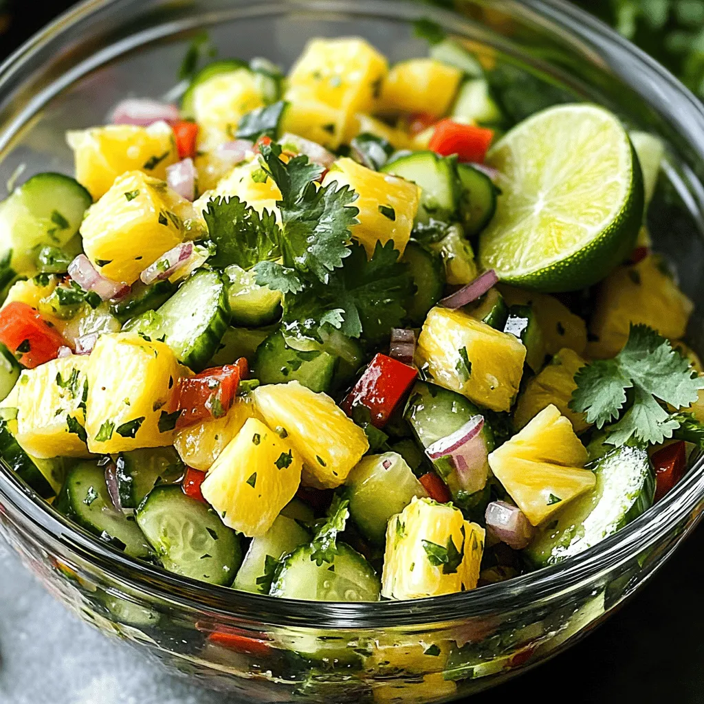 - 2 cups fresh pineapple, diced into bite-sized pieces - 1 large cucumber, thinly sliced into half-moons - 1/2 red bell pepper, diced into small cubes - 1/4 red onion, finely chopped - 1/4 cup fresh cilantro, roughly chopped - 2 tablespoons fresh lime juice (about 1 lime) - 1 tablespoon honey or agave syrup for sweetness - 1/2 teaspoon fine salt - 1/4 teaspoon freshly ground black pepper - 1/4 teaspoon chili flakes (optional, for a hint of heat) This recipe serves four. You can easily adjust the amounts. For instance, if you need a smaller salad, use one cup of pineapple and half a cucumber. If you want more heat, add more chili flakes. For a sweeter taste, increase the honey or agave. You can also swap cucumber for zucchini. Each serving of Pineapple Cucumber Salad provides about: - Calories: 100 - Protein: 1g - Total Fat: 0.5g - Carbohydrates: 25g - Fiber: 2g - Sugar: 10g This salad is low in calories and high in vitamins. Pineapple offers vitamin C, while cucumber adds hydration. Enjoy this fresh and tasty dish guilt-free. For the full recipe, check the details above. Start by gathering your fresh ingredients. You will need pineapple, cucumber, red bell pepper, red onion, and cilantro. Dice the pineapple into small, bite-sized pieces. Thinly slice the cucumber into half-moons. Cut the red bell pepper into small cubes. Finely chop the red onion. Roughly chop the cilantro. Keep everything close to your mixing bowl for easy access. In a spacious mixing bowl, add the diced pineapple, sliced cucumber, bell pepper cubes, and chopped onion. Gently toss these ingredients together. Make sure to mix them well so that every piece is included. This blends the flavors and makes each bite tasty. Next, grab a small bowl to prepare the dressing. Whisk together the fresh lime juice, honey or agave syrup, fine salt, black pepper, and chili flakes if you like some heat. Mix until the honey dissolves fully. This dressing adds a sweet and zesty flavor that brightens the salad. Now, drizzle the dressing over the pineapple mixture in the large bowl. Use a large spoon to toss everything gently. Ensure all the ingredients are nicely coated with the dressing. After tossing, fold in the chopped cilantro. Give it another gentle toss to mix the herbs evenly. Let the salad rest for about 10 minutes at room temperature. This resting time allows the flavors to blend beautifully. Serve it chilled or at room temperature for the best taste. Enjoy this fresh and flavorful Pineapple Cucumber Salad! For the full recipe, check out the details above. To make your pineapple cucumber salad pop, focus on fresh ingredients. Use ripe pineapple for sweetness. A juicy cucumber adds crunch. Adding lime juice brightens the flavors. Honey or agave syrup gives a nice touch of sweetness. I often sprinkle a little chili for warmth, but you can skip it if you prefer mild flavors. Make your salad look great! Use a clear bowl to show off the colors. You can also serve it in small cups for a fun touch. Add extra cilantro leaves on top for a fresh look. A lime wedge on the side brightens the plate. These simple changes can make your dish look fancy and inviting. This salad is easy to change for different diets. For a vegan option, stick with agave syrup. If you want more protein, add grilled chicken, shrimp, or tofu. You can also swap the honey for maple syrup. For low-sodium needs, use less salt or a salt substitute. Everyone can enjoy this salad with a few tweaks! Feel free to try these tips when making your dish. Explore the [Full Recipe] for more ideas! {{image_4}} You can add protein to your pineapple cucumber salad for a heartier meal. Chicken works well, especially grilled or roasted. Shrimp adds a light touch and cooks quickly. Tofu is a great choice for a plant-based option. Simply cube your choice and mix it in when you combine the salad. This addition makes the salad filling and boosts its nutrition. While lime and honey create a bright dressing, you can explore other flavors. A sesame vinaigrette adds a nutty taste that pairs well with the salad. You might also try a spicy mango sauce for a fruity twist. Just mix your chosen dressing in the same way as the original. Don’t be afraid to experiment until you find your favorite! Changing the ingredients with the seasons can keep the salad fresh. In summer, add juicy tomatoes for extra color and flavor. In fall, consider diced apples or pears for a sweet crunch. Using seasonal produce not only enhances taste but also supports local farms. This approach keeps your salad exciting and full of variety throughout the year. For the full recipe, check out the Tropical Refreshment: Pineapple Cucumber Salad. To store leftover Pineapple Cucumber Salad, place it in an airtight container. Make sure to remove as much air as possible. This helps keep the salad fresh longer. You can keep it in the fridge for up to three days. If you see any discoloration or mushiness, it’s best to toss it out. For the best taste, eat the salad within the first 24 hours. The longer it sits, the more the ingredients lose their crunch. I recommend keeping the dressing separate. Add it just before serving. This keeps everything fresh and crisp. Use a clean spoon every time you serve to avoid bacteria. Freezing this salad isn't ideal. The texture of cucumber and pineapple changes when frozen. If you must freeze it, consider only freezing the pineapple. Cut the cucumber and store it fresh. When you thaw it, use it in smoothies or other dishes. If you freeze the salad, consume it within a month. Always thaw in the fridge, not at room temperature. This keeps bacteria at bay. You can keep Pineapple Cucumber Salad in the fridge for up to three days. Store it in an airtight container to keep it fresh. After a day, the cucumber may lose some crunch. This is normal but still tasty! Yes, you can make Pineapple Cucumber Salad ahead of time. I suggest preparing it a few hours before serving. It allows the flavors to mix well. Just remember to keep it in the fridge until you are ready to serve. You can serve this salad in many ways. Here are some ideas: - Serve it as a side dish with grilled meats. - Use it as a topping for tacos or burritos. - Pair it with chips for a fresh dip option. - Enjoy it alone for a light lunch. Absolutely! Pineapple Cucumber Salad is great for meal prep. It is easy to pack in lunch boxes. Just keep the dressing separate until you are ready to eat. This keeps the salad fresh and crisp. For the full recipe, check out the Tropical Refreshment: Pineapple Cucumber Salad section! You learned how to make a delicious Pineapple Cucumber Salad in this post. We covered all the ingredients, their measurements, and how to mix them properly. You now know tips for flavor and presentation. You can customize the salad to fit various diets and enjoy different variations. This salad is tasty, fresh, and easy to store. I hope you feel ready to try it. Enjoy this refreshing dish all year round!