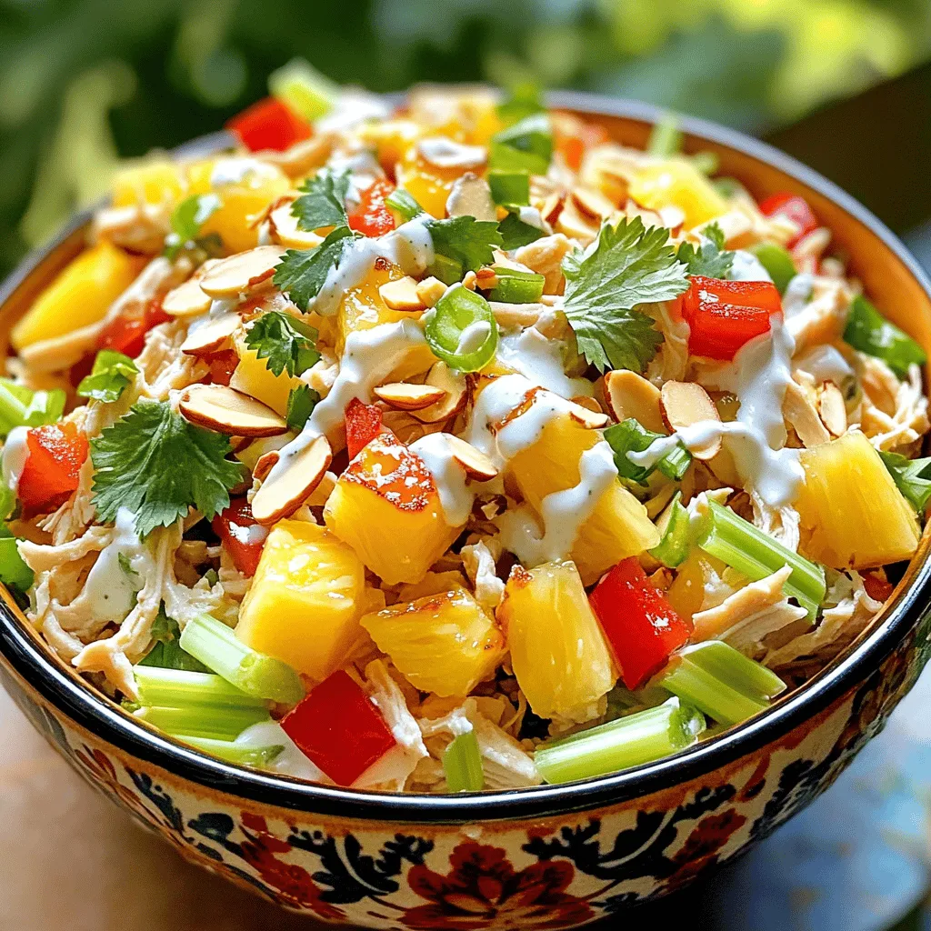When making Hawaiian chicken salad, fresh and vibrant ingredients are key. Here’s what you need: - 2 cups cooked chicken breast, shredded - 1 cup pineapple chunks (preferably fresh for optimal flavor) - 1/2 cup red bell pepper, diced into small pieces - 1/2 cup celery, finely diced - 1/4 cup green onion, chopped (white and green parts) - 1/4 cup sliced almonds or chopped macadamia nuts for an extra tropical essence - 1 cup Greek yogurt (or mayonnaise for a richer texture) - 2 tablespoons honey (for sweetness) - 1 tablespoon freshly squeezed lime juice - Salt and freshly ground black pepper, to taste - Fresh cilantro leaves for a vibrant garnish These ingredients blend well to create a salad that bursts with flavor. I always recommend using fresh pineapple. It adds a juicy sweetness that canned versions can't match. The crunch from the bell pepper and celery balances the tender chicken. The nuts give a delightful crunch, making each bite fun. You can mix and match the toppings to suit your taste. For the dressing, Greek yogurt adds creaminess without too many calories. Honey brings a subtle sweetness that pairs perfectly with lime juice’s tartness. This mix coats the salad beautifully. If you want to try a tropical twist, use macadamia nuts instead of almonds. They give a rich flavor that complements the salad well. For the full recipe, check out the detailed cooking instructions! 1. Mixing the ingredients Start by taking a large bowl. Add 2 cups of cooked chicken breast, shredded. Then, toss in 1 cup of pineapple chunks, 1/2 cup of diced red bell pepper, 1/2 cup of finely diced celery, and 1/4 cup of chopped green onion. If you want a nutty flavor, add 1/4 cup of sliced almonds or macadamia nuts. Stir everything together gently so that it mixes evenly. 2. Preparing the dressing In another small bowl, place 1 cup of Greek yogurt or mayonnaise if you prefer a richer taste. Add 2 tablespoons of honey for a touch of sweetness. Squeeze in 1 tablespoon of freshly squeezed lime juice. Season with a pinch of salt and pepper. Whisk this mixture until smooth and well combined. Make sure the honey mixes in well. 3. Combining everything Pour the yogurt dressing over the chicken mixture. Use a spatula to fold it in gently. Make sure every piece of chicken and fruit gets coated with the creamy dressing. This step is key for flavor. 4. Chilling the salad Taste the salad to see if it needs more salt or pepper. Adjust if needed. Once satisfied, cover the bowl with plastic wrap or a lid. Place it in the fridge for at least 30 minutes. This chilling step helps the flavors blend well and makes the salad even tastier. 5. Serving suggestions When you're ready to serve, give the salad a gentle toss to mix it again. You can serve it on a bed of mixed greens for a fresh look. Another fun idea is to wrap it in large lettuce leaves or tortillas for a tasty handheld treat. Don’t forget to add a sprinkle of fresh cilantro leaves on top for a nice finish. This full recipe for Aloha Tropical Chicken Salad is sure to impress your family and friends. Enjoy every bite! - Using fresh ingredients: Fresh items make your salad taste great. Choose ripe pineapple, crisp bell peppers, and tender chicken. Fresh ingredients brighten the dish and add flavor. - Adjusting flavors: Taste your salad as you make it. You can add more lime juice or honey if you want it sweeter or tangier. Don’t be afraid to adjust to your liking. - Presentation ideas: Serve your salad on a bed of greens for color. You can also wrap it in lettuce leaves or tortillas. Garnish with fresh cilantro for a beautiful touch. - Over-mixing the salad: Be gentle when mixing. Over-mixing can make your chicken and veggies mushy. You want each piece to stay intact for a nice bite. - Using canned pineapple versus fresh: Canned pineapple can taste too sweet and syrupy. Fresh pineapple gives a bright taste and better texture. Always opt for fresh if you can. - Skipping the chilling step: Chilling the salad is key. It helps the flavors blend well. If you skip this, your salad might not taste as good. Plan to chill it for at least 30 minutes before serving. {{image_4}} You can make Hawaiian chicken salad even more fun by adding new flavors. One great twist is to include fruits like mango or grapes. These fruits add a sweet touch and bring bright colors to the dish. If you love a crunch, try different nuts. Sliced almonds or chopped macadamia nuts work well. You can also use walnuts or pecans for a different taste. Another way to change the salad is by using alternative dressings. You might swap Greek yogurt for a zesty vinaigrette or a creamy ranch. Each dressing gives the salad a unique flavor. You can even mix in spices like curry or chili powder to make it more exciting. If you need gluten-free options, this salad is easy to adapt. All the ingredients are naturally gluten-free. Just be sure to check labels on any packaged items. For those who want dairy-free alternatives, you can replace Greek yogurt with coconut yogurt. This keeps the salad creamy while adding a hint of coconut. Low-calorie modifications are simple too. Use less honey or cut down on the nuts. You can also replace the chicken with shredded tofu for a lighter meal. These options let you enjoy Hawaiian chicken salad while sticking to your diet. To keep your Hawaiian chicken salad fresh, store it in an airtight container. Place it in the fridge right after serving. This method helps retain flavor and texture. If you want to freeze it, use a freezer-safe container. Make sure to leave some space for expansion. I recommend freezing it for up to three months. When you're ready to eat, thaw it overnight in the fridge. In the fridge, your Hawaiian chicken salad lasts about three to four days. Always check for signs of spoilage before eating. Look for changes in color, texture, or smell. If it smells sour or looks slimy, it is best to toss it. Safe food practices ensure you enjoy this tasty dish without worry. How long can Hawaiian chicken salad be kept in the fridge? Hawaiian chicken salad can last up to three days in the fridge. Make sure to store it in a sealed container. The flavors will blend better after chilling, but keep an eye on it to avoid spoilage. Can I use canned chicken for this recipe? Yes, you can use canned chicken for this recipe. It saves time and still tastes good. Just drain the chicken well and shred it before mixing it into your salad. What can I serve with Hawaiian chicken salad? You can serve Hawaiian chicken salad on a bed of greens or in lettuce wraps. It also pairs well with rice, quinoa, or fresh fruit. For a crunch, add crackers or tortilla chips on the side. Enjoy the full recipe for more ideas! This blog post shared a complete guide to making a tasty Hawaiian chicken salad. We looked at the main ingredients and how to mix them for the best flavor. I offered tips to avoid common mistakes and suggested fun variations. Remember to chill your salad for better taste. Use fresh ingredients to make it shine. Always store leftovers properly to enjoy later. With these easy steps, you can create a dish that impresses your friends and family every time. Enjoy making your salad!