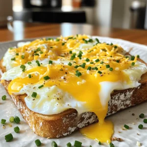 - 4 slices of whole grain bread - 4 large eggs - 1 cup shredded cheddar cheese - 1 tablespoon softened butter - 1/2 teaspoon garlic powder - 1/2 teaspoon onion powder - Salt and pepper to taste - Fresh chives, finely chopped (optional) To make Air Fryer Egg and Cheese Toast, you need a few key ingredients. Whole grain bread is great for this dish, as it adds texture and flavor. Large eggs are essential since they create a rich, tasty topping. Shredded cheddar cheese melts beautifully, adding a creamy finish to each bite. A little softened butter helps the bread crisp up nicely in the air fryer. For seasonings, garlic powder and onion powder boost the taste of the eggs. Salt and pepper are a must to enhance all the flavors. If you want a pop of freshness, add fresh chives as a garnish. This simple mix of ingredients makes a satisfying meal that you can enjoy at any time of day. For the complete recipe, check out the Full Recipe. - Preheat the air fryer to 350°F (175°C). - Butter one side of each slice of bread. - Place the buttered bread in the air fryer basket, butter side down. - Crack one egg onto each slice of bread. Be gentle with the yolks. - Sprinkle garlic powder, onion powder, salt, and pepper on the eggs. - Top each egg with shredded cheddar cheese for that melty goodness. - Air fry the toast for about 8-10 minutes. - Check at 8 minutes to see how runny you like the yolks. - Use tongs to carefully take the toast out when it's done. - For extra flavor, add finely chopped chives as a garnish. This meal is quick, simple, and oh-so-delicious! For the full recipe, click here: [Full Recipe]. To get that ideal crispiness, start by buttering your bread right. Use softened butter, and spread it evenly. This ensures every bite is golden. Set your air fryer to 350°F (175°C). This temperature works best for toasting bread while cooking the eggs. Cracking eggs may seem easy, but it can be tricky. Tap the egg on the edge of a bowl, then gently pull it apart. This helps keep the yolk intact. For flavor, sprinkle salt and pepper on the eggs. You can also mix in garlic and onion powder for extra taste. For a complete meal, serve your Egg and Cheese Toast with fruit or a simple salad. A glass of fresh juice or coffee pairs well, too. If you want to spice things up, add hot sauce or avocado on the side. Enjoy your creation! {{image_4}} You can switch up the cheese for more flavor. Here are some great options: - Mozzarella - Pepper jack - Feta - Gouda You can also add toppings for extra taste and texture. Some tasty ideas include: - Crispy bacon - Sautéed spinach - Diced tomatoes - Avocado slices If you need a gluten-free option, use gluten-free bread. This keeps the meal tasty and safe for all. Other bread types to try are: - Sourdough - Rye - Bagels - English muffins Want to spice things up? Add hot sauce or jalapeños for a kick. You can also use fresh herbs to enhance the flavor. Try: - Basil - Thyme - Oregano These changes make your Air Fryer Egg and Cheese Toast even more exciting. Each bite can be a new experience! For more ideas, check out the Full Recipe. To store leftover Air Fryer Egg and Cheese Toast, let it cool. Place the toast in an airtight container. Keep it in the fridge. It stays fresh for about 2-3 days. If you want to keep it longer, consider freezing it. The best way to reheat this toast is in the air fryer. Set the air fryer to 350°F (175°C). Heat for about 3-5 minutes. This keeps the toast crispy and the egg warm. You can also use a microwave, but it may make the toast soggy. If you want to freeze your toast, do it after cooking. Cool the toast completely first. Wrap each piece tightly in plastic wrap, then in foil. This prevents freezer burn. To thaw, remove it from the freezer the night before. Let it sit in the fridge overnight before reheating. Cooking Air Fryer Egg and Cheese Toast takes about 8 to 10 minutes. Set your air fryer to 350°F (175°C). After 8 minutes, check how firm the egg yolks are. Adjust the time based on your taste. Some like runny yolks, while others prefer them firm. Yes, you can use many types of cheese! Cheddar is a great choice, but feel free to try mozzarella, gouda, or pepper jack. Each cheese brings its own unique flavor. Mix and match to find your favorite combo. Absolutely! This dish is already vegetarian. Use the listed ingredients, and you can enjoy it without meat. You can even add veggies like spinach, tomatoes, or mushrooms for more flavor and nutrition. If your air fryer lacks a preheat function, no worries! Just set it to 350°F (175°C) and run it for about 3-5 minutes before adding your toast. This step helps achieve that crispy texture you want. For the full recipe, check the Egg-cellent Air Fryer Egg and Cheese Toast! Air Fryer Egg and Cheese Toast combines simple ingredients and easy steps. Start with whole grain bread, eggs, and cheese for a tasty meal. Use seasonings, butter the bread, and cook in the air fryer to get that crisp perfection. Remember, you can make this dish your own with variations, like adding different cheeses or spices. Store leftovers properly and reheat for the best taste. Experimenting with flavors keeps it fun and rewarding every time you make it. Enjoy your cooking!
