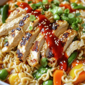 - 2 boneless, skinless chicken breasts - 2 tablespoons sriracha sauce - 1 tablespoon soy sauce - 1 tablespoon sesame oil - 4 cups chicken broth - 2 packs of instant ramen noodles (discard seasoning packets) - 1 cup mixed vegetables (such as carrots, bell peppers, and snow peas) - 4 cloves garlic, minced - 1/2 cup heavy cream - 2 green onions, thinly sliced (for garnish) - Sesame seeds (for garnish) - Salt and freshly ground black pepper to taste The main ingredients are simple but packed with flavor. The chicken breasts provide protein, while sriracha adds heat. Soy sauce and sesame oil deepen the taste. Chicken broth serves as the base for the soup. Instant ramen noodles make this dish quick and easy. Mixed vegetables add color and crunch. Garlic gives a nice aroma, and heavy cream creates a rich sauce. Green onions and sesame seeds add a finishing touch. - Mixing bowl - Skillet - Large pot - Small saucepan - Chopping board For this recipe, you will need a few tools. A mixing bowl helps to combine the chicken and sauces. A skillet is perfect for cooking the chicken. A large pot is essential for the broth. A small saucepan works well for the creamy garlic sauce. A chopping board makes slicing simple and safe. This recipe is easy to follow and fun to make. You will enjoy the process as much as the result. For the full recipe, check out the instructions provided. - In a bowl, mix chicken breasts with sriracha sauce, soy sauce, sesame oil, and a pinch of salt and pepper. - Make sure the chicken is well-coated in the mix. - Cover the bowl and refrigerate it for at least 30 minutes. - Heat a large skillet over medium heat until hot. - Add the marinated chicken breasts to the skillet. - Sear the chicken for about 6-7 minutes on each side. Cook until golden brown and fully cooked. - Transfer the chicken to a cutting board and let it rest for 5 minutes. - After resting, slice the chicken into strips. - In a large pot, bring the chicken broth to a boil over medium-high heat. - Once it boils, add the mixed vegetables to the pot. - Reduce the heat to medium-low and simmer for 3-4 minutes until the veggies are tender. - Add the instant ramen noodles to the simmering broth. - Cook the noodles according to the package instructions, about 3-4 minutes. - Make sure the noodles are tender but slightly firm, or al dente. - In a small saucepan, add minced garlic over low heat. - Sauté the garlic for about 1 minute, just until it smells great. - Pour in the heavy cream and let it simmer gently. - Cook for 3-4 minutes, stirring occasionally, until the sauce thickens. - Season the sauce with salt and freshly ground black pepper to taste. - In serving bowls, divide the cooked ramen noodles and mixed vegetables. - Top each bowl with sliced chicken. - Drizzle the creamy garlic sauce over the chicken and noodles. - Make sure each bowl gets a good amount of sauce. - Before serving, sprinkle sliced green onions and sesame seeds over each bowl for a fresh touch. For the full recipe, refer to the instructions provided earlier. Enjoy your fiery chicken ramen with creamy garlic sauce! To get a great sear on your chicken, start with a hot skillet. Heat it on medium-high for a few minutes. When you add the chicken, don’t crowd the pan. This helps it brown well. Cook each side for about 6-7 minutes. Let it rest after cooking, then slice it. The resting time keeps the chicken juicy. For marination, aim for at least 30 minutes. Longer is better. If you can, let the chicken sit for up to 2 hours. This gives the meat time to soak in those tasty flavors. To ensure your ramen noodles are al dente, follow the package instructions closely. Usually, this means cooking them for 3-4 minutes. Keep an eye on them. You want them tender, but still firm enough to hold their shape. When you adjust broth flavors, taste as you go. If it needs more salt, add a pinch. For a richer taste, try adding a splash of soy sauce. This can make a big difference in flavor. For creamy garlic sauce consistency, watch the heat. Keep it low while you sauté the garlic. This prevents burning and gives a nice flavor. Let the sauce simmer for 3-4 minutes to thicken it. Stir it often for the best results. To enhance flavors with spices, think about adding a pinch of red pepper flakes or fresh herbs. This can elevate your creamy garlic sauce. It adds a nice kick and depth to the dish. {{image_4}} You can change the protein in this dish to fit your taste. Here are some ideas: - Tofu: Use firm tofu for a plant-based option. Press it to remove excess water, then cut it into cubes. Sauté until golden for a tasty bite. - Pork: Thinly sliced pork tenderloin works great here. Marinate it like the chicken and cook it until tender. - Beef: Choose flank steak or sirloin. Slice it thinly and sear it quickly for a rich flavor. You can customize your ramen by mixing in different vegetables. Here’s how: - Customizing with seasonal vegetables: Fresh veggies like bok choy, mushrooms, or spinach bring great taste. Choose what’s in season for the best flavor. - Using frozen mixed vegetables: Frozen veggies are quick and easy. Just toss them in frozen; they will cook in the broth. Adjust the flavor to make this dish your own. Here are some suggestions: - Adjusting spiciness: If you love heat, add more sriracha. For less spice, use less or switch to a milder sauce. - Adding herbs or spices: Fresh herbs like cilantro or basil add a fresh twist. You can also sprinkle in some sesame seeds for extra crunch. Try these variations to find your perfect bowl of fiery chicken ramen with creamy garlic sauce! For the full recipe, check out the original recipe card. To keep your fiery chicken ramen fresh, store it in airtight containers. This helps to keep moisture out and flavors in. When stored properly, it can last for up to three days in the fridge. Always let the ramen cool before sealing it up. This prevents condensation and helps keep the noodles from getting soggy. You can freeze cooked ramen dishes, but be aware of texture changes. Portion the ramen into freezer-safe bags or containers. Remove as much air as possible before sealing. It can last for up to three months in the freezer. When you're ready to enjoy, thaw it in the fridge overnight. To reheat, place the ramen in a pot over medium heat. Add a splash of chicken broth or water to help revive the noodles. Stir gently until it's heated through. This method helps to keep the ramen tasty and enjoyable. For full details, check the Full Recipe. Yes, you can use whole wheat ramen noodles. They offer more fiber than regular noodles. This makes your meal healthier. The flavor is slightly nuttier but still works well in this recipe. Whole wheat noodles can add a nice texture, making your ramen even more satisfying. If you want a dairy-free option, try coconut milk or cashew cream. Both give a creamy texture without dairy. You can use almond milk with cornstarch for a lighter option. Just remember, these will change the flavor a bit, but they still taste great in this dish. To reduce the heat, use less sriracha sauce. You can start with one teaspoon instead of two tablespoons. Another option is to substitute with a milder sauce, like teriyaki. This way, you keep the flavor without the heat. To recap, this post covered a delicious ramen recipe featuring chicken, Sriracha, and a creamy garlic sauce. I shared tips for perfecting the chicken and noodles, plus variations to suit your taste. Remember, customization is key; feel free to swap proteins and veggies. Proper storage extends the life of your dish, allowing you to enjoy it longer. With these steps, you'll create a fantastic meal that’s simple and satisfying. Dive into your cooking adventure, and enjoy every bite!