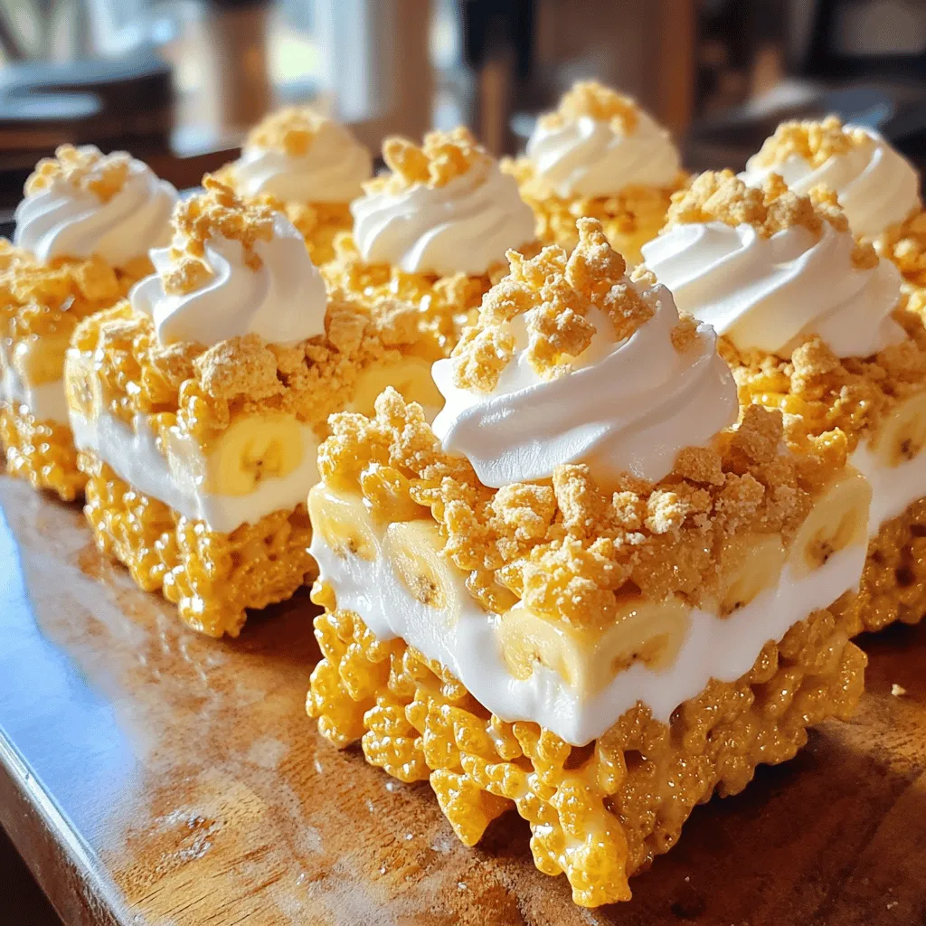 - 6 cups Rice Krispies cereal - 1 cup mini marshmallows - 1/2 cup unsalted butter To make these treats, you need Rice Krispies, mini marshmallows, and unsalted butter. The Rice Krispies add crunch, while marshmallows bring sweetness and softness. The butter binds everything together. - 1 cup banana pudding mix (powder) - 1/2 cup cold milk - 1 teaspoon vanilla extract Next, we add the flavor. A cup of banana pudding mix gives that classic taste. You also need cold milk to blend it all. The vanilla extract enhances the flavor, making it even better. - 1 cup ripe bananas, sliced - 1/2 cup whipped cream (optional) - Crushed graham crackers (for garnish) Finally, toppings can make it special. Sliced bananas add freshness. Whipped cream adds creaminess but is optional. Crushed graham crackers give a nice crunch on top. For the full recipe, check out the details above. To start, melt the butter in a large saucepan over low heat. Stir it gently until it is fully liquid. Once the butter is melted, add the mini marshmallows. Keep stirring until the marshmallows melt completely. This will create a smooth and creamy mixture that is the base for our treats. Next, take the melted mixture off the heat. Mix in the banana pudding powder, cold milk, and vanilla extract. Stir well until everything is combined and smooth. Gradually fold in the Rice Krispies cereal. Make sure each piece is well coated with the marshmallow mix. Then, gently add the sliced bananas. Fold them in carefully to keep them intact and avoid mashing. Now, prepare a 9x13-inch baking pan. Lightly grease it with butter or use cooking spray. This will help the treats come out easily. Pour the Rice Krispies mixture into the greased pan. Use a spatula to press it down evenly. Once compact, let the treats cool at room temperature for about 30 minutes. After they set, cut them into squares. If you want, top each square with whipped cream and crushed graham crackers for extra flavor. For the full recipe, check the details above. To get the best texture in your Banana Pudding Rice Krispie Treats, fold the mixture carefully. This helps keep the banana slices intact and adds to the fun. When adding Rice Krispies, use a gentle folding motion. This way, you avoid crushing the cereal. After mixing, compress the mixture firmly in the pan. A well-compressed treat holds together better and makes each bite satisfying. You can boost flavor by adding spices like cinnamon or nutmeg. A little sprinkle can make a big difference. Consider using flavored extracts too. Almond or banana extract can add unique notes to your treats. Just a drop or two will work wonders! To make your treats look extra special, arrange the squares on a decorative platter. This adds a nice touch when serving. For garnish, slice some extra bananas and place them on top. A light drizzle of caramel sauce also looks great and adds sweetness. These small steps make your treats not just tasty but beautiful too! {{image_4}} You can make these treats even more exciting by adding chocolate. Simply mix in chocolate chips or cocoa powder into the melted marshmallow mix. If you choose cocoa powder, start with 1/4 cup. This will give a rich, chocolatey flavor that blends well with the banana. Chocolate and banana are a classic combo, adding depth to your treats. For a crunchier texture, add chopped nuts. Walnuts or pecans work well in this recipe. Just fold in about 1/2 cup of your favorite nuts when you add the Rice Krispies. This adds a delightful crunch and a nutty flavor. Plus, nuts provide healthy fats and protein, making your snack even better! If you need a gluten-free option, you can easily swap out the standard Rice Krispies. Look for gluten-free Rice Krispies to ensure you can enjoy this treat without worry. You can also customize the toppings. Use gluten-free whipped cream or skip it altogether. Just be sure to check labels on all ingredients to keep everything safe and tasty. For the full recipe, check out the [Full Recipe]. To keep your Banana Pudding Rice Krispie Treats fresh, store them in an airtight container. This helps prevent them from getting hard or stale. They taste best when you eat them within 3 to 5 days. If you want to save them longer, freezing is a great option. To freeze your treats, first cut them into squares. Wrap each square in plastic wrap. Place the wrapped treats in a freezer-safe bag or container. Make sure to remove as much air as possible. When you're ready to enjoy them, take them out and let them thaw at room temperature. This method helps keep the texture soft and delicious. Enjoy your treats later with the same great taste as when you made them! Yes, you can use instant banana pudding mix. Instant pudding mixes dissolve quickly. They create a creamy texture that blends well with the Rice Krispies. This pudding type adds a rich banana flavor. However, it may make the treats softer. If you prefer a firmer texture, cook the pudding first. Then, let it cool before adding it to the mix. These treats can last about 3 to 5 days. Store them in an airtight container. Look for signs of spoilage like hardening or an off smell. If they start to dry out, you can try adding a slice of bread in the container. This helps keep them soft and fresh. Yes, you can use other cereals! Try Cornflakes or Cheerios for a fun twist. Each cereal adds a different crunch and flavor. Just keep the same amount as Rice Krispies. You can also mix different cereals for variety. This way, you get a fun mix of textures. Absolutely! This recipe is already egg-free. You can enjoy it without worrying about eggs. If you want to make it vegan, use dairy-free butter and milk. This way, you still enjoy creamy banana pudding flavor. Check the labels to ensure your ingredients are vegan-friendly. For the full recipe, click [Full Recipe]. To make tasty Banana Pudding Rice Krispie Treats, I shared simple steps. You need key ingredients like Rice Krispies, butter, and banana pudding mix. Mixing them well creates a delicious snack. For extra fun, try chocolate or nuts. Remember, careful folding keeps the banana shape. Store treats properly for the best taste. With these tips, you can impress anyone with your tasty treats! Enjoy every bite and share your creations with friends!