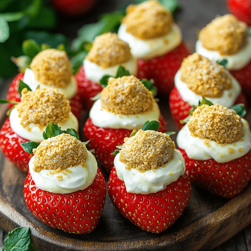 To make Cheesecake Deviled Strawberries, gather these simple and fresh ingredients: - 12 large, ripe strawberries - 4 oz cream cheese, softened at room temperature - 1/4 cup powdered sugar - 1 teaspoon pure vanilla extract - 1/4 cup Greek yogurt (or full-fat sour cream) - 1 tablespoon fresh lemon juice - 1 tablespoon graham cracker crumbs for garnish - Fresh mint leaves for garnish These ingredients work together to create a delightful, creamy filling that perfectly complements the sweet strawberries. When choosing strawberries, look for ones that are bright red and firm. This ensures your treat tastes fresh and sweet. The cream cheese adds richness, while the yogurt keeps it light. Each ingredient serves a purpose, making this dessert a hit at any gathering. You can find the full recipe for Cheesecake Deviled Strawberries in the section above. - Rinse strawberries and pat dry. - Remove leafy tops and scoop out centers. First, I wash the strawberries. I use cold water to rinse them well. After rinsing, I gently pat them dry with paper towels. This step is key to keep them firm and fresh. Next, I slice off the leafy tops. I want a flat surface for filling. Using a small knife, I scoop out a bit of the center. This creates a small cup, perfect for holding the cheesecake filling. Careful not to break the sides, I make sure to leave enough fruit around the edges. - Combine ingredients in a mixing bowl. - Beat mixture until smooth and creamy. Now, I move on to the filling. In a medium mixing bowl, I combine the cream cheese, powdered sugar, vanilla extract, Greek yogurt, and lemon juice. These flavors mix well together. I grab my electric mixer and beat the mixture for about 2 to 3 minutes. The goal is to achieve a smooth and creamy texture. It should look rich and inviting, just like traditional cheesecake. - Use piping bag or spoon to fill strawberries. - Top with graham cracker crumbs and mint leaves. Next, it’s time to fill the strawberries. I either use a piping bag or a small spoon for this part. I carefully fill each hollowed-out strawberry with the cheesecake mixture. I aim for a dollop effect to make them look pretty. Once filled, I sprinkle graham cracker crumbs on top. This adds a delightful crunch that reminds me of cheesecake crust. Lastly, I add a fresh mint leaf on each one. This adds a nice aroma and color. After filling, I arrange the strawberries on a platter. I pop them in the fridge for about 30 minutes. This chilling time helps the flavors blend. For the full recipe, check the [Full Recipe]. To make the best cheesecake filling, start with soft cream cheese. This helps it mix smoothly. If it’s cold, it will be lumpy. Let it sit out for about 30 minutes before you start. Also, taste your filling as you mix. You can adjust the sweetness with more powdered sugar or less, depending on your liking. Make your Cheesecake Deviled Strawberries pop on the plate. Arrange them in a colorful way. You can group similar colors or alternate them for contrast. For an extra touch, add edible flowers. They look lovely and add a gourmet feel to your dish. Chill your filled strawberries for at least 30 minutes. This helps the flavors blend well. It also makes them cool and refreshing. You can serve them at parties, picnics, or even as a fun dessert at home. For an elegant touch, serve them on a nice platter with mint leaves around. {{image_4}} You can have fun with Cheesecake Deviled Strawberries! Consider adding a drizzle of chocolate or caramel on top. This sweet touch adds depth and makes each bite even better. You can also try different fruit toppings. Think blueberries or raspberries for a pop of color and flavor. Each fruit brings its own taste and joy to the strawberries. If you need gluten-free options, you can skip the graham cracker crumbs or use gluten-free ones. This way, everyone can enjoy them. For vegan alternatives, try using plant-based cream cheese. It gives a creamy texture without dairy. Your guests will love these choices, and you can cater to all diets. Pair these strawberries with other desserts. A scoop of vanilla ice cream complements their flavor nicely. You can also use them at themed parties. Think summer picnics or birthday celebrations. They are bright and fun, making them a hit with guests. Feel free to get creative with your serving ideas! For the full recipe, click [Full Recipe]. To store filled strawberries, place them in a single layer in an airtight container. This keeps them fresh. If you stack them, the filling might spill out. Keep them in the fridge for up to two days. To maintain their taste, eat them sooner rather than later. You can freeze cheesecake filling. However, filled strawberries do not freeze well. The texture changes when thawed. If you want to freeze the filling, spoon it into an airtight container. It will last for up to one month. When ready to use, thaw it in the fridge overnight. Filled strawberries last about two days in the fridge. After that, they may spoil. Look for signs like a soft or mushy texture. If they smell sour, it’s time to toss them. Always check before you eat. Enjoy your Cheesecake Deviled Strawberries for the best flavor and freshness. For the full recipe, refer back to the earlier sections. Yes, you can make these strawberries a few hours ahead. Just keep them in the fridge. This helps the flavors blend well. You want them chilled when serving. If you don't have Greek yogurt, use full-fat sour cream. It gives a creamy texture and similar taste. Both options work well for this dessert. To reduce sweetness, cut back on powdered sugar. Start with half the amount and taste. You can also use less cream cheese for a lighter flavor. Yes, Cheesecake Deviled Strawberries are gluten-free. Just ensure the graham cracker crumbs are gluten-free too. Many brands offer gluten-free options for everyone to enjoy. These strawberries shine at parties, picnics, and holidays. Serve them at birthdays or family gatherings. They also make a fun treat for Valentine's Day or anniversaries. Using frozen strawberries is not ideal. They can become too mushy when thawed. Fresh strawberries give the best texture and flavor for this dish. For the full recipe, check out the detailed instructions above. You learned how to make delicious cheesecake deviled strawberries. We covered the simple ingredients and step-by-step instructions. You can create variations to fit your taste and dietary needs. Remember to store any leftovers properly for the best flavor. These treats are fun for parties and easy to share. Enjoy making them and impressing your family and friends!